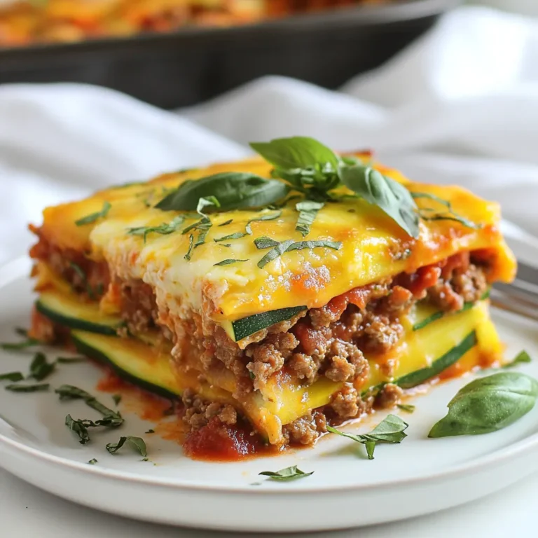 - 1 large zucchini, sliced thinly - 1 pound ground beef or ground turkey - 1 cup ricotta cheese - 1 cup mozzarella cheese, shredded - 1 cup marinara sauce (sugar-free) The main ingredients for Keto Lasagna Casserole create a tasty dish. Zucchini acts as a noodle replacement. It adds a fresh taste and keeps carbs low. Ground beef or turkey gives the dish protein and heartiness. I usually use beef, but turkey works great too. Ricotta cheese brings creaminess, while mozzarella gives that melty goodness we love. Sugar-free marinara sauce adds flavor without extra carbs. - 1 teaspoon garlic powder - 1 teaspoon onion powder - 1 tablespoon Italian seasoning - Salt and pepper to taste - Fresh basil leaves for garnish Seasonings enhance the flavors in this casserole. Garlic powder and onion powder add depth and warmth. Italian seasoning brings a blend of herbs that feels like Italy. Salt and pepper are key to balance all the flavors. I like to finish with fresh basil leaves. They add a bright touch and look lovely on top. - Each serving has about 25 grams of protein. - Total carbs are around 8 grams, with net carbs at about 5 grams. This dish is great for low-carb diets. You get filling, tasty food without many carbs. Each serving gives you a good amount of protein. This makes it a smart meal for anyone on a keto plan. The balance of flavors and low carbs makes this casserole a winner in my kitchen! {{ingredient_image_1}} - Preparing zucchini slices: Start by slicing one large zucchini thinly. You want them about a quarter-inch thick. This helps them cook well without getting too soggy. Lay the slices flat on a paper towel. This step draws out some moisture. You can sprinkle a little salt on them to help. - Cooking the ground beef: Take one pound of ground beef or turkey. Heat a large skillet over medium heat. Add the meat and break it apart as it cooks. Stir in garlic powder, onion powder, Italian seasoning, salt, and pepper. Cook until it's browned, about 7-10 minutes. If there’s excess fat, drain it off before moving on. - Layering strategy: Grab a 9x13 inch casserole dish. Begin with a layer of marinara sauce at the bottom. Spread it evenly. Next, add a layer of zucchini slices. Make sure to cover the sauce well. Then, put half of the cooked meat on top of the zucchini. After that, add half of the ricotta cheese mixture. Finally, sprinkle a third of the mozzarella cheese over everything. - Importance of layer order: The order of layers is key. Starting with sauce keeps everything moist. Zucchini adds a nice texture. The meat gives protein, while ricotta and mozzarella add creaminess. This mix keeps each bite flavorful and satisfying. - Baking times and temperatures: Preheat your oven to 375°F (190°C). Cover your casserole with foil. Bake for 25 minutes. This helps everything heat through without drying out. - Tips for a golden cheese topping: After 25 minutes, take off the foil. Bake for another 15-20 minutes. Watch for the cheese to bubble and turn golden brown. This step makes the top crispy and delicious. Let the casserole cool for about 10 minutes before serving. Adding fresh basil leaves on top gives it a nice finish. To prevent soggy zucchini, slice it thinly. Thinner slices cook faster and hold less water. After slicing, sprinkle salt on the zucchini. Let it sit for 10 minutes, then pat it dry. This method draws out excess moisture, which is key for a firm dish. Draining excess fat from the meat is also important. When you cook the ground beef or turkey, some fat will render out. After browning, carefully drain this fat. If you leave it in, the casserole may become greasy. A well-drained meat layer keeps the casserole light and enjoyable. If you need cheese alternatives, consider these options. For mozzarella, try provolone or gouda. Both melt well and add a unique flavor. If you can't find ricotta, cottage cheese works nicely. Blend it to make it smooth. For dairy-free options, look for plant-based cheeses. Many brands offer mozzarella-style shreds made from nuts or soy. These options can give you a similar texture without dairy. Always check labels to ensure they fit your diet. To boost flavor, add extra herbs and spices. Fresh or dried oregano and basil enhance the Italian taste. A pinch of red pepper flakes can add some heat. You can also mix in chopped spinach or kale for extra nutrients. Incorporating other veggies can add variety and depth. Try bell peppers or mushrooms. Sauté them before adding to the layers. They will blend well with the casserole and offer more textures. Pro Tips Use a Mandoline for Slicing: A mandoline slicer will help you achieve uniform zucchini slices, ensuring even cooking and a better texture in your casserole. Let it Rest: Allow the casserole to cool for about 10 minutes before slicing. This helps the layers to set and makes serving easier. Experiment with Cheese: Feel free to mix in other cheeses like Parmesan or provolone for added flavor and richness in your lasagna. Make it Ahead: This casserole can be assembled ahead of time and stored in the refrigerator for up to a day. Just bake it when you're ready to serve! {{image_2}} For a tasty vegetarian version, you can swap meat for veggies. Eggplant and mushrooms work great. Slice eggplant thinly and salt it. This helps remove excess moisture. Roast or grill the slices to enhance their flavor. For mushrooms, use a mix of your favorites. Sauté them until tender before layering. If you like heat, add some spice! Diced bell peppers or jalapeños can add a kick. Mix them into the ground beef while cooking. This way, they infuse their flavor into the meat. You can also layer them between the zucchini slices. Adjust the amount based on your heat tolerance for the perfect bite. Marinara sauce is classic, but feel free to explore! You can use pesto for a fresh twist. It adds a herby flavor that brightens the dish. Alfredo sauce is another option. Just ensure it’s low-carb to stay keto-friendly. Each sauce brings its unique taste to the casserole. After you enjoy your Keto Lasagna Casserole, store leftovers in an airtight container. Place them in the fridge. This keeps the dish fresh for up to four days. Make sure to let it cool before sealing it. This helps avoid extra moisture, which can make the dish soggy. To reheat the casserole, I recommend using an oven. Preheat your oven to 350°F (175°C). Place the casserole in a baking dish, cover it with foil, and heat for about 20 minutes. This method warms the casserole evenly. If you're in a hurry, you can also use a microwave. Heat it in 1-minute intervals, stirring in between. If you want to freeze this dish, let it cool completely first. Then slice it into portions. Wrap each piece tightly in plastic wrap, then place them in a freezer bag. This method helps keep the flavors intact. To reheat, take a piece out and let it thaw overnight in the fridge. Then, bake it in the oven at 350°F (175°C) for about 25 minutes. This ensures you enjoy a tasty meal later. Keto Lasagna Casserole is a low-carb twist on the classic Italian dish. Instead of pasta, we use zucchini slices. This makes it lighter and keto-friendly. The dish layers ground beef, ricotta, marinara sauce, and mozzarella cheese. It offers rich flavors and a creamy texture. You get a satisfying meal without the carbs. Perfect for families or meal prep. Yes, you can prepare this casserole ahead of time. It’s great for meal prep! Assemble the layers in the dish, but don’t bake it right away. Cover it tightly and store it in the fridge. You can keep it for up to two days. When ready to serve, just pop it in the oven. This saves time on busy days. To check if your casserole is done, look for a bubbly, golden cheese topping. The edges should also be slightly crisp. Insert a knife into the center; it should come out hot. If the cheese isn't golden yet, bake it a little longer. Let it cool for about ten minutes before slicing. This helps the layers set nicely. Keto lasagna casserole is a tasty, low-carb dish made with zucchini and meat. You learned how to prepare, assemble, and bake it perfectly. Tips for texture and flavor were shared, along with alternative ingredients. Remember, you can customize your casserole to fit your taste and diet. This dish is not just easy to make, but it also keeps well for future meals. Enjoy your cooking, and make this dish a staple in your kitchen!