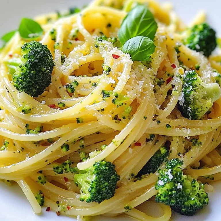 - 300g spaghetti or penne pasta - 300g broccoli florets - 4 cloves garlic, minced - 1/4 teaspoon red pepper flakes (adjust to taste) I love using spaghetti or penne pasta in this dish. Both types hold sauce well. The broccoli florets add crunch and color. Garlic gives an amazing flavor, and red pepper flakes add a kick. You can change the spice level by adding more or less red pepper. - 1/4 cup olive oil - 1 lemon (zested and juiced) - 50g grated Parmesan cheese (plus extra for serving) - Salt and pepper to taste - Fresh basil leaves for garnish Olive oil is key for making the garlic oil. It enriches the dish with flavor. The lemon zest and juice brighten everything up. Parmesan cheese adds a nice creaminess. Finally, fresh basil leaves give a fresh finish. Use salt and pepper to make it taste just right. {{ingredient_image_1}} First, bring a large pot of salted water to a boil. Use enough water to let the pasta move freely. Add 300g of spaghetti or penne pasta and cook it according to the package instructions. This usually takes about 8 to 10 minutes. Make sure the pasta is al dente; it should still have a slight bite. During the last 3 minutes of cooking, add 300g of broccoli florets to the pot. This way, the broccoli cooks perfectly without getting mushy. After the time is up, reserve 1 cup of pasta water, then drain the pasta and broccoli. Set them aside while you prepare the garlic oil. Next, use the same pot to heat 1/4 cup of olive oil over medium heat. Once the oil is hot, add 4 minced cloves of garlic and 1/4 teaspoon of red pepper flakes. Stir them together and cook for about 1 to 2 minutes. The goal is to make the garlic fragrant and lightly golden. Watch closely to avoid burning the garlic, as it can turn bitter. Now, return the drained pasta and broccoli to the pot with the garlic oil. Pour in the juice and zest from 1 lemon. Toss everything together so that the pasta and broccoli are well coated. If the mixture seems dry, gradually add some of the reserved pasta water until you reach the desired consistency. Finally, stir in 50g of grated Parmesan cheese. Season with salt and pepper to taste. Toss again until the cheese melts and coats the pasta. Serve your Italian broccoli pasta hot, garnished with fresh basil leaves and extra Parmesan on top. Enjoy a meal that is both simple and full of flavor! To keep broccoli bright and crisp, cook it right. Avoid overcooking broccoli by adding it to the pasta pot only during the last three minutes of cooking. This way, the broccoli stays green and crunchy. For pasta, aim for al dente. This means it should be firm yet cooked through. Follow the cooking time on the package. Always taste the pasta a minute before the time is up. If it’s slightly hard, it’s just right! Flavor is key to this dish. Start with the basics: salt and pepper. Taste as you go. If you want more kick, add red pepper flakes. They add a nice heat that complements the broccoli. If you don’t have Parmesan cheese, don’t worry! You can use Pecorino Romano for a tangy twist. Nutritional yeast is a great dairy-free option too. It gives a cheesy flavor without the cheese! Pro Tips Use Fresh Broccoli: Fresh broccoli not only tastes better but also retains more nutrients. Look for vibrant green florets with no yellowing for the best results. Adjust Spice Levels: The red pepper flakes can be adjusted according to your heat preference. Start with a small amount and add more if you like it spicier! Reserve Pasta Water: Always reserve some pasta water before draining. It’s a great way to adjust the sauce consistency and add extra starch for creaminess. Garnish for Flavor: Fresh basil adds a wonderful aroma and flavor to the dish. Don’t skip the garnish; it elevates the overall presentation and taste! {{image_2}} You can switch up the pasta for this dish. If you want a gluten-free meal, use gluten-free pasta. Many brands make great options that taste good. You won't lose any flavor or fun! Whole wheat pasta is another great choice. It adds more fiber and nutrients. Plus, it has a nutty taste that goes well with broccoli. Both options keep the dish healthy and tasty. Want to make it heartier? You can add protein! Chicken is a great option. Cook it in the garlic oil before mixing in the pasta. Shrimp is another quick choice. It cooks fast and pairs well with the lemon flavor. If you prefer a plant-based option, try tofu. Just cube it and sauté it until golden. This dish is also great for vegetarians and vegans. You can skip the cheese or use a plant-based alternative. For extra flavor, toss in some cherry tomatoes. They add sweetness and color. You can also use olives for a briny kick. They add a nice contrast to the dish. Don’t forget herbs! Fresh basil works well. You can also try parsley or oregano. Each herb brings its own unique flavor, so don’t be afraid to experiment. To keep your Italian broccoli pasta fresh, store it in the fridge. Use airtight containers for best results. Glass or plastic containers work great. Make sure to cool the pasta before sealing it. This helps prevent moisture buildup. The pasta stays good in the fridge for about three days. When reheating pasta, use low heat to keep it tasty. You can use a pan or the microwave. If using a pan, add a splash of water to help it steam. Stir gently as it heats. For the microwave, cover the bowl with a lid or a damp paper towel to keep moisture in. To keep the texture nice, avoid cooking it too long. Always check if it’s heated through before serving. If it seems dry, add a bit of olive oil or pasta water. This will help bring back the flavor and moisture. Yes, you can use frozen broccoli. It is a great option when fresh isn't available. Just add it to the pot with the pasta during the last three minutes of cooking. This keeps the broccoli bright and tender. Frozen broccoli may be softer than fresh, but it still tastes good. If you want a firmer texture, try to use fresh broccoli. If you're looking for a lactose-free option, try nutritional yeast. It gives a cheesy flavor without dairy. You could also use a plant-based cheese substitute. Grated pecorino romano cheese is a good alternative, though it is still dairy. Just remember to adjust the salt since pecorino is saltier than Parmesan. You can prepare the pasta and broccoli in advance. Cook them, then cool them down. Store them in an airtight container in the fridge. When you are ready to eat, heat the garlic oil and add the cooked pasta and broccoli. Add lemon juice and cheese when you reheat. This makes it easy and quick for a busy weeknight meal. This blog post covered a simple, tasty pasta recipe centered around broccoli. You learned the key ingredients and steps to cook it right. We also shared tips for better flavor and texture and offered variations to suit your taste. In the end, you can make this dish your own with easy changes. Enjoy experimenting and personalizing this recipe. Using fresh or frozen ingredients, you’ll create a delicious meal in no time. Happy cooking!