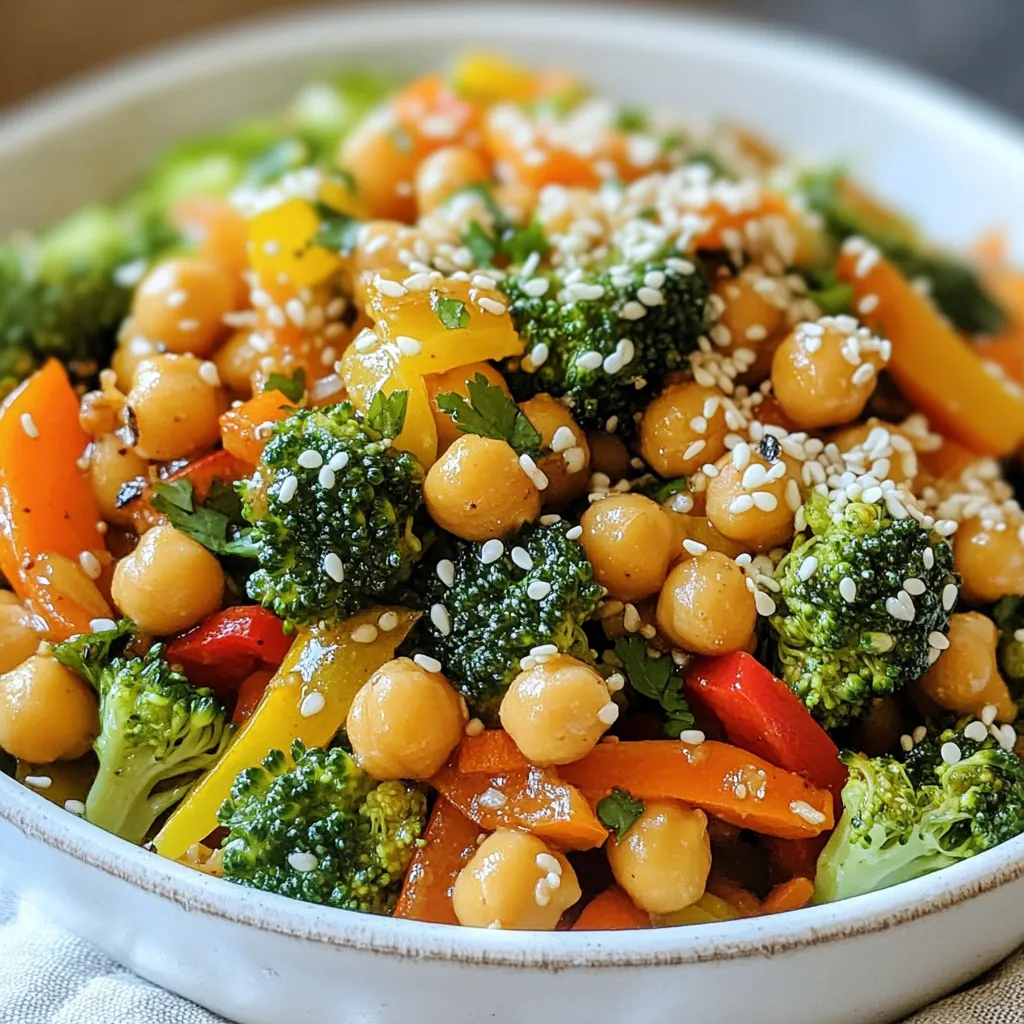 To make a delicious Garlic Broccoli Chickpea Stir Fry, you need the following ingredients: - 2 cups broccoli florets - 1 can (15 oz) chickpeas, drained and rinsed - 4 cloves garlic, minced - 1 bell pepper, sliced (any color) - 1 medium carrot, julienned - 2 tablespoons olive oil - 2 tablespoons soy sauce (or tamari for gluten-free) - 1 tablespoon maple syrup - 1 teaspoon sesame oil - 1 teaspoon ginger, minced (optional) - Salt and pepper to taste - Sesame seeds for garnish - Fresh cilantro for garnish (optional) Gathering these ingredients sets the stage for a quick and tasty meal. Each ingredient plays a role. Broccoli provides crunch and nutrition. Chickpeas add protein. Garlic brings a rich flavor. Bell pepper and carrot offer color and sweetness. The oils and sauces tie it all together, giving depth to your dish. Feel free to adjust the veggies based on what you have. This recipe is flexible and encourages creativity! {{ingredient_image_1}} - Rinse and drain the chickpeas in a colander. - Chop broccoli into bite-sized florets. - Slice the bell pepper into thin strips. - Julienne the carrot for a nice texture. - Mince the garlic and ginger if you choose to use it. - Heat two tablespoons of olive oil in a large skillet over medium-high heat. - Add the minced garlic and ginger to the hot oil. Sauté for about 30 seconds. - Stir often to avoid burning the garlic and to keep it fragrant. - Add the chopped broccoli, sliced bell pepper, and julienned carrot. - Stir-fry these veggies for about 5 to 7 minutes. They should stay tender-crisp. - Now, add your rinsed chickpeas to the skillet. Stir well to mix them with the veggies. - In a small bowl, mix two tablespoons of soy sauce, one tablespoon of maple syrup, and one teaspoon of sesame oil. - Pour this sauce over the stir fry and toss everything well to coat evenly. - Taste your dish and adjust the seasoning with salt and pepper as needed. To keep your vegetables crisp, cook them fast over high heat. Stir-fry for just a few minutes. This helps them stay bright and crunchy. Avoid burning garlic by adding it to the pan first. Sauté it quickly for about 30 seconds. If it starts to brown, lower the heat right away. For extra flavor, try adding chili flakes or a splash of lime juice. You can also mix in a tablespoon of peanut butter for a rich taste. Fresh herbs like basil or mint can brighten the dish. Sprinkle them on top just before serving. Serve your stir fry with cooked quinoa or rice for a filling meal. This adds texture and balances the flavors. For presentation, use a large bowl or individual plates. Drizzle some sesame oil on top for a shiny finish. Garnish with sesame seeds and cilantro for a pop of color. Pro Tips Prep Ahead: Chop your vegetables and mince your garlic and ginger beforehand to save time during cooking. Customize Your Veggies: Feel free to add your favorite vegetables like snap peas or zucchini for extra color and nutrition. Adjust the Sauce: If you prefer a sweeter stir fry, increase the maple syrup, or for a spicier kick, add a splash of sriracha. Serve with Grains: For a more filling meal, serve the stir fry over brown rice, quinoa, or whole grain noodles. {{image_2}} You can switch up the veggies in this stir fry. Here are some great options: - Cauliflower florets - Snap peas - Zucchini, sliced - Carrots, cut in circles For plant-based protein, you have many options: - Tofu, cubed and cooked - Tempeh, sliced - Lentils, cooked If you need gluten-free options, use tamari instead of soy sauce. It tastes great! For vegan swaps, the recipe is already vegan. Just check the soy sauce for hidden ingredients. Want some heat? Add chili flakes while cooking. It brings a nice kick. If you like sweet, try using agave syrup or honey instead of maple syrup. It changes the taste in a fun way! To keep leftovers fresh, store them in the fridge. Use airtight containers for the best results. Glass containers work well, but plastic ones are just fine too. Make sure the stir fry cools down before sealing it. You can freeze this stir fry for meal prep. Place it in freezer-safe bags or containers. Remove as much air as possible to prevent freezer burn. To reheat, thaw it in the fridge overnight. Heat it in a skillet over medium heat until warm. This stir fry lasts about 3 to 4 days in the fridge. Always check for signs of spoilage before eating. If you see any mold or feel an odd smell, it is best to toss it. Yes, you can use frozen broccoli. It will save time and effort. Just thaw it first. Frozen broccoli may cook faster than fresh. Keep an eye on it to avoid mushiness. This stir fry is great on its own, but you can pair it with: - Cooked quinoa - Brown rice - Cauliflower rice - Noodles These options add more texture and flavor to your meal. To add heat, try these ideas: - Add red pepper flakes - Include sliced fresh chili peppers - Use spicy soy sauce Start with a little. You can always add more heat later. Absolutely! This stir fry stores well. You can keep it in the fridge for about 3-4 days. Use airtight containers for the best results. Reheat it on the stove or in the microwave. Yes, you can boost the protein. Here are some options: - Cooked chicken - Tofu - Tempeh - Shrimp Add these during the cooking process for even flavor. Adjust cooking time as needed. This blog post detailed a nutritious Garlic Broccoli Chickpea Stir Fry. We explored ingredients, prep steps, cooking methods, and storage. You learned how to keep veggies crisp and enhance flavors. I covered substitutions and variations for dietary needs. Remember to adjust the spices to your taste. This dish is not only tasty but also easy to make and perfect for meal prep. Enjoy this healthy stir fry full of color and flavor!