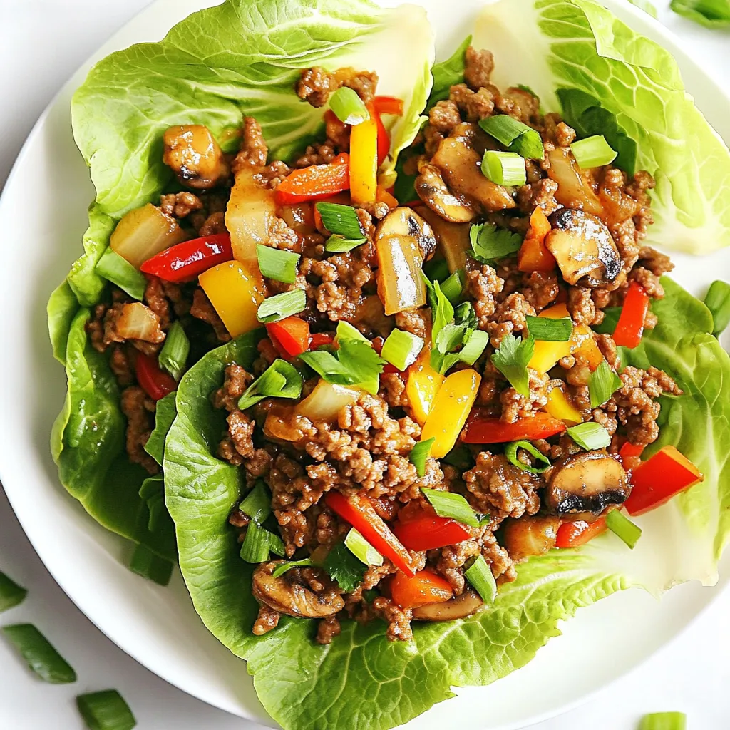 - 1 lb ground beef (lean) - 1 tablespoon sesame oil - 3 cloves garlic, minced - 1 inch piece fresh ginger, grated - 1 red bell pepper, finely diced - 1 cup shiitake or button mushrooms, finely chopped - 2 green onions, thinly sliced - 1/4 cup soy sauce (or tamari) - 1 tablespoon rice vinegar - 1 tablespoon brown sugar - 1 teaspoon chili paste (optional) - 1 head of butter or iceberg lettuce - Chopped cilantro for garnish You can use ground turkey, chicken, or even plant-based meat instead of beef. For gluten-free options, use tamari instead of soy sauce. You can add extra veggies like carrots or zucchini for more crunch and nutrition. To cook these wraps, you need a large skillet or wok for even heating. A wooden spoon or spatula works best for mixing. Don't forget measuring cups and spoons to get the amounts right. {{ingredient_image_1}} - Heat sesame oil in a skillet. - Add 1 pound of ground beef. Brown it well. - Drain any excess fat from the skillet. - Add minced garlic and grated ginger. Cook for 1-2 minutes. - Pour in diced red bell pepper and chopped mushrooms. Sauté for 4-5 minutes. - Mix in a soy sauce mixture. This includes 1/4 cup soy sauce, 1 tablespoon rice vinegar, and 1 tablespoon brown sugar. - Stir in sliced green onions and remove from heat. - Wash and prepare the lettuce leaves. Ensure they are crisp. - Assemble the wraps by scooping the beef mixture into each lettuce leaf. How to perfectly brown the beef: Start with a hot skillet. Add sesame oil and let it heat up. Then, add the ground beef in small chunks. This helps it brown better. Stir the beef only a few times. Let it sit for a minute before stirring again. This gives it a nice color and flavor. Best method for sautéing vegetables: First, add your garlic and ginger. Cook them for a minute or two. This boosts the flavor. Then, add the diced red bell pepper and mushrooms. Stir them often, but let them sit occasionally. This helps them get tender and develop a nice taste. Keeping lettuce leaves crisp: Wash the leaves gently and dry them with a towel. You want them dry to stay crisp. Store them in the fridge until you are ready to serve. If you can, put them in a container lined with a paper towel. This helps absorb any moisture. Adjusting spice levels with chili paste: If you like heat, add more chili paste. Start with one teaspoon and taste. You can always add more, but you can't take it out. Mix it well into the beef after you add the soy sauce. Recommended garnishes for added flavor: Chopped cilantro and extra green onions add fresh taste. Sprinkle them on top of your wraps just before serving. You can also add crushed peanuts for a nice crunch. Using fresh herbs for more aroma: Fresh herbs make a big difference. Try using basil or mint along with cilantro. These herbs add a bright flavor to your wraps. Just chop them finely and mix them in before serving. Best side dishes to pair: Serve your wraps with rice or quinoa. They complement the beef nicely. You can also add a simple cucumber salad for a refreshing crunch. Ideas for dipping sauces: A soy sauce mix with lime juice works well. You can also try a peanut sauce for a rich taste. Both will enhance the flavors of your wraps. Creative ways to serve leftovers: Use leftover beef in a stir-fry. Add it to fried rice or make a salad. You can also create a grain bowl with the beef, veggies, and some sauce. Pro Tips Choose the Right Beef: Opt for lean ground beef to keep the wraps lighter and healthier. You can also substitute with ground turkey or chicken for a different flavor. Prep Veggies Ahead: Chopping all your vegetables before you start cooking can save you time and make the cooking process smoother. Customize the Heat: Adjust the amount of chili paste according to your spice preference. You can also use fresh chopped chilies for a fresher flavor. Serve Fresh: These wraps are best served immediately after assembling to maintain the crispiness of the lettuce. Prepare the filling ahead but assemble just before serving. {{image_2}} You can easily adjust this recipe to fit different diets. - Paleo-friendly variations: Use ground turkey or chicken instead of beef. Skip the sugar and soy sauce. Use coconut aminos for flavor. - Keto-friendly modifications: Choose lean beef and add extra veggies. Use less sugar or a keto-friendly sweetener. This keeps carbs low while adding flavor. - Vegetarian alternatives: Substitute ground beef with finely chopped mushrooms or tempeh. Use soy sauce and rice vinegar to keep it tasty. You can switch up the flavors to match your taste. - Different sauces to use: Try hoisin sauce or teriyaki sauce for a sweet twist. You can also use sriracha for heat. - Spice level adjustments: If you like it hot, add more chili paste or fresh chili. If you prefer mild, skip the spice or use bell peppers. - Experimenting with toppings: Top with crushed peanuts, sesame seeds, or sliced radishes. Fresh herbs like mint or basil can add a nice touch too. Wraps don't have to be just lettuce! - Other types of lettuce to use: Butter lettuce is great, but you can also try romaine or even radicchio for a colorful twist. - Grain wraps or gluten-free options: Use rice wraps or corn tortillas. These are easy to find and work well. - Using tortillas or rice paper for wraps: Tortillas give a nice chewy texture, while rice paper can add a fun, crispy bite. To keep your Asian beef lettuce wraps fresh, store them properly. First, let the beef mixture cool down to room temperature. After that, use an airtight container to keep the flavors intact. Glass containers work well, but plastic ones are also fine. Make sure to separate the beef mixture from the lettuce leaves. This way, the leaves stay crisp and fresh for your next meal. You can freeze the beef mixture if you have leftovers. To freeze it, place the cooled beef mixture in a freezer-safe bag or container. Squeeze out any excess air and seal it tightly. This helps prevent freezer burn. When you want to eat it, move the mixture to the fridge to thaw overnight. You can also use the microwave for quick thawing. Once thawed, reheat it in a skillet over medium heat until hot. Leftovers last about 3 to 4 days in the fridge when stored correctly. Check for signs of spoilage before eating. If you see mold or smell something sour, it’s best to throw it away. Always trust your senses; they are your best guide for food safety. How can I make Asian beef lettuce wraps ahead of time? You can prepare the beef filling a day before. Just store it in the fridge. When ready, warm it up and serve in fresh lettuce. Can I use chicken or tofu instead of beef? Yes, both chicken and tofu work well. Ground chicken is a great swap. Tofu needs to be crumbled for the best texture. What can I serve with Asian beef lettuce wraps? Serve these wraps with rice or noodles. Fresh veggies or a simple salad add crunch, too. What type of lettuce is best for wraps? Butter lettuce or iceberg lettuce works best. They are crisp and hold the filling well. Should I cook the vegetables before adding them to the beef? Yes, cook the vegetables first. This way, they soften and blend well with the beef. How do I prevent the lettuce from wilting? Keep lettuce leaves dry and chilled until serving. This helps them stay crisp and fresh. Can I use pre-made sauce to save time? Absolutely! Pre-made sauces can speed things up. Look for low-sodium options for a healthier choice. What's a good soy sauce alternative for a gluten-free recipe? Tamari is a great choice. It has a similar taste and is gluten-free. How can I adjust the recipe for larger batches? Simply double or triple the ingredients. Ensure your skillet is large enough for even cooking. In this post, we explored how to make delicious Asian beef lettuce wraps. We covered all the key ingredients, helpful substitutions, and essential cooking tools. I provided step-by-step instructions to ensure success. We also shared tips for enhancing flavor and offered variations for different diets. These wraps are easy to make and full of flavor. Feel free to experiment and make them your own! Enjoy every bite and happy cooking!