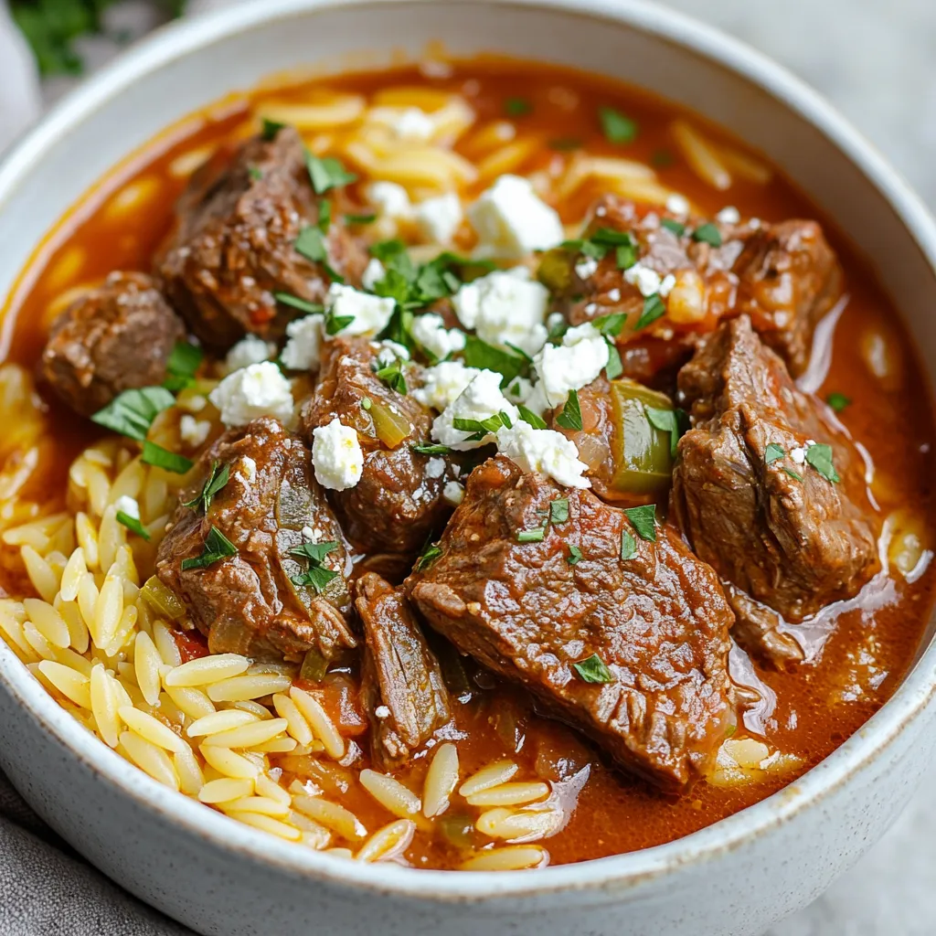 - Beef chuck: Use 1 pound of beef chuck. Cut it into 1-inch cubes. This cut is tender and full of flavor. It cooks well in stews and holds moisture. - Aromatics: You need 1 large onion, finely chopped, and 2 cloves of minced garlic. These add rich flavor and aroma to the dish. - Spices and seasonings: Gather 1 teaspoon of dried oregano and 1 teaspoon of ground cinnamon. Don't forget to add salt and pepper to taste. These spices create warmth and depth in the dish. - Orzo pasta and additional toppings: You will need 1½ cups of orzo pasta. This small pasta absorbs the sauce well. For garnish, use fresh parsley, chopped, and optional grated feta cheese. Feta adds creaminess and a tangy flavor to the dish. {{ingredient_image_1}} - Searing the beef and setting it aside: First, heat 2 tablespoons of olive oil in a large pot. Add 1 pound of beef chuck, cut into 1-inch cubes. Sear the meat until it turns brown on all sides, which takes about 5-7 minutes. Once browned, remove the beef and set it aside for later. - Sautéing onions and garlic for flavor: In the same pot, add 1 large finely chopped onion and 2 minced garlic cloves. Sauté these until the onion becomes soft and translucent, around 3-4 minutes. This step builds a strong flavor base. - Combining tomatoes and spices: Next, stir in 1 cup of diced tomatoes, 1 teaspoon of dried oregano, 1 teaspoon of ground cinnamon, and salt and pepper to taste. Cook this mixture for another 2-3 minutes. This helps enhance the dish’s flavor profile. - Simmering the beef in broth: Now, return the seared beef to the pot. Pour in 2 cups of beef broth and bring everything to a simmer. Cover the pot and let it cook on low heat for about 1 hour. The beef should become tender during this time. - Adding orzo and cooking until al dente: After the beef is tender, add 1 ½ cups of orzo pasta directly into the pot. Stir it well to mix everything. Cover the pot again and cook for an additional 10-12 minutes. The orzo should be cooked al dente and absorb some of the liquid. - Adjusting the consistency and seasoning: If the dish seems too thick, add a bit more broth or water to thin it out. Stir everything together to ensure it’s well mixed. Taste and adjust the seasoning if needed. - Garnishing for serving: When ready to serve, remove the pot from heat. Let the dish sit for a couple of minutes. Serve hot, garnished with chopped fresh parsley and optional grated feta cheese on top. This adds a nice touch and extra flavor! Choosing the right cut of beef matters. I suggest beef chuck. This cut has good fat and makes the meat tender. You want to cut it into 1-inch cubes for even cooking. Balancing flavors is key to a great dish. Use dried oregano and ground cinnamon. These spices add warmth and depth. You can also taste and adjust as you go. A little salt and pepper can make a big difference. One common mistake is overcooking the orzo. This pasta cooks quickly. Stir it in when the beef is tender. Cook it for about 10-12 minutes. You want it al dente, not mushy. Another mistake is not seasoning enough. Taste the dish as you cook. If it needs more flavor, add salt or spices. Remember, seasoning builds layers of taste. Don't skip this step! Pro Tips Choose the Right Cut: Opt for beef chuck for its tenderness and flavor; it becomes melt-in-your-mouth delicious when slow-cooked. Enhance the Flavors: Allow the beef to sear well before adding other ingredients, as this adds a rich depth of flavor to your dish. Adjust Liquid Levels: Keep an eye on the cooking liquid; if it gets too thick, add more broth or water to ensure your orzo cooks perfectly. Garnish for Freshness: Always finish with a sprinkle of fresh parsley and feta cheese, as it brightens the dish and adds a lovely contrast in flavor. {{image_2}} You can easily switch up the beef in this dish. Try lamb or chicken for a new taste. Both meats work well with the spices and broth. If you want a meat-free option, consider using mushrooms or lentils. They add a hearty feel and soak up the flavors nicely. Pair this dish with a fresh Greek salad. The cool veggies balance the warm, rich flavors of the beef orzo giouvetsi. You could also serve it with some crusty bread for dipping. A side of roasted vegetables adds color and nutrition. After enjoying your Beef Orzo Giouvetsi, it's key to store any leftovers properly. Follow these tips for the best results: - Refrigeration: Place the dish in an airtight container. Make sure it cools to room temperature first. Store it in the fridge for up to three days. This keeps the flavors fresh and the beef tender. - Freezing: For longer storage, you can freeze the dish. Use a freezer-safe container or a heavy-duty freezer bag. Remove as much air as possible to prevent freezer burn. Beef Orzo Giouvetsi can last in the freezer for up to three months. When ready to enjoy, just thaw it in the fridge overnight. To enjoy your Beef Orzo Giouvetsi again, you need to reheat it properly. This step ensures the dish stays tasty and has the right texture. - Stovetop Method: Place the leftovers in a pot over low heat. Add a splash of beef broth or water to help loosen it up. Stir occasionally until heated through, about 10-15 minutes. - Microwave Method: Transfer a portion to a microwave-safe dish. Add a bit of broth or water to keep it moist. Cover with a microwave-safe lid or wrap. Heat on medium power for 2-3 minutes, stirring halfway. This helps prevent hot spots and keeps the orzo from drying out. By following these tips, you can enjoy your delicious Beef Orzo Giouvetsi more than once! What is giouvetsi and its origin? Giouvetsi is a Greek dish. It usually combines meat with pasta or rice. The dish often features orzo, which looks like rice but is pasta. Giouvetsi is traditionally baked but can also be cooked on the stovetop. Its roots come from the Greek islands, where it showcases rich flavors and simple ingredients. Can I make this dish in advance? Yes, you can prepare Beef Orzo Giouvetsi ahead of time. Cook the dish fully, let it cool, and store it in the fridge. It will taste even better the next day as the flavors meld. When ready to serve, just reheat it on the stove or in the microwave. If it seems dry, add a splash of beef broth or water while reheating. How do I make it gluten-free? To make Beef Orzo Giouvetsi gluten-free, swap out the orzo for gluten-free pasta. Many brands offer gluten-free orzo that works well. Always check the labels to ensure the pasta is certified gluten-free. The rest of the recipe remains the same, so you won't miss out on the flavors! This post covered how to make Beef Orzo Giouvetsi from start to finish. We discussed key ingredients like beef chuck, aromatic onions, garlic, and flavorful spices. You learned step-by-step instructions, tips to perfect your dish, and common mistakes to avoid. I also shared storage tips and answered FAQs about the dish. Enjoy preparing this warm and comforting meal. It's simple, delicious, and perfect for any gathering. Dive in, and make it your own!