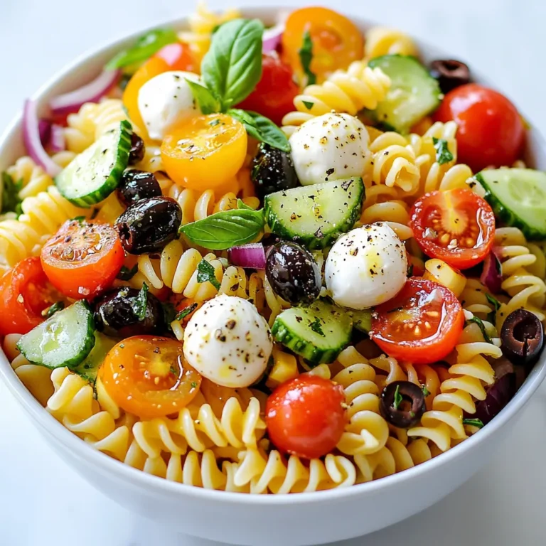 To make a vibrant Italian pasta salad, you will need: - 2 cups elbow macaroni or rotini pasta - 1 cup cherry tomatoes, halved - 1 cup cucumber, diced - 1/2 cup black olives, sliced - 1/2 cup red bell pepper, diced - 1/4 cup red onion, finely chopped - 1/2 cup mozzarella balls, halved - 1/4 cup fresh basil leaves, roughly chopped - 1/4 cup olive oil - 2 tablespoons red wine vinegar (or apple cider vinegar) - 1 teaspoon dried oregano - Salt and pepper to taste You can easily swap some ingredients for others based on what you like. Here are a few ideas: - Use penne or farfalle pasta if you want a different shape. - Try grape tomatoes or diced regular tomatoes instead of cherry tomatoes. - Replace cucumber with zucchini for a fresh twist. - If you don’t like olives, leave them out or use artichoke hearts. - Use feta cheese instead of mozzarella for a salty kick. - Opt for fresh herbs like parsley or dill instead of basil. Picking fresh ingredients makes your pasta salad taste better. Here’s how to choose the best: - Pasta: Choose pasta with no cracks or broken pieces. Look for brands that are whole grain for extra fiber. - Vegetables: Pick firm, colorful veggies. Tomatoes should feel heavy for their size. Cucumbers should be crisp with no soft spots. - Herbs: Look for bright green basil leaves with no browning. Fresh herbs should smell fragrant. - Cheese: When choosing mozzarella, pick balls that feel moist and fresh. Avoid dry or crumbly cheese. This careful selection enhances the taste and nutrition of your dish. Enjoy your cooking! {{ingredient_image_1}} Start by boiling water in a pot. Add a pinch of salt for taste. Once boiling, add 2 cups of elbow macaroni or rotini pasta. Cook according to the package instructions until the pasta is al dente. This usually takes about 7-10 minutes. Once done, drain the pasta in a colander. Rinse it under cold water to stop the cooking process. This helps keep the pasta firm. Set the pasta aside to cool. In a large mixing bowl, combine the cooled pasta with other fresh ingredients. Add 1 cup of halved cherry tomatoes, 1 cup of diced cucumber, and 1/2 cup of sliced black olives. Don’t forget 1/2 cup of diced red bell pepper, 1/4 cup of finely chopped red onion, and 1/2 cup of halved mozzarella balls. Mix everything together gently. This helps all the flavors blend well. In a small bowl, whisk together the dressing. Combine 1/4 cup of olive oil and 2 tablespoons of red wine vinegar. You can also use apple cider vinegar if you prefer. Add 1 teaspoon of dried oregano, salt, and pepper to taste. Make sure to mix it until well combined. Pour this dressing over the pasta salad. Toss everything gently to coat all the ingredients. Finally, add 1/4 cup of roughly chopped fresh basil leaves and give it one last gentle toss. Cover the bowl and let it chill in the fridge for at least 30 minutes. This helps the flavors meld together nicely. Start with a large pot. Fill it with water and bring it to a boil. Use plenty of water so the pasta can move freely. Add salt to the boiling water. This step adds flavor to the pasta. Cook the pasta until it is al dente. This means it should be firm but not hard. After cooking, drain the pasta and rinse it with cold water. This stops the cooking process and cools the pasta quickly. To make your pasta salad pop, use fresh ingredients. Fresh basil and ripe tomatoes bring bright flavors. Don’t forget to season well with salt and pepper. A good dressing is key. Mix olive oil and vinegar in a bowl. Whisk them until they blend. Add dried oregano for a nice herbal note. Pour the dressing over the salad and toss gently. This helps each bite burst with flavor. Serve the pasta salad in a colorful bowl. You can add extra toppings for fun. Try crumbled feta cheese, diced avocado, or toasted nuts. These add new textures and tastes. For a picnic, pack the salad in individual containers. This makes it easy to enjoy on the go. You can also serve it alongside grilled chicken or fish for a complete meal. Pro Tips Cook Pasta Al Dente: Be sure to cook the pasta until it's al dente for the best texture. This ensures it holds up well in the salad and doesn't become mushy when mixed with the dressing. Chill Before Serving: Refrigerating the pasta salad for at least 30 minutes allows the flavors to meld beautifully, enhancing the overall taste of the dish. Fresh Ingredients Matter: Use the freshest vegetables and herbs you can find. This will not only improve the flavor but also add vibrant colors to your salad. Customize Your Add-Ins: Feel free to add other ingredients like grilled chicken, feta cheese, or your favorite vegetables to make this salad your own! {{image_2}} You can add proteins to your pasta salad for extra flavor and nutrition. Cooked chicken, diced and seasoned, pairs well with the fresh ingredients. Canned tuna adds a nice touch, too. Simply drain it and mix it in. For a fun twist, consider using shrimp. Just cook them until pink, then chop and add. For a vegetarian option, skip the meats and add extra veggies. Roasted bell peppers or artichokes bring great taste. If you want a vegan salad, swap mozzarella for vegan cheese. Nutritional yeast can also add a cheesy flavor without dairy. Try adding chickpeas or black beans for a protein boost. Using seasonal ingredients keeps your salad fresh and exciting. In summer, add fresh corn or zucchini. In fall, roasted butternut squash or Brussels sprouts work well. You can use spinach or arugula instead of basil for a peppery flavor. Always consider what is fresh at your local market. This keeps your salad vibrant and full of life. To keep your pasta salad fresh, store it in the fridge. First, let it cool to room temperature. Then, place the salad in an airtight container. This helps keep moisture in and air out. If you have extra dressing, store it separately to avoid soggy pasta. I recommend using glass or plastic containers with tight lids. Glass containers are great for seeing your food. They also don’t hold odors. Plastic containers are lighter and easier to handle. Make sure the container is big enough to hold all the salad without squishing it. Leftover pasta salad lasts about 3 to 5 days in the fridge. The flavors get better as it sits. However, check for any signs of spoilage like off smells or changes in color. If it looks or smells strange, don’t eat it. Always trust your senses! If you need a pasta swap, try these options: - Zucchini noodles: They are fresh and light. - Quinoa: This grain adds protein. - Chickpea pasta: It has a nice texture. - Rice: Use cooked rice for a different bite. These swaps keep the dish fun while still tasty. Yes, you can make pasta salad ahead. It tastes even better after sitting. The flavors mix well when chilled. I suggest making it the night before. This way, you save time for your meal. Just remember to stir it before serving. Pasta salad can be healthy! It depends on the ingredients you choose. Using whole grain pasta adds fiber. Fresh veggies like cucumbers and tomatoes are full of vitamins. You can control the dressing, too. Use olive oil for healthy fats. Watch the salt to keep it balanced. Enjoy your tasty, colorful meal! This article covered the key elements for making a great pasta salad. We discussed the ingredients, cooking steps, and storage tips. You learned about fresh ingredient choices, substitutions, and the best ways to store leftovers. My final thoughts are simple: experiment with flavors and find what you love. Pasta salad can adapt to your taste, diet, and season. Have fun with it. Cooking should bring joy and flavor to your meals.