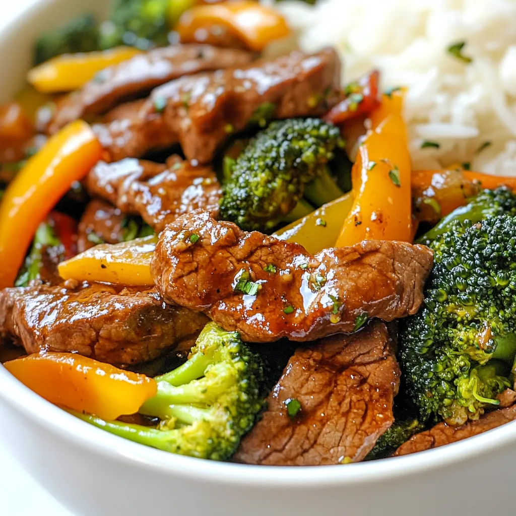 - 1 lb (450g) beef sirloin, thinly sliced - 3 cups broccoli florets - 1 bell pepper, sliced (red or yellow for sweetness) - 2 cloves garlic, minced - 1 tablespoon ginger, grated - 3 tablespoons soy sauce (low sodium) - 1 tablespoon oyster sauce - 1 tablespoon sesame oil - 1 tablespoon cornstarch - 2 teaspoons brown sugar - 1 cup beef broth - 2 tablespoons vegetable oil - Cooked jasmine rice (for serving) When you gather these ingredients, keep in mind how they work together. The beef sirloin brings a rich flavor. Broccoli adds a nice crunch and bright color. Bell pepper provides sweetness, while garlic and ginger give depth. The sauces and seasonings are key for flavor. Soy sauce adds umami, and oyster sauce gives a slight sweetness. Sesame oil adds nuttiness, while brown sugar balances everything. Cornstarch thickens the sauce, making it cling to the meat and veggies. Finally, beef broth ties it all together, creating a savory base. Don’t forget the vegetable oil for cooking. It helps the beef brown nicely and prevents sticking. Serve this dish over jasmine rice. The rice soaks up the sauce and makes each bite delicious. Now, you have all the building blocks for a tasty meal. Enjoy the process of cooking and the wonderful flavors that come together! {{ingredient_image_1}} - Marinating the Beef First, take your beef sirloin. Slice it thinly. In a bowl, mix the beef with cornstarch, soy sauce, and sesame oil. This step adds flavor and helps tenderize the meat. Let it sit for about 15 minutes to soak up those tasty flavors. - Cooking in the Skillet Heat 1 tablespoon of vegetable oil in a large skillet over medium-high heat. Add the marinated beef to the hot skillet. Stir-fry for about 3 to 4 minutes. You want the beef to brown but not overcook. Once done, remove the beef and set it aside. - Cooking Garlic and Ginger In the same skillet, add another tablespoon of vegetable oil. Now, toss in the minced garlic and grated ginger. Sauté these for about 30 seconds. You want to smell that great aroma filling your kitchen. - Stir-frying Broccoli and Bell Pepper Next, add the broccoli florets and sliced bell pepper to the skillet. Stir-fry for about 3 to 5 minutes. You want them tender but still crisp. This adds color and crunch to your dish. - Returning Beef to Skillet Now, it’s time to bring the beef back. Add it to the skillet with the vegetables. Pour in the oyster sauce, brown sugar, and beef broth. Mix everything well to ensure the beef and veggies are coated in that delicious sauce. - Thicken the Sauce Cook for an additional 3 to 4 minutes. This helps the sauce thicken slightly. You want it to cling to the beef and veggies. Now, your dish is almost ready to be served! To get the perfect stir-fry, heat is key. Start by preheating your skillet or wok on medium-high heat. This helps to brown the beef quickly. If the pan is not hot enough, the beef will steam instead of sear. You want that nice brown crust for flavor. Cook your veggies just right. Stir-fry the broccoli and bell pepper for 3-5 minutes. You want them tender but still crisp. Overcooking makes them mushy and dull. Keep them bright and vibrant for the best taste. You can add extra flavors to your dish. Try a splash of rice vinegar for tang. A dash of chili flakes can add heat if you like spice. A bit of hoisin sauce can also boost sweetness. Feel free to experiment! Garnishing makes your dish look great. Consider topping with sesame seeds or sliced green onions. This adds a nice crunch and fresh flavor. It also makes your meal more appealing. If you have leftovers, use them wisely. Beef and broccoli can be added to soups or salads. You can even make a beef wrap with tortillas. This way, you waste less food and enjoy new meals. For a thick sauce, make sure to mix cornstarch with the beef. This helps create a nice glaze. If your sauce seems too thin, let it cook a bit longer. The heat will help it thicken up nicely. Pro Tips Marinate for Flavor: Allowing the beef to marinate for at least 15 minutes helps to enhance the flavor and tenderness of the meat. High Heat for Stir-Frying: Use medium-high heat when stir-frying to achieve a nice sear on the beef and to keep the vegetables crisp. Thickening the Sauce: If you prefer a thicker sauce, mix an additional teaspoon of cornstarch with a bit of water and add it to the skillet while cooking. Fresh Ingredients: Using fresh broccoli and bell peppers will not only improve the taste but also enhance the visual appeal of your dish. {{image_2}} You can switch up the protein in this dish. Here are two tasty options: - Chicken and Broccoli: Use 1 lb of thinly sliced chicken breast. Cook it the same way as the beef. It will give you a lighter flavor. - Tofu and Vegetable Variant: For a vegetarian option, use 14 oz firm tofu. Press and cube the tofu. Sauté it until golden for a nice texture. You can change the vegetables to add more flavor or color. Try these: - Carrots or Snap Peas: Add sliced carrots for sweetness or snap peas for crunch. Both can add nice color too. - Different Bell Peppers: Use green, orange, or even purple bell peppers. Each adds a unique taste and look to your meal. Think about what to serve with your beef and broccoli. Here are some ideas: - Ideas for Side Dishes: Serve with a simple salad or steamed dumplings. A light soup can also pair nicely. - Pairings with Rice or Noodles: Jasmine rice is great, but you can use brown rice or noodles. Both options soak up the sauce well and complete the meal. Store leftovers in an airtight container. This keeps the meal fresh and tasty. Make sure to let it cool first. It can stay in the fridge for 3-4 days. When you want to eat it again, simply reheat in a skillet. Heat it on medium until hot. You can also use a microwave. Just cover it and heat in short bursts. Stir in between to warm it evenly. To freeze your beef and broccoli, place it in a freezer-safe bag. Try to remove as much air as possible. This helps avoid freezer burn. You can freeze leftovers for up to 3 months. When ready to eat, thaw overnight in the fridge. For quick thawing, place the bag in cold water. Reheat in a skillet over medium heat. Stir often to ensure it heats through evenly. The best cut of beef for stir-fry is beef sirloin. It is tender and cooks quickly. You can also use flank steak or ribeye. These cuts give great flavor and texture. Yes, you can use frozen broccoli. Just thaw it first and drain any excess water. This saves time and works well in the stir-fry. To make this dish gluten-free, use gluten-free soy sauce. Check the labels to ensure other sauces are gluten-free too. This way, you can enjoy the meal without worry. If you don’t have oyster sauce, try hoisin sauce or a mix of soy sauce and sugar. These options add a sweet and savory taste that works well. Cooking beef in a stir-fry takes about 3 to 4 minutes. You want it to be browned but not overcooked. Stir-frying quickly keeps the beef tender. You learned about making a tasty stir-fry with beef, veggies, and sauces. We covered steps like marinating beef and sautéing garlic and ginger. You gained tips on cooking the right way and avoiding mushy veggies. Don't forget options for variations and storage tips. Try your hand at this dish! Mix and match ingredients to find your favorite flavor. Enjoy your stir-fry and share your results with friends and family. Happy cooking!