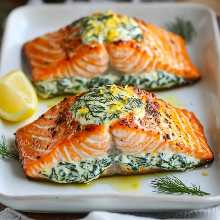 When making creamy spinach stuffed salmon, you need a few key ingredients. Each one adds to the flavor and texture of this dish. Here’s what you’ll need: - 4 salmon fillets (6 oz each) - 1 cup fresh spinach, chopped - 1 cup cream cheese, softened - 1/2 cup grated Parmesan cheese - 1/4 cup breadcrumbs - 2 cloves garlic, minced - 1 tablespoon lemon juice - 1 teaspoon dried dill - 1/2 teaspoon salt - 1/4 teaspoon black pepper - 2 tablespoons olive oil Each ingredient plays a role. The salmon provides a rich base, while the spinach and cream cheese create a delightful stuffing. The garlic adds a punch, and the lemon juice brightens the dish. Using high-quality salmon makes a big difference. Fresh spinach gives the stuffing a vibrant color and taste. Grated Parmesan adds a nice depth. Breadcrumbs help bind everything together, ensuring a perfect texture. When you gather your ingredients, keep them fresh. This will help your salmon shine. Trust me, using quality items elevates the entire meal! {{ingredient_image_1}} Setting the Oven First, preheat your oven to 375°F (190°C). This step is key to cooking the salmon evenly. Preparing the Stuffing Mixture In a mixing bowl, add the chopped spinach, softened cream cheese, grated Parmesan cheese, breadcrumbs, minced garlic, lemon juice, dill, salt, and black pepper. Mix these well until they blend into a smooth stuffing. This creamy filling makes the dish special. Creating Pockets in the Fillets Take each salmon fillet and carefully slice the top lengthwise. This cut creates a pocket for the stuffing. Make sure not to cut all the way through. This helps keep the filling inside. Filling the Salmon with Spinach Mixture Now, take the spinach mixture and fill each pocket. Use a spoon to pack it in well. The more you stuff, the better the flavor! Searing in the Skillet Heat olive oil in a skillet over medium heat. Once hot, place the stuffed salmon fillets in the skillet, skin-side down. Sear them for about 3-4 minutes until the skin gets crispy. This adds a nice crunch. Baking to Perfection Transfer the seared salmon to a baking dish. Bake in your preheated oven for 12-15 minutes. The salmon is done when it flakes easily with a fork. Let it rest for a few minutes before serving. This helps keep it juicy. - Choosing Quality Ingredients: Start with fresh salmon fillets. Look for bright color and firm texture. Fresh spinach should be vibrant green. For creaminess, use full-fat cream cheese and good-quality Parmesan. These choices make a big difference in taste. - Alternative Seasonings or Add-ins: You can add a pinch of cayenne for heat or some sun-dried tomatoes for sweetness. Fresh herbs like parsley or basil can also enhance the flavor. Experimenting helps you find your favorite mix. - Adjusting Cook Time for Thickness: Thicker salmon fillets need more time. For fillets thicker than 1 inch, add an extra 2-3 minutes when baking. Always check for doneness before serving. - Monitoring Doneness with a Fork: To check if the salmon is done, gently flake it with a fork. If it flakes easily and is opaque in the center, it’s ready. This method ensures you avoid overcooking. - Plating and Garnishing Ideas: Serve the salmon on a white plate for contrast. Drizzle with olive oil and sprinkle fresh dill or lemon zest on top. This adds color and looks appetizing. - Serving Suggestions with Side Dishes: Creamy spinach stuffed salmon pairs well with roasted vegetables or a light salad. Lemon wedges on the side add a nice touch and enhance the dish's flavors. Pro Tips Choose Fresh Salmon: Opt for wild-caught salmon if possible, as it tends to have a better flavor and texture compared to farmed varieties. Mix the Stuffing Well: Ensure that all ingredients for the stuffing are mixed thoroughly to achieve a consistent flavor in each bite. Don't Overcook: Keep an eye on the cooking time to avoid dry salmon. It should be just cooked through and flake easily. Add Extra Flavor: Consider adding a pinch of nutmeg or a dash of hot sauce to the spinach stuffing for an extra layer of flavor. {{image_2}} Different Cheeses You can change the cheese in the stuffing. Cream cheese is great, but try ricotta or goat cheese for a twist. They add different textures and flavors. If you're feeling adventurous, mix in some feta for a salty kick. Alternative Vegetables Spinach is fantastic, but don’t be shy! Swap it for kale or Swiss chard. You can even use artichoke hearts for a unique flavor. Just make sure to chop them up nicely. This keeps the stuffing creamy and delicious. Grilling vs. Baking Grilling adds a smoky taste. If you want to grill, preheat your grill. Use indirect heat to cook the salmon gently. Keep an eye on it to avoid burning. Baking is simple and keeps the fish moist. Both methods work well! Air Fryer Option The air fryer is a fun twist. Preheat it to 350°F (175°C). Place the stuffed salmon in the basket. Cook for about 10-12 minutes. You’ll get a nice crispy outside while keeping the inside creamy. It’s a quick way to enjoy this dish! Low-Carb or Keto-Friendly Suggestions For a low-carb meal, skip the breadcrumbs. Use almond flour instead. It gives a nice crunch without the carbs. You can also add nuts for extra flavor and texture. This keeps your dish tasty and healthy. Dairy-Free Adjustments If you want a dairy-free option, use a dairy-free cream cheese. There are many brands available today. You can also add nutritional yeast to give a cheesy flavor without the dairy. This way, everyone can enjoy the meal! Refrigeration Tips After you finish your creamy spinach stuffed salmon, let it cool first. Place the leftovers in an airtight container. Store them in the fridge for up to three days. Make sure to cover the dish well to keep it fresh. If you want to keep the salmon longer, freezing is a great option. Freezing Options To freeze leftovers, wrap each salmon fillet in plastic wrap. Then place them in a freezer bag. Remove as much air as you can before sealing. You can freeze the stuffed salmon for up to three months. When you're ready to eat, thaw it overnight in the fridge. Best Methods for Reheating To reheat your salmon, the oven works best. Preheat your oven to 350°F (175°C). Place the salmon on a baking sheet. Heat it for about 10-15 minutes. This keeps the salmon moist and tasty. You can also use a microwave for a quicker option. Heat on low power for one to two minutes. Avoiding Dryness To avoid dryness, cover the salmon with foil when reheating. This traps moisture and keeps the salmon tender. You can also add a splash of water or broth before reheating. This will help keep it juicy and delicious. What can I serve with creamy spinach stuffed salmon? You can pair this salmon with many sides. I love serving it with roasted veggies. A fresh salad adds a nice crunch too. You might enjoy rice or quinoa for a hearty option. Lemon wedges also brighten the plate and flavor. Can I prepare the stuffing in advance? Yes, you can! Make the stuffing the day before. Store it in your fridge until you are ready to use it. This saves time and adds convenience to your cooking. What if the salmon is overcooked? If your salmon is dry, add a sauce or a drizzle of olive oil. A squeeze of lemon juice helps too. This adds moisture and brightens the taste. How to fix bland stuffing? If the stuffing lacks flavor, try adding more seasoning. A pinch of salt or pepper can help. You can also mix in a teaspoon of herbs like thyme or basil. These add depth and make it more tasty. Can I use frozen spinach instead of fresh? Yes, you can use frozen spinach! Just thaw it first and squeeze out the water. This keeps your stuffing from getting soggy. How can I make the dish spicier? To give it heat, add red pepper flakes or cayenne pepper. You can also mix in chopped jalapeños for a fresh kick. Adjust the spice to your taste! Stuffed salmon offers a tasty blend of fresh flavors. We discussed key ingredients like fresh salmon, creamy spinach, and seasoning essentials. I shared step-by-step instructions to help you prep, stuff, and cook the salmon. Remember, quality ingredients lead to the best taste. Use these tips to customize the recipe or try other cooking methods. Whether you store leftovers or answer common questions, this dish is versatile. Enjoy your time cooking and experimenting with this delicious recipe!