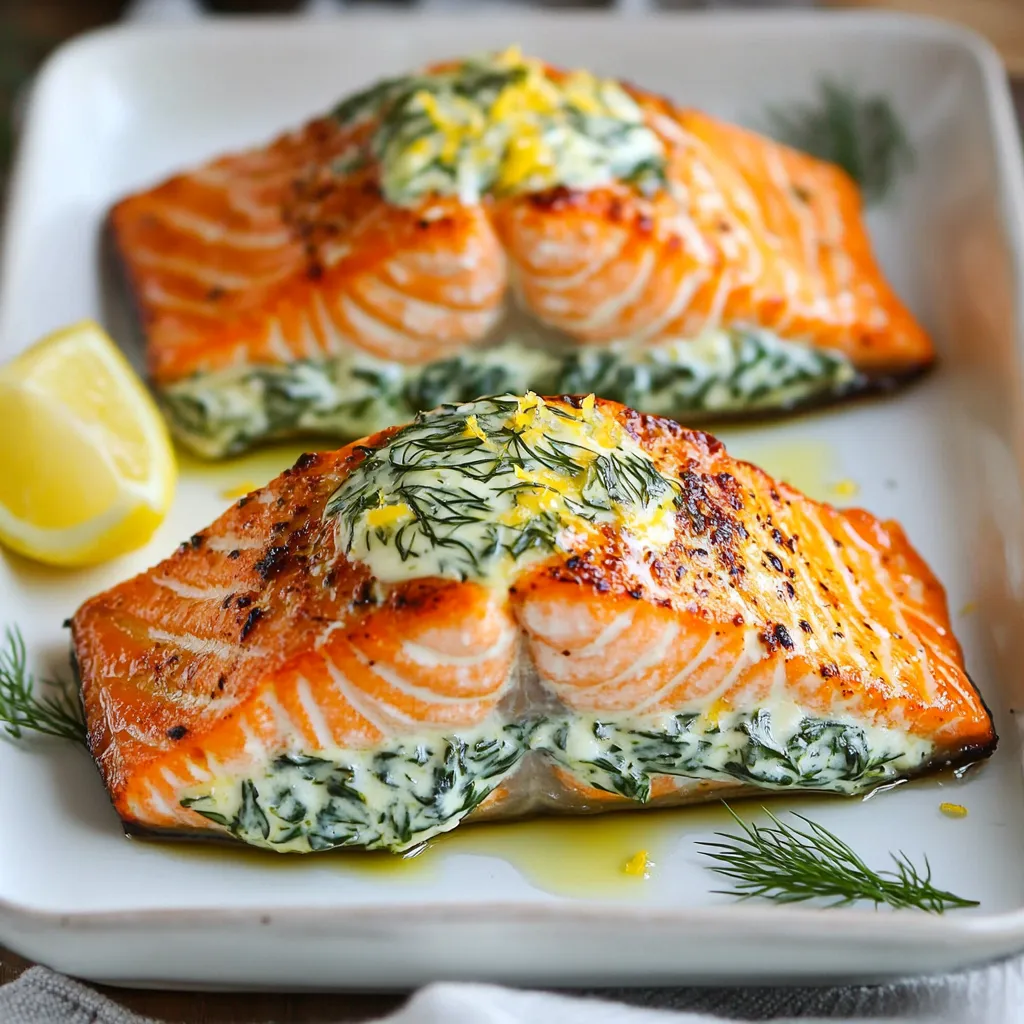 When making creamy spinach stuffed salmon, you need a few key ingredients. Each one adds to the flavor and texture of this dish. Here’s what you’ll need: - 4 salmon fillets (6 oz each) - 1 cup fresh spinach, chopped - 1 cup cream cheese, softened - 1/2 cup grated Parmesan cheese - 1/4 cup breadcrumbs - 2 cloves garlic, minced - 1 tablespoon lemon juice - 1 teaspoon dried dill - 1/2 teaspoon salt - 1/4 teaspoon black pepper - 2 tablespoons olive oil Each ingredient plays a role. The salmon provides a rich base, while the spinach and cream cheese create a delightful stuffing. The garlic adds a punch, and the lemon juice brightens the dish. Using high-quality salmon makes a big difference. Fresh spinach gives the stuffing a vibrant color and taste. Grated Parmesan adds a nice depth. Breadcrumbs help bind everything together, ensuring a perfect texture. When you gather your ingredients, keep them fresh. This will help your salmon shine. Trust me, using quality items elevates the entire meal! {{ingredient_image_1}} Setting the Oven First, preheat your oven to 375°F (190°C). This step is key to cooking the salmon evenly. Preparing the Stuffing Mixture In a mixing bowl, add the chopped spinach, softened cream cheese, grated Parmesan cheese, breadcrumbs, minced garlic, lemon juice, dill, salt, and black pepper. Mix these well until they blend into a smooth stuffing. This creamy filling makes the dish special. Creating Pockets in the Fillets Take each salmon fillet and carefully slice the top lengthwise. This cut creates a pocket for the stuffing. Make sure not to cut all the way through. This helps keep the filling inside. Filling the Salmon with Spinach Mixture Now, take the spinach mixture and fill each pocket. Use a spoon to pack it in well. The more you stuff, the better the flavor! Searing in the Skillet Heat olive oil in a skillet over medium heat. Once hot, place the stuffed salmon fillets in the skillet, skin-side down. Sear them for about 3-4 minutes until the skin gets crispy. This adds a nice crunch. Baking to Perfection Transfer the seared salmon to a baking dish. Bake in your preheated oven for 12-15 minutes. The salmon is done when it flakes easily with a fork. Let it rest for a few minutes before serving. This helps keep it juicy. - Choosing Quality Ingredients: Start with fresh salmon fillets. Look for bright color and firm texture. Fresh spinach should be vibrant green. For creaminess, use full-fat cream cheese and good-quality Parmesan. These choices make a big difference in taste. - Alternative Seasonings or Add-ins: You can add a pinch of cayenne for heat or some sun-dried tomatoes for sweetness. Fresh herbs like parsley or basil can also enhance the flavor. Experimenting helps you find your favorite mix. - Adjusting Cook Time for Thickness: Thicker salmon fillets need more time. For fillets thicker than 1 inch, add an extra 2-3 minutes when baking. Always check for doneness before serving. - Monitoring Doneness with a Fork: To check if the salmon is done, gently flake it with a fork. If it flakes easily and is opaque in the center, it’s ready. This method ensures you avoid overcooking. - Plating and Garnishing Ideas: Serve the salmon on a white plate for contrast. Drizzle with olive oil and sprinkle fresh dill or lemon zest on top. This adds color and looks appetizing. - Serving Suggestions with Side Dishes: Creamy spinach stuffed salmon pairs well with roasted vegetables or a light salad. Lemon wedges on the side add a nice touch and enhance the dish's flavors. Pro Tips Choose Fresh Salmon: Opt for wild-caught salmon if possible, as it tends to have a better flavor and texture compared to farmed varieties. Mix the Stuffing Well: Ensure that all ingredients for the stuffing are mixed thoroughly to achieve a consistent flavor in each bite. Don't Overcook: Keep an eye on the cooking time to avoid dry salmon. It should be just cooked through and flake easily. Add Extra Flavor: Consider adding a pinch of nutmeg or a dash of hot sauce to the spinach stuffing for an extra layer of flavor. {{image_2}} Different Cheeses You can change the cheese in the stuffing. Cream cheese is great, but try ricotta or goat cheese for a twist. They add different textures and flavors. If you're feeling adventurous, mix in some feta for a salty kick. Alternative Vegetables Spinach is fantastic, but don’t be shy! Swap it for kale or Swiss chard. You can even use artichoke hearts for a unique flavor. Just make sure to chop them up nicely. This keeps the stuffing creamy and delicious. Grilling vs. Baking Grilling adds a smoky taste. If you want to grill, preheat your grill. Use indirect heat to cook the salmon gently. Keep an eye on it to avoid burning. Baking is simple and keeps the fish moist. Both methods work well! Air Fryer Option The air fryer is a fun twist. Preheat it to 350°F (175°C). Place the stuffed salmon in the basket. Cook for about 10-12 minutes. You’ll get a nice crispy outside while keeping the inside creamy. It’s a quick way to enjoy this dish! Low-Carb or Keto-Friendly Suggestions For a low-carb meal, skip the breadcrumbs. Use almond flour instead. It gives a nice crunch without the carbs. You can also add nuts for extra flavor and texture. This keeps your dish tasty and healthy. Dairy-Free Adjustments If you want a dairy-free option, use a dairy-free cream cheese. There are many brands available today. You can also add nutritional yeast to give a cheesy flavor without the dairy. This way, everyone can enjoy the meal! Refrigeration Tips After you finish your creamy spinach stuffed salmon, let it cool first. Place the leftovers in an airtight container. Store them in the fridge for up to three days. Make sure to cover the dish well to keep it fresh. If you want to keep the salmon longer, freezing is a great option. Freezing Options To freeze leftovers, wrap each salmon fillet in plastic wrap. Then place them in a freezer bag. Remove as much air as you can before sealing. You can freeze the stuffed salmon for up to three months. When you're ready to eat, thaw it overnight in the fridge. Best Methods for Reheating To reheat your salmon, the oven works best. Preheat your oven to 350°F (175°C). Place the salmon on a baking sheet. Heat it for about 10-15 minutes. This keeps the salmon moist and tasty. You can also use a microwave for a quicker option. Heat on low power for one to two minutes. Avoiding Dryness To avoid dryness, cover the salmon with foil when reheating. This traps moisture and keeps the salmon tender. You can also add a splash of water or broth before reheating. This will help keep it juicy and delicious. What can I serve with creamy spinach stuffed salmon? You can pair this salmon with many sides. I love serving it with roasted veggies. A fresh salad adds a nice crunch too. You might enjoy rice or quinoa for a hearty option. Lemon wedges also brighten the plate and flavor. Can I prepare the stuffing in advance? Yes, you can! Make the stuffing the day before. Store it in your fridge until you are ready to use it. This saves time and adds convenience to your cooking. What if the salmon is overcooked? If your salmon is dry, add a sauce or a drizzle of olive oil. A squeeze of lemon juice helps too. This adds moisture and brightens the taste. How to fix bland stuffing? If the stuffing lacks flavor, try adding more seasoning. A pinch of salt or pepper can help. You can also mix in a teaspoon of herbs like thyme or basil. These add depth and make it more tasty. Can I use frozen spinach instead of fresh? Yes, you can use frozen spinach! Just thaw it first and squeeze out the water. This keeps your stuffing from getting soggy. How can I make the dish spicier? To give it heat, add red pepper flakes or cayenne pepper. You can also mix in chopped jalapeños for a fresh kick. Adjust the spice to your taste! Stuffed salmon offers a tasty blend of fresh flavors. We discussed key ingredients like fresh salmon, creamy spinach, and seasoning essentials. I shared step-by-step instructions to help you prep, stuff, and cook the salmon. Remember, quality ingredients lead to the best taste. Use these tips to customize the recipe or try other cooking methods. Whether you store leftovers or answer common questions, this dish is versatile. Enjoy your time cooking and experimenting with this delicious recipe!
