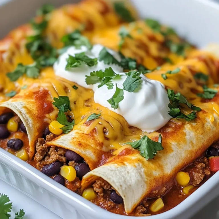- 1 lb ground beef - 8-10 medium flour tortillas - 2 cups shredded cheese (cheddar or a blend) - 1 small onion, finely chopped - 2 cloves garlic, minced - 1 can (10 oz) enchilada sauce (mild or hot) - 1 can (15 oz) black beans, drained and rinsed - 1 cup corn kernels (fresh or frozen) - 1 teaspoon chili powder - 1 teaspoon cumin - 1 teaspoon smoked paprika - Salt and pepper to taste - Sour cream - Chopped cilantro - Additional toppings like jalapeños or avocado This list of ingredients will help you create a dish that is hearty and full of flavor. The ground beef serves as the main protein, while the tortillas hold everything together. The shredded cheese adds a creamy texture when melted. Each spice enhances the dish's flavor, giving it a delicious kick. Feel free to mix and match your favorite garnishes to make your enchiladas even better! {{ingredient_image_1}} To start, heat a large skillet over medium heat. Add 1 pound of ground beef. Cook until you see no pink. Use a wooden spoon to break it apart. This step is key for even cooking. Once brown, drain any excess fat from the skillet. This helps keep your dish from being greasy. Next, add 1 small chopped onion and 2 cloves of minced garlic to the skillet. Stir and sauté until the onion looks clear. This should take about 3 to 4 minutes. The smell will be amazing! Then, mix in 1 can of drained black beans and 1 cup of corn. Add 1 teaspoon of chili powder, 1 teaspoon of cumin, and 1 teaspoon of smoked paprika. Pour in half of the enchilada sauce. Stir for another 3 to 5 minutes. Season with salt and pepper to taste. Now, it's time to fill the tortillas. Preheat your oven to 375°F (190°C). Take a tortilla and place about 1/4 cup of the beef mixture in the center. Add a sprinkle of shredded cheese. Roll it up tightly and place it seam-side down in a greased baking dish. Do this for all the tortillas until you use up the filling. Once all the tortillas are filled, pour the remaining enchilada sauce over the top. Sprinkle the rest of the cheese on top. Place the dish in your preheated oven and bake for about 20 to 25 minutes. You want the cheese to melt and bubble nicely. The aroma will fill your kitchen! To make your enchiladas stand out, adjust the spice levels to suit your taste. If you like heat, add more chili powder or try a hotter sauce. If you prefer mild flavors, go for a mild enchilada sauce. Using fresh ingredients also boosts the taste. Fresh onions, garlic, and corn bring bright flavors to your dish. You can prepare these enchiladas ahead of time. Just assemble them, cover, and refrigerate. They stay fresh for up to two days. When you’re ready to bake, just pop them in the oven. For longer storage, freeze them before baking. Wrap them tightly in foil or plastic wrap. They can last up to three months in the freezer. Pair your enchiladas with sides like rice or a fresh salad. Refried beans also make a great match. For drinks, try a cold soda or a refreshing margarita. You can also serve them with a light beer for a casual meal. Pro Tips Use Fresh Ingredients: Fresh vegetables and herbs can elevate the flavor of your enchiladas, bringing brightness to the dish. Customize the Heat: Adjust the spiciness by choosing a hotter enchilada sauce or adding diced jalapeños to the beef mixture. Cheese Choices: Experiment with different cheeses like pepper jack for a kick or a Mexican blend for a more authentic taste. Make-Ahead Meal: Prepare the filling and assemble the enchiladas a day in advance, then simply bake them when you're ready to serve. {{image_2}} You can easily swap out ground beef for other meats. Ground turkey or chicken works great. These meats are leaner but still tasty. If you want something different, try using shredded beef or pork. Both add a rich flavor. For a plant-based option, use lentils or black beans instead of meat. You can also try crumbled tofu for a protein boost. Just season it well to enhance the taste. You can choose from many enchilada sauces. A green sauce gives a fresh kick, while a mole sauce adds depth. If you like it spicy, try a chipotle sauce for a smoky flavor. You can also make your own enchilada sauce. Here’s a very simple recipe: - 1 can (15 oz) tomato sauce - 1 tablespoon chili powder - 1 teaspoon cumin - 1 teaspoon garlic powder - Salt to taste Mix these ingredients in a bowl and adjust to your taste. Homemade sauce can make your enchiladas even better. You can cook enchiladas in several ways. The stovetop method is quick. Just prepare them in a skillet and let them simmer. For a hands-off approach, try a slow cooker. Layer the tortillas, beef mixture, and sauce in the slow cooker. Cook on low for 4 hours. This method keeps everything moist and full of flavor. These variations let you enjoy enchiladas in new ways. Try them out and see what you love! After making your ground beef enchiladas, you may have some leftovers. Store them in an airtight container. This keeps them fresh for up to 3 days. Make sure to let them cool down before sealing the container. If they are still warm, steam can form and spoil the meal. If you want to save enchiladas for later, freezing works well. First, allow the enchiladas to cool completely. Then, wrap each one tightly in plastic wrap. Place the wrapped enchiladas in a freezer-safe bag or container. They can last up to 2 months in the freezer. When you're ready to eat, take them out and thaw in the fridge overnight. To reheat, bake at 350°F (175°C) for about 25 minutes. Cover them with foil to prevent drying out. To enjoy your enchiladas safely, eat them within 3 days when refrigerated. In the freezer, they can stay good for 2 months. Always check for signs of spoilage. If you see mold or smell something off, it’s best to toss them. To enhance the flavor of your enchiladas, consider adding these spices: - Chili powder - Cumin - Smoked paprika These spices give depth and warmth. You can also add more garlic or onion for a fresh taste. Mixing in some fresh herbs, like cilantro, can brighten the dish. Yes, you can use corn tortillas. They have a different texture and a slightly nutty taste. Corn tortillas are more fragile, so warm them up first. This helps prevent tearing. Flour tortillas are softer and more flexible, making them easier to roll. Try these sides for a great meal: - Mexican rice - Refried beans - Guacamole - Pico de gallo These add color and flavor to your plate. You can also serve a simple salad for freshness. You learned how to make delicious ground beef enchiladas with easy steps. We covered the essential ingredients, from tortillas to cheese, along with flavor enhancers like spices and sauce. I shared tips to elevate the taste and advice for making enchiladas ahead of time. Exploring variations lets you customize the recipe to your taste. Remember, storing leftovers properly keeps your enchiladas fresh. Enjoy your cooking and make this dish a family favorite!
