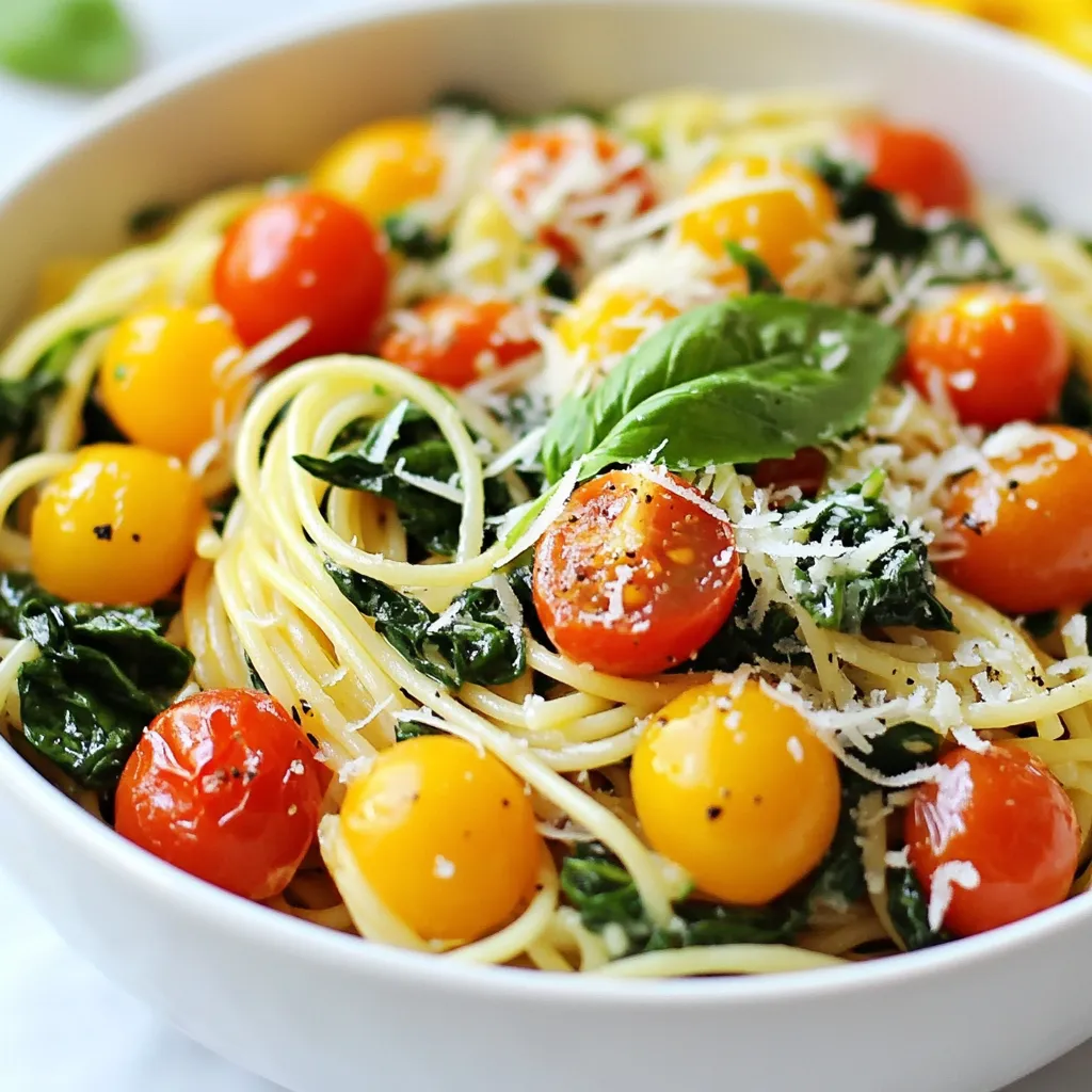 To make Quick Spinach Pasta, gather these simple ingredients: - 8 oz (225g) spaghetti or your preferred pasta - 2 cups fresh spinach, roughly chopped - 1 cup cherry tomatoes, halved - 3 cloves garlic, minced - 1 tablespoon olive oil - 1 teaspoon red pepper flakes (adjust to taste) - 1/2 cup grated Parmesan cheese (or nutritional yeast for a vegan option) - Salt and pepper to taste - Fresh basil leaves for garnish (optional) These ingredients come together quickly to create a bright and tasty dish. This meal is not only quick but also healthy. Here’s a rough estimate per serving: - Calories: 450 - Protein: 15g - Carbohydrates: 60g - Dietary Fiber: 4g - Fat: 18g The spinach adds vitamins, while tomatoes offer antioxidants. If you have any dietary needs, here are some swaps: - Gluten-Free: Use gluten-free pasta. - Vegan: Replace Parmesan with nutritional yeast. - Low-Carb: Swap pasta for zucchini noodles or spaghetti squash. - Spicy: If you like heat, add more red pepper flakes. These substitutions keep the dish flavorful while meeting your needs. {{ingredient_image_1}} Start by boiling a large pot of salted water. Once it boils, add 8 oz of spaghetti or your favorite pasta. Cook it according to the package instructions until it is al dente. This usually takes about 8 to 10 minutes. Before you drain it, save 1/2 cup of the pasta water. This water helps make the sauce later. Drain the pasta and set it aside. In the same pot, add 1 tablespoon of olive oil over medium heat. Let the oil heat for a minute. Then, add 3 minced garlic cloves and 1 teaspoon of red pepper flakes. Sauté this mixture for about 1 minute. Cook it until it smells nice, but be careful not to burn the garlic. Next, add 1 cup of halved cherry tomatoes. Cook them for 3 to 4 minutes until they soften and let out their juices. Now, stir in 2 cups of roughly chopped spinach. Cook it for about 2 to 3 minutes until it wilts. Reduce the heat to low. Add the cooked pasta back into the pot. Toss it all together, adding the reserved pasta water to create a light sauce. Finally, sprinkle in 1/2 cup of grated Parmesan cheese. Stir until it melts and mixes well. Taste and add salt and pepper as needed. Serve your dish right away. If you want, garnish with fresh basil leaves for extra flavor. To make your spinach pasta pop, focus on seasoning. Start with salt in the water. This helps the pasta taste better. Use fresh black pepper for a nice kick. Red pepper flakes add a spicy touch. You can adjust the amount to fit your taste. Taste as you go to find what you like best. A sprinkle of lemon juice brightens the dish too. For this dish, I recommend spaghetti. It holds the sauce well and adds a nice texture. You can also try other shapes like penne or fettuccine. Just remember to cook it al dente. This means it should be firm yet tender. The right pasta makes a big difference in each bite. Cooking spinach takes only a few minutes. Add it to the pot once your tomatoes are soft. Stir it in until it wilts, which is about 2-3 minutes. Don’t overcook it, or it may lose its bright green color. Perfectly cooked spinach keeps nutrients and looks great on your plate. Pro Tips Use Fresh Ingredients: Fresh spinach and ripe cherry tomatoes enhance the flavor and nutrition of your dish. Always opt for seasonal produce when possible. Perfect Pasta: To achieve the ideal texture, cook the pasta until al dente. This ensures it holds up well when tossed with the sauce. Adjusting Spice Levels: Feel free to modify the amount of red pepper flakes based on your heat preference. Start with a small amount and add more as needed. Cheese Alternatives: For a vegan option, substitute Parmesan cheese with nutritional yeast, which adds a similar cheesy flavor while keeping it plant-based. {{image_2}} You can boost your quick spinach pasta by adding protein. Try cooked chicken or shrimp for a tasty twist. If you want something plant-based, use chickpeas or lentils. These options will add flavor and make the meal more filling. Feel free to mix in other veggies. Zucchini, bell peppers, or broccoli work well. Just chop them up and add them when you cook the garlic. This gives your dish more color and nutrients. You can also use frozen vegetables for a quick option. If you're vegan, swap Parmesan cheese for nutritional yeast. This will give you that cheesy flavor without dairy. For gluten-free options, use gluten-free pasta. There are many great choices made from rice or chickpeas. Enjoy your meal without worry! To store your spinach pasta, wait for it to cool down. Place it in a clean, airtight container. You can keep it in the fridge for up to three days. If you want to save it longer, freezing is a good option. When you are ready to eat the leftovers, take them out of the fridge or freezer. If frozen, let it thaw in the fridge overnight. To reheat, use a pan on low heat. Add a splash of water or olive oil to keep it moist. Stir often until hot. You can also microwave it for a quick option. If you want to freeze the pasta, do it right after cooking. Divide it into single servings. Use freezer-safe bags or containers. Remember to label them with the date. This way, you can enjoy your quick spinach pasta later. It can last up to three months in the freezer. When ready, just follow the reheating steps above. Cooking spinach pasta takes about 20 minutes. First, boil the pasta for 8 to 10 minutes. Make sure it is al dente. While the pasta cooks, you can prepare the sauce. Sauté garlic and tomatoes for about 5 minutes. Then, add spinach and mix it all together. You can serve it right away! Yes, you can use frozen spinach. Just make sure to thaw it first. Squeeze out any extra water before adding it to the dish. Frozen spinach cooks quickly, so add it to the pan for about 2 minutes. This will help it blend well with the other flavors. Spinach pasta pairs well with many sides. You can serve it with a simple salad. A fresh green salad adds crunch. Garlic bread is another great option. It soaks up the extra sauce. You can also serve it with grilled chicken or shrimp for protein. This blog post covered ingredients, cooking steps, and helpful tips for a great spinach pasta dish. You learned about nutrition, substitutions, and how to enhance flavor. We also explored variations to suit different diets and shared storage tips for leftovers. In summary, you now have the tools to make a tasty and healthy meal. Enjoy cooking and feel free to adjust the recipe to fit your needs!