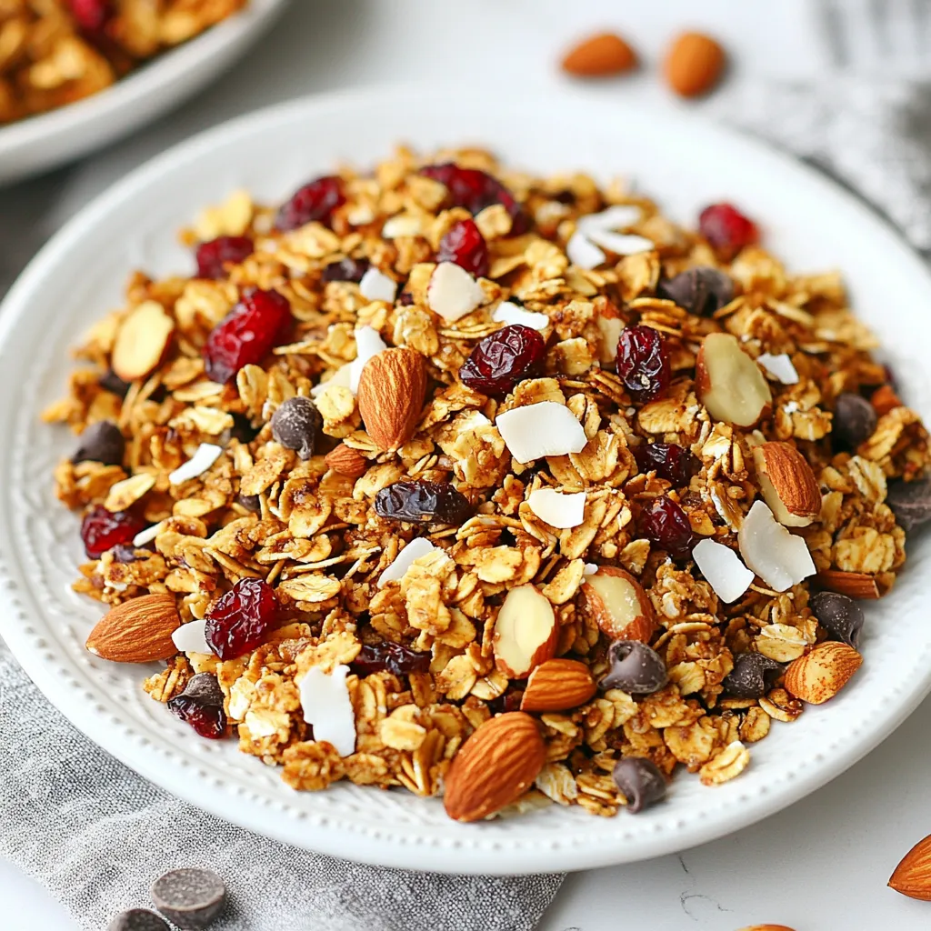 - 2 cups rolled oats - 1 cup mixed nuts (almonds, cashews, pecans) - 1/2 cup unsweetened coconut flakes - 1/2 cup maple syrup - 1/4 cup coconut oil, melted - 1/2 teaspoon vanilla extract - 1 teaspoon ground cinnamon - 1/2 teaspoon ground ginger - 1/4 teaspoon ground nutmeg - 1/4 teaspoon ground cloves - 1 cup dried cranberries - 1/2 cup dark chocolate chips (optional) - Pinch of salt The ingredients in my spiced Christmas granola make it special. I love the mix of flavors and textures. The rolled oats form a hearty base. They provide fiber and give a nice chew. Mixed nuts add crunch and healthy fats. I often use almonds, cashews, and pecans for great taste. The coconut flakes bring a tropical touch. They add sweetness and chewiness. Maple syrup acts as a natural sweetener. It also helps bind all the ingredients together. Coconut oil gives the granola a rich flavor and crispy texture. Spices like cinnamon, ginger, nutmeg, and cloves bring warmth. They create a cozy, festive flavor that feels like Christmas. Vanilla extract adds a lovely aroma, too. For a fruity touch, I add dried cranberries. They provide a nice tartness that balances the sweetness. Dark chocolate chips are optional, but they add a fun twist. A pinch of salt enhances all these flavors and makes them pop. Gather these ingredients to start making this festive treat. You’ll enjoy each crunchy bite, filled with the spirit of the season! {{ingredient_image_1}} 1. Preheat oven and prepare baking sheet First, set your oven to 325°F (160°C). This helps the granola bake evenly. Line a large baking sheet with parchment paper. This will prevent sticking and make cleanup easy. 2. Combine dry ingredients in a large mixing bowl In a large mixing bowl, add the rolled oats, mixed nuts, and coconut flakes. Then, sprinkle in the ground cinnamon, ginger, nutmeg, cloves, and a pinch of salt. Mix these dry ingredients well. You want the spices spread evenly throughout. 3. Mix wet ingredients separately In another bowl, whisk together the maple syrup, melted coconut oil, and vanilla extract. This mixture will help bind the granola and add flavor. 4. Combine wet and dry mixtures Pour the wet mixture over the dry ingredients. Stir until everything is coated. This step ensures each oat and nut gets the sweet and spiced goodness. 5. Spread granola on baking sheet and bake Spread the granola mixture evenly on your prepared baking sheet. Bake it for 25-30 minutes. Stir halfway through to help it bake evenly. Look for a golden brown color as a sign it’s ready. 6. Cool and add dried cranberries and chocolate chips After baking, remove the granola from the oven. Let it cool completely on the baking sheet. Once cool, stir in the dried cranberries and chocolate chips if you like. This adds a nice sweet touch to your granola. To get the perfect granola texture, aim for a mix of crunch and chew. Start with rolled oats. They give a hearty base. Use a mix of nuts for added crunch. Almonds, cashews, and pecans work well together. Coconut flakes add a nice chewiness, too. When you mix the dry ingredients, make sure spices are well blended. This helps to spread the flavor evenly. I like to add a pinch of salt. It brings out the sweetness of the maple syrup. Stir the mixture every 10 minutes while baking. This ensures even cooking. Feel free to add your favorite seasonal spices. Nutmeg and ginger give a warm flavor. You can also add a bit of cardamom for extra zest. Mixing in dried fruits is a great way to personalize your granola. Dried cranberries add tartness. You could also use dried apples or figs for a sweeter touch. If you want, toss in dark chocolate chips for a treat. They melt slightly and give a rich flavor. Pro Tips Customize Your Nuts: Feel free to mix and match your favorite nuts for a personalized touch. Walnuts, hazelnuts, or even pistachios can add unique flavors. Adjust the Sweetness: If you prefer a less sweet granola, reduce the amount of maple syrup. You can also substitute with honey or agave syrup if desired. Store for Freshness: To keep your granola crispy, store it in an airtight container. You can also refrigerate it for extended freshness. Mix-ins Variations: Experiment with different dried fruits like raisins, apricots, or cherries. You can also add seeds like pumpkin or sunflower for extra crunch. {{image_2}} You can change the nuts in this granola to fit your taste. If you love walnuts or hazelnuts, use them instead of mixed nuts. Each nut gives a unique flavor and texture, so feel free to mix and match. Adding seeds can also boost nutrition. Pumpkin seeds add a nice crunch and are great for protein. Sunflower seeds bring a nutty taste and extra vitamins. They both work well in this recipe and make the granola even more festive. Sweeteners change the taste of your granola. Instead of maple syrup, try honey or agave syrup for a different flavor. You can also use brown sugar for a rich, caramel-like taste. Chocolate can make your granola special too. While dark chocolate chips add a rich touch, you might like white chocolate or milk chocolate instead. Each type of chocolate brings its own sweetness and creaminess, making your granola unique and tasty. To keep your spiced Christmas granola fresh, store it in an airtight container. This helps to lock in flavor and crunch. I recommend glass jars or plastic containers with tight lids. Avoid using bags, as they allow air in, which can make the granola stale. Before sealing, make sure the granola is completely cool. Warm granola can create moisture in the container. This moisture can lead to clumping or sogginess. You can keep your granola at room temperature for up to two weeks. If you want it to last longer, consider freezing it. Frozen granola can last up to three months. Just remember to thaw it in the fridge before eating. Signs that your granola has spoiled include a stale smell or a change in texture. If it feels soft or chewy instead of crunchy, it’s time to toss it. Always trust your senses! Can I make this granola gluten-free? Yes, you can easily make this granola gluten-free. Just use certified gluten-free oats. You can also check all other ingredients for gluten-free labels. This keeps your granola safe for those with gluten sensitivities. How do I adjust the sweetness to my preference? To adjust sweetness, you can change the amount of maple syrup. If you prefer less sweetness, try using half the amount. You can also add more dried fruits, like cranberries, for natural sweetness. Taste as you go to find your perfect balance. Is it possible to make this granola vegan? Yes, this granola is vegan-friendly as it stands. The ingredients, like maple syrup and coconut oil, are plant-based. Ensure the chocolate chips you choose are dairy-free if you add those. Enjoy your tasty, vegan treat with no worries! Breakdown of calories and macros Each serving of this granola contains around 200 calories. You get about 8 grams of protein, 10 grams of healthy fats, and 25 grams of carbohydrates. This makes it a wholesome snack or breakfast option. Health benefits of the ingredients - Rolled oats: These provide fiber and can help lower cholesterol. - Nuts: They add healthy fats and protein, keeping you full longer. - Coconut flakes: These offer a bit of natural sweetness and healthy fats. - Cranberries: They are rich in antioxidants and add a tart flavor. - Spices: Cinnamon and ginger can help with digestion and have anti-inflammatory benefits. This granola is not just tasty; it packs a nutritional punch! You can create a delicious granola at home with just a few ingredients. Start by mixing oats, nuts, and spices. Combine them with wet ingredients, then bake for a healthy snack. Remember, you can customize the recipe with your favorite fruits or nuts. Store it in a sealed container for lasting freshness. Making your own granola is easy and fun. Enjoy experimenting with flavors and textures. Your homemade granola will offer taste and nutrition!