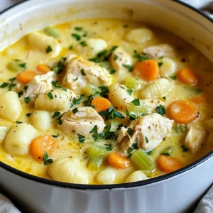 - 1 lb (450g) boneless, skinless chicken thighs, diced - 1 tablespoon olive oil - 1 medium onion, diced - 2 garlic cloves, minced - 2 carrots, diced - 2 celery stalks, diced - 4 cups chicken broth - 1 cup heavy cream - 1 lb (450g) gnocchi - 1 teaspoon dried thyme - 1 teaspoon dried rosemary - Salt and pepper to taste - 1 cup frozen peas - Fresh parsley, chopped (for garnish) The main ingredients in this One Pot Gnocchi Chicken Pot Pie work together to create a hearty dish. The chicken thighs provide rich flavor and protein. Olive oil helps brown the chicken and adds a lovely taste. Onions, garlic, carrots, and celery form the base of the dish. These vegetables give a sweet and savory flavor, which enhances the overall taste. Chicken broth adds depth, while heavy cream makes the dish creamy and comforting. The gnocchi adds a unique twist. They soak up the flavors while cooking. This makes every bite delightful. For seasonings, dried thyme and rosemary add an earthy aroma. Salt and pepper balance the flavors. Frozen peas add a pop of color and sweetness. Finally, fresh parsley brightens the dish when sprinkled on top. Each ingredient plays a key role in making this recipe a crowd-pleaser. You can feel good knowing you are using wholesome ingredients in this one-pot wonder. {{ingredient_image_1}} First, heat one tablespoon of olive oil in a large pot over medium-high heat. Once the oil is hot, add one pound of diced chicken thighs. Season the chicken with salt and pepper. Cook the chicken for about 5-7 minutes, or until it is browned on all sides. This adds flavor and texture. Once done, remove the chicken from the pot and set it aside. In the same pot, add one medium diced onion, two minced garlic cloves, two diced carrots, and two diced celery stalks. Sauté these vegetables for about 5 minutes. You want them soft but not mushy. After that, stir in one teaspoon each of dried thyme and dried rosemary. Cook for another minute, letting the herbs release their lovely aroma. Now, it’s time to bring it all together. Add the browned chicken back into the pot. Pour in four cups of chicken broth and bring it to a gentle simmer. This should take just a few moments. Next, pour in one cup of heavy cream and stir well. Then, add one pound of gnocchi to the pot, stirring to combine. Let the mixture simmer for about 5-7 minutes. The gnocchi will float to the top when they are cooked. Finally, stir in one cup of frozen peas and cook for another 2 minutes. Taste the dish and adjust the seasoning as needed. You can add more salt, pepper, or herbs. Remove the pot from heat and let it sit for a few minutes. This helps the flavors meld together. Serve directly from the pot and garnish with chopped fresh parsley for a nice touch. - Ensuring chicken is fully cooked: Always check that your chicken thighs are cooked through. They should be white and not pink inside. Use a meat thermometer if you want a precise measure. The inside should reach 165°F (75°C). This step keeps the dish safe and tasty. - Techniques for perfect gnocchi texture: To get the best texture, cook the gnocchi until they float. This usually takes about 5 to 7 minutes. Floating gnocchi means they're done! Don't overcook them, or they might become mushy. Stir gently to keep them intact without breaking. - Adding more herbs or spices: Experiment with fresh herbs like basil or chives. They add a nice touch of flavor. You can also try a pinch of paprika for a warm, earthy taste. Just sprinkle them in while cooking for the best results. - Suggestions for a spicy twist: Want some heat? Add a dash of red pepper flakes or a bit of hot sauce. This will give your dish a kick that many will love. Just be careful not to add too much at first. You can always add more if needed. Pro Tips Perfectly Cooked Gnocchi: Make sure to add the gnocchi to the pot just before serving to prevent them from becoming too soft or mushy. Flavor Boost: For a richer flavor, consider adding a splash of white wine after sautéing the vegetables before adding the broth. Vegetable Variations: Feel free to swap in your favorite vegetables like green beans or potatoes for a personalized touch. Make It Ahead: This dish can be made ahead of time and stored in the fridge. Just reheat gently on the stove, adding a splash of broth to loosen it up. {{image_2}} You can change some ingredients for your taste. For protein, try chicken breasts or turkey. Both work well and stay juicy. You can also use cooked sausage for a tasty twist. For vegetables, fresh is often better. Use fresh carrots, peas, or green beans instead of frozen. Fresh veggies give a crunch and bright flavor. If you prefer, mix in some bell peppers or zucchini for color. Want to make it gluten-free? Choose gluten-free gnocchi. Many brands offer tasty options. You can also use cornstarch or rice flour to thicken the sauce. If you want a vegetarian meal, skip the chicken. Add more veggies like mushrooms and spinach. You can also use vegetable broth instead of chicken broth. This keeps the dish rich and hearty without meat. To keep your One Pot Gnocchi Chicken Pot Pie fresh, let it cool first. Once cooled, transfer it to an airtight container. Store it in the fridge for up to three days. Label the container with the date to track freshness. If you plan to keep it longer, consider freezing it instead. When you're ready to enjoy leftovers, the best method is to reheat on the stove. Pour the pot pie into a pan over medium heat. Stir often to ensure even heating. You can also add a splash of chicken broth or cream to keep it moist. Heat until bubbly and warm, about 5 to 10 minutes. If using a microwave, place it in a microwave-safe bowl. Heat in short bursts, stirring in between, to avoid hot spots. This dish takes a total of 30 minutes to prepare and cook. You need 15 minutes for prep and 15 minutes for cooking. It’s a quick meal that you can enjoy any day of the week! Yes, you can make this recipe in advance. Store it in an airtight container in the fridge for up to three days. To reheat, use a pot on the stove over low heat. Stir it gently to keep the gnocchi from sticking. You can also add a splash of broth or cream if it seems dry. Traditional gnocchi is not gluten-free, as it is made with wheat flour. However, many stores offer gluten-free gnocchi made from rice flour or potatoes. Always check the label to be sure. You can also make your own using gluten-free flour for a safe, tasty option! This recipe uses simple ingredients for a hearty One Pot Gnocchi Chicken Pot Pie. You learned how to brown chicken and sauté veggies for great flavor. We discussed tips for perfect gnocchi, spice options, and ingredient swaps. Remember, you can adapt this dish to fit your needs. Enjoy your cooking adventure and share your delicious results with others.