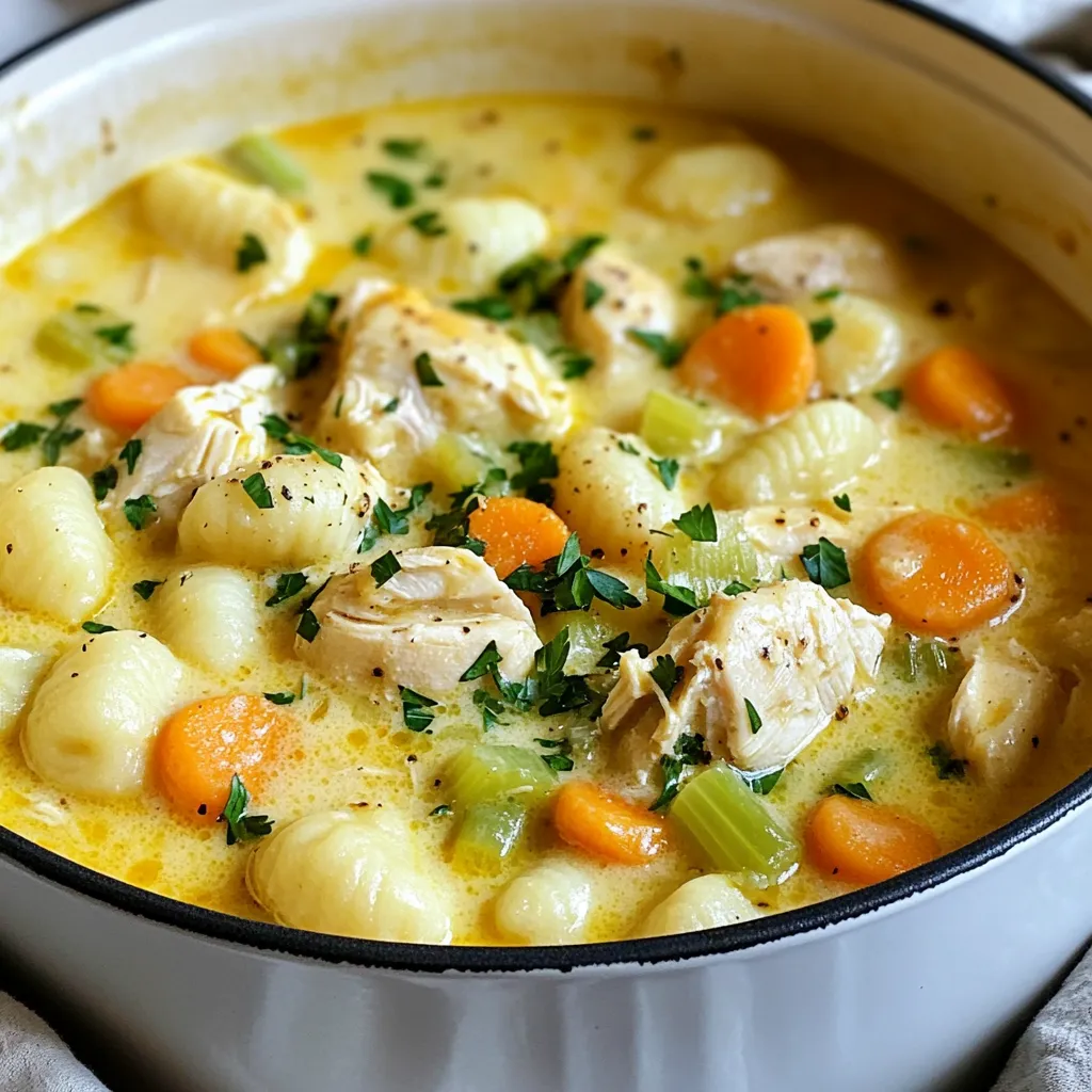 - 1 lb (450g) boneless, skinless chicken thighs, diced - 1 tablespoon olive oil - 1 medium onion, diced - 2 garlic cloves, minced - 2 carrots, diced - 2 celery stalks, diced - 4 cups chicken broth - 1 cup heavy cream - 1 lb (450g) gnocchi - 1 teaspoon dried thyme - 1 teaspoon dried rosemary - Salt and pepper to taste - 1 cup frozen peas - Fresh parsley, chopped (for garnish) The main ingredients in this One Pot Gnocchi Chicken Pot Pie work together to create a hearty dish. The chicken thighs provide rich flavor and protein. Olive oil helps brown the chicken and adds a lovely taste. Onions, garlic, carrots, and celery form the base of the dish. These vegetables give a sweet and savory flavor, which enhances the overall taste. Chicken broth adds depth, while heavy cream makes the dish creamy and comforting. The gnocchi adds a unique twist. They soak up the flavors while cooking. This makes every bite delightful. For seasonings, dried thyme and rosemary add an earthy aroma. Salt and pepper balance the flavors. Frozen peas add a pop of color and sweetness. Finally, fresh parsley brightens the dish when sprinkled on top. Each ingredient plays a key role in making this recipe a crowd-pleaser. You can feel good knowing you are using wholesome ingredients in this one-pot wonder. {{ingredient_image_1}} First, heat one tablespoon of olive oil in a large pot over medium-high heat. Once the oil is hot, add one pound of diced chicken thighs. Season the chicken with salt and pepper. Cook the chicken for about 5-7 minutes, or until it is browned on all sides. This adds flavor and texture. Once done, remove the chicken from the pot and set it aside. In the same pot, add one medium diced onion, two minced garlic cloves, two diced carrots, and two diced celery stalks. Sauté these vegetables for about 5 minutes. You want them soft but not mushy. After that, stir in one teaspoon each of dried thyme and dried rosemary. Cook for another minute, letting the herbs release their lovely aroma. Now, it’s time to bring it all together. Add the browned chicken back into the pot. Pour in four cups of chicken broth and bring it to a gentle simmer. This should take just a few moments. Next, pour in one cup of heavy cream and stir well. Then, add one pound of gnocchi to the pot, stirring to combine. Let the mixture simmer for about 5-7 minutes. The gnocchi will float to the top when they are cooked. Finally, stir in one cup of frozen peas and cook for another 2 minutes. Taste the dish and adjust the seasoning as needed. You can add more salt, pepper, or herbs. Remove the pot from heat and let it sit for a few minutes. This helps the flavors meld together. Serve directly from the pot and garnish with chopped fresh parsley for a nice touch. - Ensuring chicken is fully cooked: Always check that your chicken thighs are cooked through. They should be white and not pink inside. Use a meat thermometer if you want a precise measure. The inside should reach 165°F (75°C). This step keeps the dish safe and tasty. - Techniques for perfect gnocchi texture: To get the best texture, cook the gnocchi until they float. This usually takes about 5 to 7 minutes. Floating gnocchi means they're done! Don't overcook them, or they might become mushy. Stir gently to keep them intact without breaking. - Adding more herbs or spices: Experiment with fresh herbs like basil or chives. They add a nice touch of flavor. You can also try a pinch of paprika for a warm, earthy taste. Just sprinkle them in while cooking for the best results. - Suggestions for a spicy twist: Want some heat? Add a dash of red pepper flakes or a bit of hot sauce. This will give your dish a kick that many will love. Just be careful not to add too much at first. You can always add more if needed. Pro Tips Perfectly Cooked Gnocchi: Make sure to add the gnocchi to the pot just before serving to prevent them from becoming too soft or mushy. Flavor Boost: For a richer flavor, consider adding a splash of white wine after sautéing the vegetables before adding the broth. Vegetable Variations: Feel free to swap in your favorite vegetables like green beans or potatoes for a personalized touch. Make It Ahead: This dish can be made ahead of time and stored in the fridge. Just reheat gently on the stove, adding a splash of broth to loosen it up. {{image_2}} You can change some ingredients for your taste. For protein, try chicken breasts or turkey. Both work well and stay juicy. You can also use cooked sausage for a tasty twist. For vegetables, fresh is often better. Use fresh carrots, peas, or green beans instead of frozen. Fresh veggies give a crunch and bright flavor. If you prefer, mix in some bell peppers or zucchini for color. Want to make it gluten-free? Choose gluten-free gnocchi. Many brands offer tasty options. You can also use cornstarch or rice flour to thicken the sauce. If you want a vegetarian meal, skip the chicken. Add more veggies like mushrooms and spinach. You can also use vegetable broth instead of chicken broth. This keeps the dish rich and hearty without meat. To keep your One Pot Gnocchi Chicken Pot Pie fresh, let it cool first. Once cooled, transfer it to an airtight container. Store it in the fridge for up to three days. Label the container with the date to track freshness. If you plan to keep it longer, consider freezing it instead. When you're ready to enjoy leftovers, the best method is to reheat on the stove. Pour the pot pie into a pan over medium heat. Stir often to ensure even heating. You can also add a splash of chicken broth or cream to keep it moist. Heat until bubbly and warm, about 5 to 10 minutes. If using a microwave, place it in a microwave-safe bowl. Heat in short bursts, stirring in between, to avoid hot spots. This dish takes a total of 30 minutes to prepare and cook. You need 15 minutes for prep and 15 minutes for cooking. It’s a quick meal that you can enjoy any day of the week! Yes, you can make this recipe in advance. Store it in an airtight container in the fridge for up to three days. To reheat, use a pot on the stove over low heat. Stir it gently to keep the gnocchi from sticking. You can also add a splash of broth or cream if it seems dry. Traditional gnocchi is not gluten-free, as it is made with wheat flour. However, many stores offer gluten-free gnocchi made from rice flour or potatoes. Always check the label to be sure. You can also make your own using gluten-free flour for a safe, tasty option! This recipe uses simple ingredients for a hearty One Pot Gnocchi Chicken Pot Pie. You learned how to brown chicken and sauté veggies for great flavor. We discussed tips for perfect gnocchi, spice options, and ingredient swaps. Remember, you can adapt this dish to fit your needs. Enjoy your cooking adventure and share your delicious results with others.