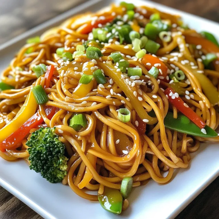 - 8 oz Lo Mein noodles - 1 tablespoon sesame oil - 2 cloves garlic, minced - 1 small onion, sliced - 1 bell pepper (red or green), thinly sliced - 1 cup broccoli florets - 1 cup snap peas - 1 carrot, julienned - 2 green onions, chopped - 3 tablespoons soy sauce - 1 tablespoon oyster sauce (optional for extra umami) - 1 teaspoon ginger, grated - Salt and pepper to taste - Sesame seeds for garnish Gathering the right ingredients is key for a great stir-fried lo mein. Start with Lo Mein noodles. They give the dish its classic chewy texture. You’ll also need sesame oil, which adds a nutty flavor. Garlic and ginger bring a fresh kick. For vegetables, I love using onion, bell pepper, broccoli, snap peas, and carrot. They add color and crunch. Soy sauce provides saltiness, while oyster sauce adds depth. You can skip the oyster sauce if you want, but I think it’s worth it. Lastly, don’t forget salt and pepper to taste, and sesame seeds for a nice finish. With these ingredients, you’re set to create a dish that’s both quick and delicious! {{ingredient_image_1}} - Boil water in a large pot. - Add 8 oz of Lo Mein noodles. Cook according to package instructions, usually 3-4 minutes. - Drain the noodles and rinse under cold water to cool. Set them aside. - Heat 1 tablespoon of sesame oil in a large wok over medium-high heat. - Add 2 cloves of minced garlic and 1 teaspoon of grated ginger. Sauté for about 30 seconds until fragrant. - Toss in 1 small sliced onion, 1 thinly sliced bell pepper, and 1 julienned carrot. - Incorporate 1 cup of broccoli florets and 1 cup of snap peas. - Cook the vegetables for about 5-7 minutes until they are tender-crisp. This method gives your dish a great texture and flavor. Each step builds on the last, making it easy to follow. Enjoy every moment of cooking! - How to avoid overcooking noodles: Cook the Lo Mein noodles for just 3-4 minutes. Drain and rinse them quickly under cold water to stop cooking. This keeps them firm. - Cooking vegetables for optimal texture: Stir-fry vegetables like bell peppers, broccoli, and snap peas for 5-7 minutes. This time keeps them tender-crisp. - Flavor balancing between soy and oyster sauce: Start with 3 tablespoons of soy sauce. Add 1 tablespoon of oyster sauce for umami. Adjust to your taste. - Recommended cookware: wok vs skillet: Use a wok for high heat and easy tossing. A skillet works too but may not allow for the same stirring ease. - Tools for easy stirring and serving: A long spatula helps mix and serve the noodles. Tongs can also make serving easier. - Best accompaniments: Serve lo mein with spring rolls or dumplings. They complement the meal well. - How to present the dish attractively: Use a large platter. Top with sesame seeds and green onions for added color and texture. Pro Tips Use Fresh Ingredients: Fresh vegetables will enhance the flavor and texture of your Lo Mein. Choose vibrant, crisp veggies for the best results. Don't Overcook Noodles: Ensure the Lo Mein noodles are cooked al dente. They will continue to cook slightly when added to the hot stir-fry. High Heat is Key: Stir-frying at a high temperature will help achieve that signature smoky flavor and keep the veggies crunchy. Customize Your Protein: Feel free to add your choice of protein, such as chicken, shrimp, or tofu, for a more satisfying meal. {{image_2}} You can easily change up the protein in your stir-fried lo mein. If you want a meat option, try adding chicken or shrimp. These proteins cook quickly and add great flavor. For a vegetarian twist, use tofu or tempeh. Both options soak up sauces well and provide a nice texture. Lo mein noodles are delicious, but you can swap them for other noodles. Try using spaghetti or rice noodles if you want something different. If gluten is a concern, look for gluten-free noodles. These will still taste great and work well in your stir fry. To make your dish even tastier, think about adding different sauces. Teriyaki or hoisin sauce can give your noodles a sweet flavor. If you like heat, sprinkle in some chili flakes or szechuan pepper. These little changes can turn a simple dish into something special. Stir-fried lo mein noodles last about 3 to 4 days in the fridge. To store them properly, place the cooled noodles in an airtight container. This keeps them fresh and prevents them from drying out. Before you eat leftovers, check for any off smells or changes in texture. Yes, you can freeze stir-fried lo mein! To do this, let the dish cool completely. Then, place it in a freezer-safe container or bag. Squeeze out any extra air to avoid freezer burn. When you’re ready to eat, thaw it overnight in the fridge. Reheat it in a pan over medium heat until hot, stirring often to ensure even warming. Preparing lo mein in advance is a great idea for quick meals. Cook a big batch and store it in portions. Use small containers for easy grab-and-go meals. Keep veggies and noodles separate if you want them fresh longer. This way, you can enjoy delicious lo mein all week! You can make Lo Mein noodles at home by mixing flour and water. Combine two cups of all-purpose flour with about three-quarters of a cup of water. Knead the dough for about five minutes. Roll it out thin and cut it into strips. Cook the noodles in boiling water for 3-4 minutes until tender. Rinse and cool before using. Yes, you can use any vegetables you like. Try bell peppers, carrots, or even zucchini. Broccoli and snap peas work great too. Just make sure to cut them into small pieces for even cooking. Be creative with seasonal veggies for added flavor and color. Lo Mein uses soft noodles, while Chow Mein uses crispy noodles. In Lo Mein, you mix the noodles with sauce and veggies. For Chow Mein, you fry the noodles until they are crunchy. Both dishes are delicious but offer different textures. Stir Fried Lo Mein can be healthy, depending on your ingredients. Using fresh veggies adds nutrients. Choose low-sodium soy sauce to cut back on salt. You can also add lean protein, like chicken or tofu, for more health benefits. Balance is key to a healthy meal. Yes! To make Stir Fried Lo Mein vegan, skip the oyster sauce. Use only soy sauce and add some extra spices for flavor. You can also add tofu for protein. This way, you can enjoy a hearty meal without any animal products. This blog post covered how to make delicious stir-fried lo mein. We explored essential ingredients, step-by-step cooking, helpful tips, variations, and storage tips. Now you have everything to prepare a tasty dish that can fit any preference. Experiment with different proteins and sauces for your unique twist. Enjoy your cooking journey, and remember, practice makes perfect! Happy eating!