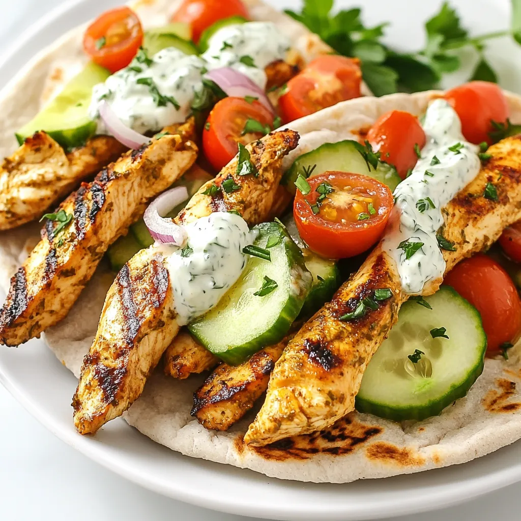 - 2 chicken breasts, boneless and skinless - 4 cloves garlic, minced - 1 tablespoon dried oregano - 1 teaspoon paprika - 1 teaspoon cumin - 1 lemon, juiced - 3 tablespoons olive oil - Salt and pepper to taste - 4 whole wheat pitas For the gyros, the main star is chicken. I use boneless, skinless chicken breasts for easy cooking. The marinade is key here. I mix minced garlic, dried oregano, paprika, cumin, lemon juice, and olive oil. This blend brings out vibrant flavors. I add salt and pepper to taste for balance. The whole wheat pitas serve as the perfect wrap, adding nutrition and a hearty feel. - 1 cup Greek yogurt - 1 cup cucumber, diced - 1 teaspoon dill (fresh or dried) The tzatziki sauce is simple but essential. I use Greek yogurt as the base. It’s thick and creamy. I add diced cucumber for crunch and freshness. Dill adds a unique taste. You can also mix in minced garlic if you want a stronger flavor. This sauce cools the dish and brightens it. - Fresh parsley - Extra toppings ideas: cherry tomatoes, red onion Garnishes can elevate your gyros. I like to sprinkle fresh parsley for a pop of color and flavor. You can also add more toppings like halved cherry tomatoes and thinly sliced red onion. These extras not only taste great but also make your gyros look appealing. {{ingredient_image_1}} In a medium bowl, combine the minced garlic, dried oregano, paprika, cumin, lemon juice, olive oil, salt, and pepper. This mix creates a tasty marinade that gives the chicken flavor. Marinating is key. It helps the chicken absorb all those great flavors. Aim for at least 30 minutes, but two hours is best. This extra time makes your chicken so much tastier. Preheat your grill or grill pan to medium-high heat. It's important to get the right temperature. This ensures the chicken cooks evenly. Once hot, add the marinated chicken. Grill each side for 6 to 8 minutes. You're looking for a golden brown color and cooked through. If the chicken is juicy and tender, you've done it right! While the chicken cooks, let’s whip up the tzatziki sauce. In a bowl, mix Greek yogurt, diced cucumber, minced garlic (if you want), dill, and a pinch of salt. Stir it all together until smooth. This sauce is cool and refreshing. Chill it in the fridge until you're ready to use it. The longer it sits, the better the flavors blend. Now it’s time to build your gyros! Warm the whole wheat pitas on the grill for about 1 minute on each side. Take a pita and pile on the grilled chicken strips. Next, add diced cucumber, halved cherry tomatoes, and sliced red onion. Drizzle tzatziki sauce on top, and garnish with fresh parsley. Fold the pita in half and enjoy. Each bite will be full of flavor! For the best taste, marinate the chicken for at least 30 minutes. If you have time, let it sit for 2 hours. This extra time helps the flavors soak into the meat. More flavor means a better gyro! To enhance flavor absorption, cut the chicken into strips. This increases the surface area, allowing the marinade to reach more meat. Also, mix the marinade well before adding the chicken. This ensures an even coating of spices. Use a grill or grill pan for cooking the chicken. Preheat it over medium-high heat. This makes sure the chicken cooks evenly and gets nice grill marks. Cook the chicken for 6 to 8 minutes on each side. Look for a golden-brown color and make sure it's fully cooked. A meat thermometer can help and should read 165°F (75°C). For a smooth tzatziki, use thick Greek yogurt. This gives the sauce a creamy texture. If it's too thick, add a little water or extra lemon juice to reach your desired consistency. If you don’t have dill, try mint or parsley as swaps. Both will add a fresh taste to your tzatziki. You can also mix in a little garlic for extra flavor. Pro Tips Marinate for Maximum Flavor: Allow the chicken to marinate for at least 2 hours, or even overnight if possible. This enhances the flavor and tenderness of the chicken. Grilling Technique: Ensure the grill is preheated to medium-high before adding the chicken. This helps achieve a nice sear and prevents sticking. Homemade Tzatziki Perfection: For a creamier tzatziki sauce, strain the yogurt beforehand to remove excess moisture. This will keep your sauce from becoming watery. Fresh Ingredients Matter: Use fresh herbs and vegetables for the best flavor and texture. Fresh parsley, dill, and ripe tomatoes make a significant difference. {{image_2}} You can swap chicken for other proteins in gyros. Try beef or lamb for a richer flavor. Pork also works well and adds a nice twist. For a lighter option, use turkey. If you want a vegetarian twist, consider grilled halloumi or marinated tofu. Both options give you a great texture and flavor. To adjust spice levels, add herbs and spices to your taste. You can boost the flavor with extra cumin or paprika. Fresh herbs like mint or cilantro can also add a nice touch. If you like heat, add red pepper flakes or a dash of cayenne. Start with a little and taste as you go. Pair your gyros with tasty side dishes. Greek salad or roasted veggies go well with gyros. You could also serve them with crispy fries for a fun meal. If you want to try different wraps, use lettuce leaves for a fresh touch. Corn tortillas or flatbreads are other great options. To keep your leftover gyros fresh, use airtight containers. This helps prevent moisture loss and keeps flavors intact. Store the gyros in the fridge for up to three days. You can easily see what you have, so there is no waste. If you want to save your gyros for later, freezing is a great option. First, wrap the cooked chicken tightly in plastic wrap. Then, place it in a freezer-safe bag. You can freeze the tzatziki sauce too. Just make sure to store it in a separate container. It keeps well for about one month. When you are ready to eat, defrost the chicken overnight in the fridge. For the tzatziki, let it thaw in the fridge as well. Reheat the chicken in a pan on low heat until warm. You can also use the microwave. Just be careful not to overheat it. Enjoy your gyros just like fresh! You can enjoy many sides with Mediterranean Chicken Gyros. Here are some popular ones: - Greek salad with tomatoes, cucumbers, and feta cheese - Roasted vegetables like zucchini and bell peppers - Crispy sweet potato fries for a tasty crunch - Pita chips with hummus for a fun dipper - Rice pilaf for a hearty addition Each side adds more flavor and texture. Choose what you love best! Yes, you can make Mediterranean Chicken Gyros ahead of time! Here are some time-saving tips: - Marinate the chicken the night before for better taste. - Grill the chicken and store it in the fridge for up to three days. - Make the tzatziki sauce a day ahead to let the flavors mix. - Warm pitas just before serving for a fresh taste. These steps can save you time on busy days! You can easily make a low-carb version of gyros! Here are some suggestions for substitutes: - Use lettuce wraps instead of pitas for a fresh bite. - Swap chicken for grilled shrimp or beef for variety. - Replace Greek yogurt with a low-fat yogurt option. - Add more veggies like bell peppers and radishes for crunch. These swaps keep the flavor while cutting down on carbs! You learned how to make tasty gyros from scratch. We covered key ingredients like chicken, tatziki sauce, and pitas. I shared step-by-step cooking tips to help you grill perfect chicken and create creamy sauce. You can even change up the spice level or try different proteins. Don’t forget about smart storage tips for leftovers. Now, you can enjoy delicious gyros any time. Happy cooking!