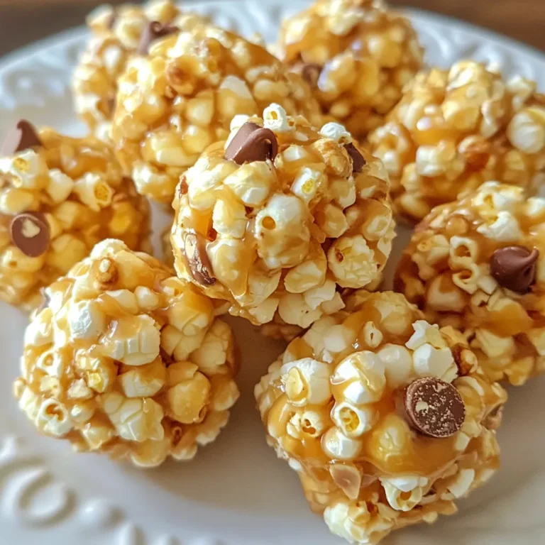 - 10 cups popped popcorn (about 1/2 cup unpopped kernels) - 1 cup granulated sugar - 1/2 cup unsalted butter - 1/4 cup light corn syrup - 1 teaspoon vanilla extract - 1/2 teaspoon baking soda - 1/4 teaspoon salt - Optional: 1 cup mini chocolate chips or chopped nuts for added texture Using unsalted butter gives you better control over the salt level. Margarine can be used, but it may change the flavor. For popcorn, use kernels that pop well. You could use air-popped or stovetop popcorn. Avoid microwave popcorn for this recipe, as it often has added flavors and chemicals. Add-ins make your popcorn balls even more fun. Try mixing in mini chocolate chips or chopped nuts. You can also use dried fruit or colorful sprinkles for a festive touch. Just remember, add them when the caramel is hot, so they stick well to the popcorn. {{ingredient_image_1}} First, you need to pop the popcorn. You can use an air popper, stove, or microwave. If using a stove, heat a pot with a little oil and add kernels. Keep the lid on, and shake the pot until popping stops. You want 10 cups of popped popcorn. Be sure to check for unpopped kernels and remove them. Place the popcorn in a large bowl. Next, we’ll make the caramel sauce. In a medium saucepan, mix together sugar, unsalted butter, corn syrup, and salt. Heat the mixture over medium heat. Stir it constantly until it starts to boil. Once it boils, stop stirring. Let it boil for 4-5 minutes. Watch for a deep golden color. When it’s ready, take it off the heat. Carefully stir in vanilla extract and baking soda. The mixture will bubble, so be careful not to burn yourself. Now, we’ll coat the popcorn. Pour the hot caramel over the popped popcorn. Use a spatula to fold it in gently. Make sure all the popcorn gets coated. If you want, this is the time to add mini chocolate chips or chopped nuts. Allow the mixture to cool for about 5 minutes. Use buttered hands to shape the popcorn into balls, about the size of a golf ball. Place the popcorn balls on a baking sheet lined with parchment paper. Bake them at 200°F for 30 minutes, stirring halfway. This helps set the caramel. Let them cool completely before serving. Enjoy your tasty treat! To keep your popcorn balls from sticking, use buttered hands. This simple trick helps the caramel slide off your hands. Also, make sure your popcorn is fresh and dry. If the popcorn is damp, it will clump together. Mixing in some mini chocolate chips or nuts can add texture and help break up clumps. Lastly, let the mixture cool enough before shaping. If it's too hot, it will be sticky. When melting caramel, use a medium saucepan over medium heat. Stir the mix of sugar, butter, corn syrup, and salt constantly until it boils. Once it starts to boil, stop stirring. Let it bubble for 4-5 minutes. This helps the caramel reach a deep golden color. Be careful during this step; the hot caramel can bubble up fast. After removing it from heat, add the vanilla extract and baking soda. This step adds flavor and lightens the caramel. Timing is key for great popcorn balls. After pouring the caramel over the popcorn, mix gently but quickly. You want to coat all the popcorn before it cools too much. Shape the popcorn into balls while it’s still warm, but not too hot. Bake the balls for 30 minutes to set the caramel. Stir them halfway to ensure even cooking. This step gives the popcorn balls a nice crunch. Let them cool completely before enjoying or storing. Pro Tips Tip for Perfect Popcorn: Use high-quality popcorn kernels to ensure even popping. Store them in a cool, dry place to maintain freshness and optimal popping results. Be Cautious with Caramel: When boiling the sugar mixture, watch it closely to prevent burning. Use a candy thermometer to ensure the caramel reaches the right temperature for the perfect consistency. Butter Your Hands: Lightly buttering your hands before shaping the popcorn balls will prevent the caramel from sticking to your fingers, making the process easier and cleaner. Storage Tips: Store the popcorn balls in an airtight container at room temperature to maintain their crispness. Avoid refrigerating, as it can make them chewy. {{image_2}} You can add a fun twist to your caramel popcorn balls by making them chocolate-covered. After you shape the popcorn into balls, melt some chocolate chips in a bowl. Dip each popcorn ball into the melted chocolate, letting the excess drip off. Place the chocolate-covered balls on parchment paper to set. This adds a rich flavor and a nice crunch. It’s a great way to make these treats even more special for parties or movie nights! If you love nuts, try making nutty caramel popcorn balls. You can mix in chopped nuts like peanuts, almonds, or walnuts into the popcorn before adding the caramel. This adds a crunchy texture and a nutty flavor that pairs well with caramel. Just be sure to chop the nuts into smaller pieces. This way, they mix well and help form the balls without falling apart. You can also switch up the flavors to match the season. For fall, add a teaspoon of pumpkin spice to the caramel mixture. This gives a warm, cozy taste that’s perfect for autumn. In winter, a dash of cinnamon can give your popcorn balls a festive touch. You can even try adding a pinch of peppermint extract for a refreshing winter flavor. With these seasonal flavors, your caramel popcorn balls can be a hit all year round! To keep your caramel popcorn balls fresh, wait until they cool completely. Place the balls in a single layer on a plate for a few hours. After they cool, you can stack them. Just make sure to place parchment paper between the layers. This prevents sticking. Caramel popcorn balls last about a week at room temperature. Store them in a cool, dry place. If you want to keep them longer, freeze them. Wrap each ball in plastic wrap, then place them in a freezer bag. They can stay in the freezer for up to three months. When ready to eat, let them thaw at room temperature. For best results, use airtight containers. Glass jars or plastic bins work well. Make sure the lid seals tightly. This keeps the popcorn balls fresh and prevents them from getting stale. Avoid containers that let air in, as this can ruin the texture. Yes, you can use microwave popcorn. Just make sure to pick a plain flavor. Avoid buttered popcorn. The extra fat can make the caramel slide off the popcorn. Popcorn should be fresh and free of unpopped kernels. This way, it will hold the caramel better. You can use honey or maple syrup as a corn syrup substitute. Both options work well. They add a unique flavor twist. Just keep in mind that honey will make the caramel a bit darker. Adjust the amount slightly if using these substitutes, as they are sweeter. To make caramel popcorn balls healthier, consider reducing the sugar. You can use less sugar or a sugar substitute. Also, use air-popped popcorn instead of oil-popped. Adding nuts or seeds can boost nutrition too. They add healthy fats and protein. Yes, caramel popcorn balls are gluten-free. Popcorn itself is a gluten-free grain. Ensure your caramel sauce contains no gluten ingredients. This way, everyone can enjoy this tasty treat without worry. Always check labels if you are unsure. You learned how to make tasty caramel popcorn balls with this guide. We covered ingredients, easy steps, and handy tips. Experiment with flavors like chocolate or nuts for fun twists. Store them right to keep them fresh. With these tips, you can enjoy yummy snacks at home. Making popcorn balls can be a fun treat for everyone. Dive in and enjoy your sweet creations!