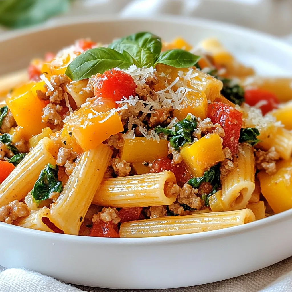 - 1 pound ground turkey - 12 ounces whole wheat pasta (penne or fusilli) - 1 medium onion, finely chopped - 3 cloves garlic, minced - 1 bell pepper (red or yellow), diced - 1 can (14.5 ounces) diced tomatoes - 1 cup spinach leaves, roughly chopped - Fresh basil leaves, for garnish - Grated Parmesan cheese, for serving - ½ teaspoon red pepper flakes (adjust to taste) - 1 teaspoon dried oregano - 1 teaspoon paprika - 2 tablespoons olive oil - Salt and pepper to taste {{ingredient_image_1}} Start by boiling a large pot of water. Add a good amount of salt to this water. This step helps flavor the pasta. Once the water bubbles, add 12 ounces of whole wheat pasta. Cook it according to the package instructions until it is al dente. This usually takes about 8 to 10 minutes. After cooking, drain the pasta in a colander. Be sure to save about 1 cup of the pasta water for later. In a large skillet, heat 2 tablespoons of olive oil over medium heat. Once the oil is hot, add 1 pound of ground turkey. Cook the turkey for about 5 to 7 minutes. Break it apart with a spatula as it cooks. You want it to brown nicely. While cooking, season the turkey with salt and pepper. This adds flavor right from the start. Next, add the finely chopped onion and diced bell pepper to the skillet. Sauté these for about 4 to 5 minutes. You want them to soften but not lose their color. Then, stir in 3 cloves of minced garlic. Cook for another minute until it smells great. Pour in one can of diced tomatoes, including the juices. Add 1 teaspoon of dried oregano, 1 teaspoon of paprika, and ½ teaspoon of red pepper flakes. Mix it all well and let it simmer for about 5 minutes. This helps the flavors blend together nicely. - Ensuring perfect al dente pasta: Start by boiling water in a large pot. Add a good amount of salt. Cook the pasta just until it’s firm to the bite. Check the package for cooking time. Remember, you want it al dente, not mushy. - Browning ground turkey effectively: Use medium heat to cook the turkey. Break it apart with a spatula as it cooks. Let it sit for a moment to get a nice brown color. This step adds great flavor to your dish. - Adjusting spice levels: You can tweak the heat by using more or less red pepper flakes. If you like it hot, add a bit more. If you prefer milder flavors, cut back on the spice. - Adding herbs for freshness: Fresh basil is a star in this dish. Chop it up and stir it in right before serving. It brightens the flavors and adds a lovely aroma. - Pairing with sides or salad: This pasta goes great with a simple green salad. A side of garlic bread also works well. These sides balance the meal and add variety. - Presentation ideas with garnishes: To make your dish look special, sprinkle grated Parmesan cheese on top. Add fresh basil leaves for color. A colorful plate makes the meal more inviting. Pro Tips Use Lean Turkey: Opt for lean ground turkey to keep the dish healthy and reduce excess fat while still enjoying great flavor. Add More Veggies: Feel free to toss in additional vegetables like zucchini or mushrooms for extra nutrition and texture. Fresh Herbs Boost Flavor: Incorporate fresh herbs like parsley or thyme for an aromatic enhancement that elevates the dish. Store Leftovers Properly: Keep any leftovers in an airtight container in the fridge for up to 3 days for a quick and convenient meal. {{image_2}} You can easily change the ground turkey in the recipe. Try using ground chicken, beef, or even pork. Each meat brings a different flavor to the dish. If you prefer something leaner, turkey is a great choice. For those who need gluten-free options, swap the whole wheat pasta for brown rice or gluten-free pasta. Both will work well and keep the taste delicious. Adding different veggies can make this dish even better. Try mushrooms, zucchini, or carrots. They bring extra color and nutrition to your meal. You can also add canned beans or lentils for more protein. This makes the dish heartier and more filling. If you're looking to lower carbs, use spiralized vegetables like zucchini or squash instead of pasta. This makes a light and fresh dish. For vegan or vegetarian options, skip the turkey and use a plant-based ground meat. You can also add extra beans for protein. This way, you keep the dish tasty and nutritious. After cooking your ground turkey pasta, let it cool down. Store leftovers in an airtight container. This keeps the flavors fresh and the dish safe to eat. In the fridge, it lasts about 3 to 4 days. Always check for signs of spoilage before eating. To freeze your pasta, let it cool completely. Place it in freezer-safe bags or containers. Make sure to remove as much air as possible. This helps prevent freezer burn. It can last in the freezer for up to 3 months. When you're ready to eat it, thaw it overnight in the fridge. Reheat it gently on the stove or in the microwave. Add a splash of water to keep it moist. For easy meal prep, you can cook a big batch of this pasta. Portion it into single servings. This makes it easy to grab for lunch or dinner. You can also prep the turkey and veggies in advance. Store them in separate containers in the fridge. When you're ready to cook, just combine everything and heat it up. You can use ground chicken, ground beef, or ground pork. Each option gives a different taste and texture. Ground chicken is lean like turkey. Ground beef adds more flavor. Ground pork brings a bit of sweetness. If you want to keep it meat-free, try lentils or mushrooms. Both options add great texture and flavor. Yes, you can prep this dish ahead. Cook the pasta and sauce separately. Store them in airtight containers. Keep the pasta and sauce in the fridge for up to three days. When ready to eat, just heat them together on the stove. Add a splash of pasta water to keep it moist. This saves time on busy days! To spice things up, add more red pepper flakes. You can also mix in some diced jalapeños or a splash of hot sauce. If you like it really hot, try adding fresh chili peppers. Just remember to start with a little, then taste it. You can always add more heat! This blog post covered a simple yet delicious recipe featuring ground turkey, whole wheat pasta, and fresh veggies. I shared step-by-step instructions for cooking, along with tips to enhance flavor and variations for different diets. Remember, making this dish your own is easy. Use your favorite ingredients and adjust seasonings to match your taste. Whether you meal prep or enjoy it fresh, this recipe is perfect for any occasion. Get ready to enjoy a healthy, tasty meal you’ve made yourself!