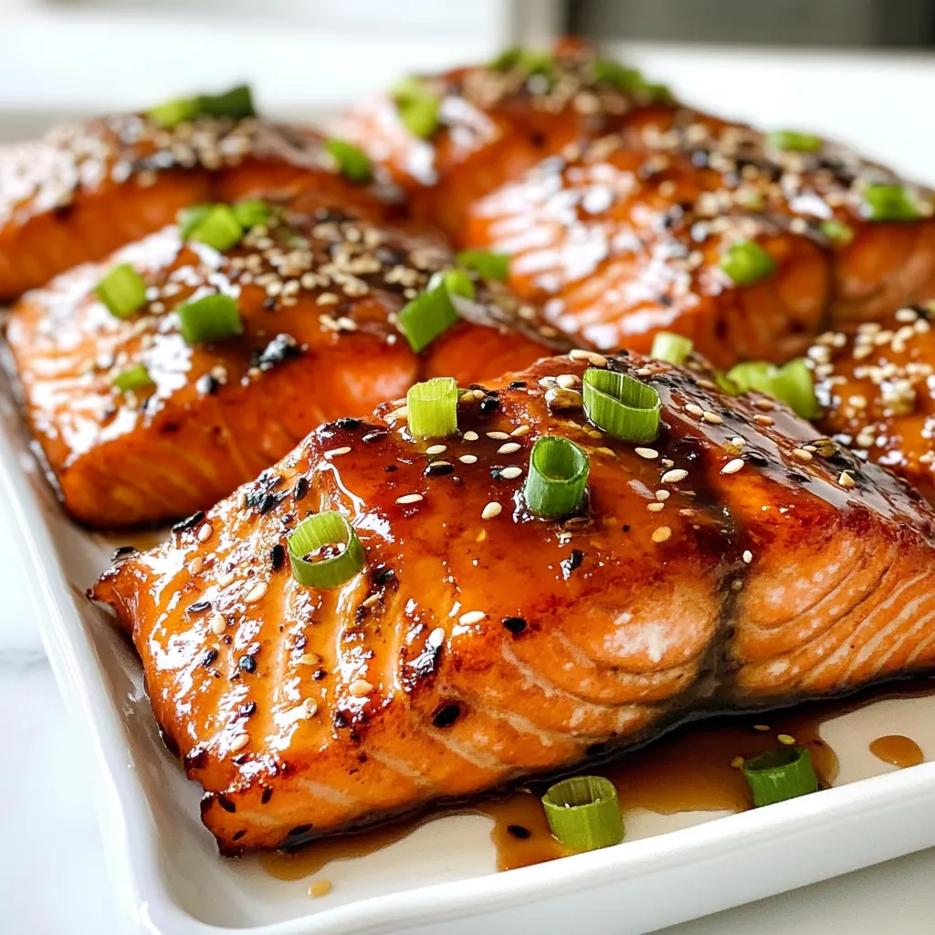 - 4 salmon fillets - 1/4 cup honey - 2 tablespoons soy sauce - 1 tablespoon Dijon mustard - 2 tablespoons olive oil - 2 cloves garlic - 1 teaspoon fresh ginger - Salt and pepper - Green onions for garnish - Sesame seeds for garnish The main ingredients for honey glazed salmon are simple yet flavorful. You start with fresh salmon fillets, which are rich in omega-3 fatty acids. Honey adds a sweet touch, while soy sauce provides a savory kick. Dijon mustard gives the dish depth, and olive oil keeps everything moist. Garlic and ginger bring warmth and spice to the mix. This dish is not just tasty; it's also good for you. Each serving has about 300 calories. You'll find protein, healthy fats, and various vitamins. Salmon offers vitamin D and B12. Honey gives you quick energy, while ginger may help digestion. This meal keeps you satisfied without weighing you down. - Baking sheet - Mixing bowl - Whisk - Resealable plastic bag To make this recipe easy, gather a few tools. A mixing bowl is great for whisking the marinade. Use a whisk to blend the honey, soy sauce, and other ingredients well. A resealable plastic bag helps coat the salmon evenly. Finally, a baking sheet will hold your salmon in the oven. These tools make cooking smooth and fun! {{ingredient_image_1}} To start, grab a bowl. In it, whisk together these ingredients: - 1/4 cup honey - 2 tablespoons soy sauce - 1 tablespoon Dijon mustard - 2 tablespoons olive oil - 2 cloves garlic, minced - 1 teaspoon fresh ginger, grated Mix until everything is smooth. This blend gives the salmon its sweet and savory taste. Make sure to coat every piece well when you add the salmon. Next, you will need to marinate the salmon. You can use a shallow dish or a resealable plastic bag. Place the salmon fillets inside. Pour the marinade over them. It should cover each fillet completely. For the best flavor, let them marinate for at least 30 minutes. If you have time, go for 2 hours in the fridge. This wait gives the salmon a deeper flavor. Before cooking, preheat your oven to 400°F (200°C). This step is key for getting the right texture. After the oven is ready, remove the salmon from the marinade. Place the fillets skin-side down on a lined baking sheet. Save the marinade for later; you will use it to baste the salmon. Bake for about 12-15 minutes. Check the salmon by seeing if it flakes easily with a fork. In the last 5 minutes, brush the salmon with the reserved marinade for a nice glaze. To get the best glaze, timing is key. Brush the marinade on the salmon during the last five minutes of baking. This step helps create a nice, shiny finish. The sugars in the honey will caramelize, giving the salmon a sweet and sticky layer. You want to watch it closely so it doesn’t burn. Cook the salmon at 400°F (200°C). This heat keeps the salmon tender and moist. If you use a convection oven, you may lower the temperature by about 25°F. Always check the salmon's internal temperature. It should reach 145°F for safe eating. Pair your salmon with sides like steamed vegetables or fluffy rice. Bright green veggies add color to your plate. For a nice touch, garnish the salmon with sliced green onions and a sprinkle of sesame seeds. This adds flavor and makes it look fancy. Use a white plate for a clean look that highlights the dish’s colors. Pro Tips Use Fresh Ingredients: Fresh salmon, garlic, and ginger will enhance the flavor of your dish significantly. Always opt for fresh over frozen when possible. Don't Overcook the Salmon: Salmon is best when it’s cooked to medium. Remove it from the oven when it flakes easily with a fork to ensure it remains moist and tender. Experiment with Marinade Time: While 30 minutes is enough, marinating the salmon for up to 2 hours can deepen the flavor profile. Just be careful not to exceed this time as the fish can become mushy. Add a Citrus Twist: For a bright flavor, consider adding a splash of lemon or lime juice to the marinade before applying it to the salmon. {{image_2}} You can change the honey glaze to make it even better! Here are two fun ideas: - Citrus-infused honey glaze: Add fresh orange or lemon juice. This brings a bright, zesty taste. - Spicy honey glaze with chili flakes: Mix in chili flakes for heat. It gives your salmon a nice kick. You have a few ways to cook your salmon. Each method brings out different flavors: - Grilling vs. baking: Grilling gives a smoky taste. Baking is easy and keeps the salmon moist. - Pan-searing and broiling options: Pan-searing creates a crispy skin. Broiling cooks the top quickly for a nice finish. What goes well with honey glazed salmon? You can pair it with several tasty sides: - Suggested vegetable combinations: Try steamed broccoli, asparagus, or green beans. These veggies add color and crunch. - Rice and grain alternatives: Serve with jasmine rice, quinoa, or farro. These grains soak up the sauce nicely and make your meal complete. To keep your honey glazed salmon fresh, follow these steps: - Refrigeration guidelines: Place leftovers in an airtight container. They stay good for about 3 days in the fridge. - Freezing salmon for future use: If you want to keep it longer, wrap the salmon tightly in plastic wrap, then place it in a freezer bag. Frozen salmon lasts for up to 3 months. When you’re ready to enjoy the rest of your meal, here’s how to do it right: - Best practices for maintaining flavor and texture: Reheat salmon in the oven at 350°F (175°C). This method keeps the fish moist. - Avoiding overcooking during reheating: Check the salmon at 10 minutes. You want it warm but not dry. Knowing how long your salmon lasts is key: - Expected duration for refrigerated and frozen salmon: In the fridge, eat it within 3 days. In the freezer, use it within 3 months for the best taste. You can use coconut aminos for a gluten-free option. It has a slightly sweet taste. Another option is tamari, which is also gluten-free. If you want a lower sodium choice, look for low-sodium soy sauce. Some people like using liquid aminos too. These substitutes work well in marinades and sauces. Check the salmon color. It should change from bright pink to a lighter shade. The fish will also flake easily when you use a fork. You can check the internal temperature, too. It should be around 145°F (63°C). If it’s firm to the touch, it’s done. Let it rest for a few minutes before serving. Yes, you can use frozen salmon. Just make sure to thaw it first. You can thaw it in the fridge overnight or under cold water. Cooking time may vary for frozen salmon. It might take a few extra minutes to cook through. Always check for doneness before serving. This blog post covered a delicious salmon recipe. We discussed essential ingredients and provided nutritional details. You learned how to prepare and marinate the salmon for great flavor. I shared tips for achieving a perfect glaze, cooking temperature, and serving ideas. Plus, we explored variations and storage guidelines. Cooking salmon can be simple and fun. With these methods, you can easily create a meal that impresses. Enjoy trying these ideas and make your next dinner special!