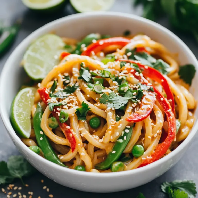 - 200g udon noodles - 3 tablespoons creamy peanut butter - 2 tablespoons soy sauce - 1 tablespoon rice vinegar - 1 tablespoon sesame oil - 1 tablespoon honey or maple syrup The main ingredients make the dish rich and tasty. Udon noodles are thick and chewy, which gives a great base for the meal. The peanut butter adds creaminess and depth. Soy sauce gives it umami flavor, while rice vinegar adds a touch of acidity. Sesame oil brings a nutty taste that rounds it all out. You can use honey or maple syrup to add a hint of sweetness, balancing the flavors nicely. - 1 red bell pepper, thinly sliced - 1 cup snap peas, trimmed - 2 green onions, sliced - 1 tablespoon sesame seeds - Fresh cilantro for garnish (optional) - Lime wedges for serving Fresh veggies add color and crunch. Red bell pepper offers sweetness, while snap peas bring a nice crisp texture. Green onions add a mild onion flavor. Sesame seeds give a little crunch and a nutty taste. I like to use fresh cilantro as a garnish; it adds a burst of freshness. Lime wedges are perfect for squeezing over the dish, giving it a bright flavor boost. {{ingredient_image_1}} - Boiling and Cooking Time: Start by bringing a large pot of water to a boil. Add the udon noodles. Cook them for about 4-5 minutes. They should be tender but not mushy. - Rinsing for Texture: After cooking, drain the noodles. Rinse them under cold water. This stops the cooking process and keeps them firm. - Whisking Techniques: In a medium bowl, add creamy peanut butter, soy sauce, rice vinegar, sesame oil, and honey. Use a whisk to blend everything until it’s smooth. - Adjusting Sauce Consistency: If the sauce is too thick, add a little water. Mix again until you reach your desired thickness. - Cooking Times for Tenderness: Heat a teaspoon of sesame oil in a large skillet over medium heat. Add the red bell pepper and snap peas. Sauté them for about 3-4 minutes. They should be tender but still crunchy. - Best Practices for Crisp Vegetables: Keep stirring the veggies often. This helps them cook evenly and stay bright in color. - Tossing Techniques for Even Coating: Once the vegetables are ready, add the cooked udon noodles to the skillet. Pour the peanut sauce over the noodles. Use tongs to gently toss everything. Make sure each noodle gets coated. - Final Heating Steps: Cook everything together for another 2-3 minutes. Heat it until warm throughout. - Serving Suggestions: Serve your noodles in a shallow bowl. Arrange them in a nest shape for a nice look. - Garnishing Ideas: Top with sliced green onions and sesame seeds. If you like, add fresh cilantro and serve with lime wedges. This adds a fresh and zesty touch! To create the best peanut sauce, start by adjusting heat levels. If you like spice, add a dash of chili flakes or a touch of sriracha. This will bring warmth and depth to your dish. You can also mix in garlic or ginger for extra flavor. For flavor enhancements, consider adding lime juice or zest. This brightens the sauce and adds a fresh taste. If you prefer a sweeter sauce, increase the honey or maple syrup. This balance of sweet and savory makes a big difference. If you don’t have udon noodles, try using rice noodles or whole wheat noodles. Both will work well in this recipe. They offer different textures but will still taste great. For vegetables, you can switch the red bell pepper and snap peas with broccoli or carrots. These options add crunch and color. Feel free to mix in any veggies you have on hand. To make ahead, prepare the sauce and chop your veggies in advance. Store them in airtight containers. This cuts down on cooking time during busy days. Just cook the noodles and toss everything together when ready to eat. For storing leftovers, keep them in the fridge in a sealed container. The noodles stay fresh for about three days. Reheat them in a pan or in the microwave when you want to enjoy your meal again. Pro Tips Perfect Pasta Texture: Make sure to rinse the udon noodles under cold water after cooking to stop the cooking process and maintain their chewy texture. Customize the Sauce: Feel free to adjust the peanut sauce ingredients according to your taste. Adding a pinch of chili flakes can give it a spicy kick! Vegetable Variations: You can substitute or add vegetables like carrots, broccoli, or zucchini for extra color and nutrition. Garnish for Flavor: Fresh herbs like cilantro or basil can elevate the dish. Don’t skip the lime wedges; they add a refreshing tang! {{image_2}} - Ingredient Alternatives: Use almond butter or sunflower seed butter instead of peanut butter. Swap honey for maple syrup to keep it vegan. - Flavorful Add-ins: Add mushrooms or spinach for extra flavor and nutrients. Try tofu for a protein boost. - Adding Heat with Spices: Sprinkle red pepper flakes into the sauce for warmth. A dash of cayenne pepper adds a nice kick. - Suggested Chili Sauces: Use sriracha or chili garlic sauce for a spicy twist. These sauces mix well with the peanut flavor. - Incorporating Tofu or Chicken: Add cubed firm tofu for a vegan protein source. For meat lovers, cooked chicken breast works great. - Cooking Proteins with the Vegetables: Sauté your protein in the skillet before adding the veggies. This way, it absorbs all the tasty flavors. To keep your leftover noodles fresh, store them in the fridge. Place the noodles in an airtight container. This keeps moisture in and prevents drying out. - Use a container with a tight lid. - Layer parchment paper between noodles to absorb excess moisture. If you want to save noodles for later, freezing is a great option. Here’s how to do it right: - Cook the noodles and let them cool completely. - Place them in a freezer-safe bag. Remove as much air as possible. - Label the bag with the date. This helps you track how long they’ve been frozen. To thaw the noodles, take them out of the freezer. Leave them in the fridge overnight or run them under cold water. Reheat them gently in a pan or microwave. Your leftover noodles can last in the fridge for about three days. After that, they might spoil. Here are some signs to watch for: - Look for a sour smell or off color. - Check for slimy texture or mold. - If you see any of these signs, throw them away. Eating spoiled food can make you sick. Udon noodles typically cook in about 4 to 5 minutes. You should boil them in a large pot of water. Check the package for specific times. Once cooked, drain and rinse them under cold water. This stops the cooking and helps keep the noodles firm. Yes, you can use other nut butters. Almond butter or cashew butter works well. Each nut butter gives a different flavor. If you like sunflower seeds, try sunflower seed butter for a nut-free option. Just make sure the texture is creamy for the sauce. Most udon noodles contain wheat, so they are not gluten-free. If you need gluten-free noodles, look for rice noodles or gluten-free udon noodles. These options will keep the dish tasty while meeting dietary needs. You can add many proteins to your peanut udon noodles. Tofu is a great option; it soaks up flavor well. Cook it with the veggies for a crispy texture. Chicken or shrimp can also be good additions. Cook them until they are fully done before mixing them in. To spice up the peanut sauce, add some sriracha or chili paste. Start with a small amount and taste as you go. You can also add red pepper flakes for a bit of heat. This will give your dish a nice kick without overwhelming the peanut flavor. Peanut udon noodles are a simple and tasty meal. You learned about the key ingredients and step-by-step cooking methods. Cooking tips help you avoid common mistakes. You can also customize your dish with fun variations and easy substitutes. In the end, this dish is perfect for any occasion. Enjoy your meal prep and share it with friends. With these insights, you can make delicious peanut udon noodles any time. Happy cooking!