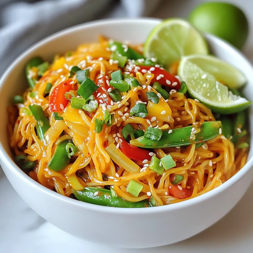 - 8 oz rice noodles - 4 tablespoons sweet chili sauce - 2 tablespoons soy sauce - 1 cup snap peas, trimmed - 1 red bell pepper, sliced thin - 2 green onions, chopped - 2 tablespoons sesame oil - 3 cloves garlic, minced - 1 teaspoon fresh ginger, grated - Sesame seeds for garnish - Lime wedges for serving You need rice noodles for the base. They give the dish a nice texture. Sweet chili sauce adds a sweet and spicy kick. Soy sauce brings in a savory taste. Next, add fresh veggies. Snap peas add crunch. Red bell pepper gives color and sweetness. Green onions add a fresh bite. For flavor, sesame oil, minced garlic, and grated ginger work wonders. They create a fragrant base. Finally, sesame seeds and lime wedges are great for garnish. They add a nice touch when serving. {{ingredient_image_1}} To cook rice noodles, start by boiling water in a pot. When it bubbles, add the noodles. Let them cook as per the package guide, usually about 4 to 6 minutes. You want them soft but not mushy. After cooking, drain the noodles. Rinse them under cold water to stop the cooking. Rinsing helps the noodles stay separate and not stick together. Next, heat 2 tablespoons of sesame oil in a large skillet or wok over medium heat. Once hot, add 3 cloves of minced garlic and 1 teaspoon of grated ginger. Stir for about 30 seconds. You want them fragrant but not brown. This step brings out their flavors. Then, toss in 1 cup of trimmed snap peas and 1 thinly sliced red bell pepper. Cook for 2 to 3 minutes until the veggies are bright and a bit tender. Now, it's time to bring it all together. Add the cooked rice noodles to the skillet. Pour in 4 tablespoons of sweet chili sauce and 2 tablespoons of soy sauce. Toss everything well to coat the noodles in the sauce. Cook for another 2 to 3 minutes to heat through. Make sure the noodles are warm and the sauce is evenly mixed. Finally, stir in 2 chopped green onions right before serving. Enjoy the vibrant colors and flavors! To make these noodles even better, you can add chili flakes. This gives your dish a nice kick. If you want more sweetness, just add more sweet chili sauce. This helps balance the flavors. Taste as you go to find your ideal mix. Use a non-stick skillet or a wok for best results. These help cook the noodles evenly without sticking. To save time, prep your ingredients ahead. Chop your veggies and measure sauces before you start cooking. This makes the process quick and easy. Pair your sweet chili garlic noodles with proteins like chicken or shrimp. This adds heartiness to your meal. For a fun touch, serve the noodles in bowls. You can layer them with fresh veggies and top with sesame seeds for a pretty presentation. Don’t forget lime wedges on the side for extra flavor! Pro Tips Use Fresh Ingredients: Fresh garlic and ginger will enhance the flavor of your noodles, making them more aromatic and delicious. Customize the Heat: Adjust the amount of sweet chili sauce according to your spice preference; add more for extra heat or less for a milder taste. Add Protein: For a heartier meal, consider adding cooked shrimp, chicken, or tofu to the noodles for added protein and texture. Garnish Creatively: Experiment with different garnishes like chopped cilantro or crushed peanuts for added flavor and crunch. {{image_2}} If you want to change up the rice noodles, you have options. You can use egg noodles or whole wheat noodles instead. Both work well and still taste great. For a gluten-free choice, try using rice vermicelli or quinoa noodles. They give a nice flavor and texture. Adding fresh herbs can change the whole dish. I love using cilantro or basil for a bright taste. You can also try other sauces. For example, add hoisin sauce for a sweet twist or sriracha for some heat. Mixing flavors keeps it fun! Using seasonal vegetables makes this dish even better. In spring, add asparagus or peas. In summer, try zucchini or cherry tomatoes. You can also adapt the dish for special occasions. For a holiday, mix in roasted veggies or serve it with grilled proteins. Each change brings a new life to the noodles! To keep your sweet chili garlic noodles fresh, place them in an airtight container. This helps prevent drying out. Use glass or plastic containers with tight lids. When you store them, make sure they cool completely first. This keeps the noodles from getting soggy. When you want to eat leftovers, you can use the microwave or the stove. For the microwave, place the noodles in a bowl. Add a splash of water to keep them moist. Heat for one to two minutes, stirring halfway through. On the stove, use a non-stick pan. Add a tiny bit of sesame oil, and heat over low. Stir the noodles gently until warm. This helps keep their texture nice. If you want to save noodles for later, you can freeze them. First, let them cool down completely. Next, place them in freezer-safe bags. Remove as much air as you can before sealing. To defrost, place the bag in the fridge overnight. Once they are thawed, reheat them using the stove method for the best texture. What is sweet chili sauce made of? Sweet chili sauce is a mix of sugar, vinegar, and chili peppers. It often has garlic and salt for extra flavor. You can find it in most grocery stores. Can I make sweet chili garlic noodles vegan? Yes, you can make these noodles vegan. Use a plant-based sweet chili sauce and replace soy sauce with a vegan version. This way, you keep all the flavors while making it plant-friendly. What to do if noodles are sticky? If your noodles are sticky, try rinsing them under cold water right after cooking. This helps separate them. You can also add a bit of sesame oil to keep them loose. How to adjust flavor if it’s too salty? If the dish is too salty, add more sweet chili sauce or a squeeze of lime. Both add sweetness and acidity that balance the saltiness. What goes well with sweet chili garlic noodles? These noodles pair well with grilled chicken, shrimp, or tofu. Add a side of fresh veggies for a crunchy contrast, too. Can I serve this dish cold? Yes, you can serve sweet chili garlic noodles cold. They make a great cold salad option. Just chill the noodles after cooking and toss with the sauce. This blog post covered the key ingredients, step-by-step cooking, and tips for making sweet chili garlic noodles. Remember to rinse your rice noodles well for the best texture. Experiment with veggies and proteins to make the dish your own. You can store leftovers easily and even freeze them for later. Enjoy trying new flavors and techniques. Cooking should be fun and tasty, so don't hesitate to get creative!