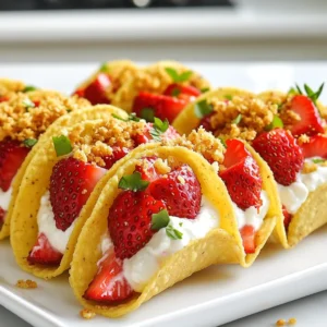 - Cream cheese mixture - 8 oz cream cheese, softened - 1/2 cup powdered sugar - 1 teaspoon vanilla extract - 1 cup heavy whipping cream - 1 cup fresh strawberries, diced - Zest of 1 lemon - Pinch of salt To create the cream cheese mixture, you need soft cream cheese. This helps it blend smoothly. The powdered sugar adds sweetness. Vanilla gives flavor, while heavy cream adds fluffiness. Fresh strawberries and lemon zest brighten the taste. - Crunch topping components - 1 cup graham cracker crumbs - 1/2 cup unsweetened shredded coconut - 1/4 cup granulated sugar - 1/2 cup unsalted butter, melted The crunch topping is key for texture. Graham cracker crumbs give a sweet base. Shredded coconut adds chewiness, while sugar enhances sweetness. The melted butter binds everything together and creates a golden, crispy topping. - Taco shell options - 8 mini taco shells (store-bought or homemade) You can use store-bought taco shells for ease. They are quick and ready to fill. If you want a fun project, make your own. Homemade shells can be crisp and tailored to your taste. These ingredients come together to make a fresh, tasty treat. Each part adds flavor and texture for a delightful dessert. {{ingredient_image_1}} - Preheat the oven to 350°F (175°C). This step is key for a perfect crunch. - In a bowl, mix 1 cup of graham cracker crumbs, 1/2 cup of shredded coconut, and 1/4 cup of granulated sugar. - Pour in 1/2 cup of melted butter and stir until combined. - Spread the mixture evenly on a baking sheet. Bake for 8-10 minutes until golden brown. - Let it cool completely before using. This cooling lets the topping firm up. - In a clean bowl, beat 8 oz of softened cream cheese. - Add 1/2 cup of powdered sugar and 1 teaspoon of vanilla extract. - Mix until the filling is smooth and creamy. This texture is important for your tacos. - In another bowl, pour 1 cup of heavy whipping cream. - Whip until soft peaks form; this usually takes a few minutes. - Gently fold the whipped cream into the cheesecake mixture. Do this slowly to keep it light. - Dice 1 cup of fresh strawberries. These add freshness to your filling. - Add the diced strawberries and the zest of 1 lemon to the mixture. - Include a pinch of salt to enhance the flavors. Mix everything until well combined. - Take 8 mini taco shells. Spoon the cheesecake filling into each shell. - Sprinkle the cooled crunch topping generously over the filled tacos. This adds texture and flavor. - Arrange the tacos on a colorful platter. - Garnish with extra diced strawberries or a sprinkle of lemon zest. - For a lovely touch, you can line the plate with fresh mint leaves. This makes your dish pop! You can prepare parts of this recipe early. Make the crunch topping and cheesecake filling a day before. Store the crunch topping in an airtight container. Keep the filling in the fridge in a separate bowl. This way, you save time on the big day. To keep your cheesecake smooth, don’t over-mix the cream cheese. Mix just until it’s smooth. When you fold in the whipped cream, use a gentle motion. This helps keep the air in the cream, making it fluffy. These tacos pair well with fresh fruit. Try serving them with extra strawberries or blueberries. For a tasty drink, consider lemonade or iced tea. Both will balance the sweetness of the tacos nicely. Pro Tips Use Fresh Ingredients: Always opt for fresh strawberries for the best flavor and texture in your cheesecake tacos. Chill Before Serving: Allow the filled taco shells to chill in the refrigerator for at least 30 minutes to enhance the flavors and set the filling. Customize the Crunch: Feel free to mix in nuts or other cereals to the crunch topping for an added texture and flavor twist. Presentation Matters: For an impressive presentation, consider drizzling a strawberry sauce over the tacos before serving. {{image_2}} You can swap strawberries for other berries. Blueberries and raspberries taste great too. They add different colors and flavors. You can also use seasonal fruits. Peaches in summer or apples in fall work well. Try mixing fruits for a fun twist! Want to change the flavor? You can add extracts or spices. A dash of almond extract adds a nice touch. Cinnamon gives a warm flavor that pairs well with fruits. You can also customize the crunch topping. Try adding crushed nuts or even chocolate chips. This boosts the taste and texture! If you need gluten-free options for taco shells, look for corn shells. They work just as well and taste great. For vegan substitutions, use dairy-free cream cheese and coconut cream. These options keep your tacos creamy and delicious. Enjoy the same flavors while meeting your dietary needs! To keep your assembled tacos fresh, store them in an airtight container. This helps prevent them from getting soggy. If you plan to enjoy them later, keep the filling and the shells separate. Store the taco shells in a cool, dry place. This keeps them crunchy until you are ready to eat. You can freeze the cheesecake mixture for later use. Place it in a freezer-safe container. Make sure to leave some space for expansion. When you want to enjoy it, thaw it in the fridge overnight. This keeps the texture smooth. Always avoid thawing at room temperature to keep it safe. In the fridge, the tacos last about three days. Look for signs that they are no longer good. If you see any mold or if they smell off, it’s time to toss them. Enjoy them fresh for the best taste and texture! Yes, you can use pre-made cheesecake filling. This option saves time. However, store-bought filling might lack flavor or texture. Check the label for quality ingredients. If you want a fresh taste, homemade is better. You can easily whip it up in minutes. Making mini taco shells at home is simple. Just use flour or corn tortillas. Cut them into smaller circles. Then bake them in a muffin tin at 350°F (175°C) for about 10 minutes. This way, they get crispy and hold your filling well. If you want a cream cheese alternative, try Greek yogurt or cashew cream. Both options work well for different diets. Greek yogurt adds a tangy flavor. Cashew cream is dairy-free and creamy, perfect for vegan diets. Choose based on your needs. Absolutely! These tacos are perfect for parties. They look colorful and taste great. Arrange them on a bright platter. You can add some fresh strawberries on top for decoration. Guests will love the fun twist on cheesecake. Making strawberry sauce is quick and easy. Start with 1 cup of fresh strawberries. Chop them and add to a small pot with 1/4 cup of sugar. Cook on medium heat until the sugar melts and the strawberries soften. Mash lightly for a chunky sauce or blend for smoothness. Let it cool before serving. This blog post explored how to make delicious cheesecake tacos. We covered the key ingredients, step-by-step instructions, and creative variations for your tacos. Remember to mix your fillings carefully and try different fruits or toppings. You can make these ahead of time or adjust them for dietary needs. Whether for a party or a snack, these tacos promise to impress. With a little planning and creativity, you can enjoy this fun treat anytime. Enjoy crafting your tasty cheesecake tacos!