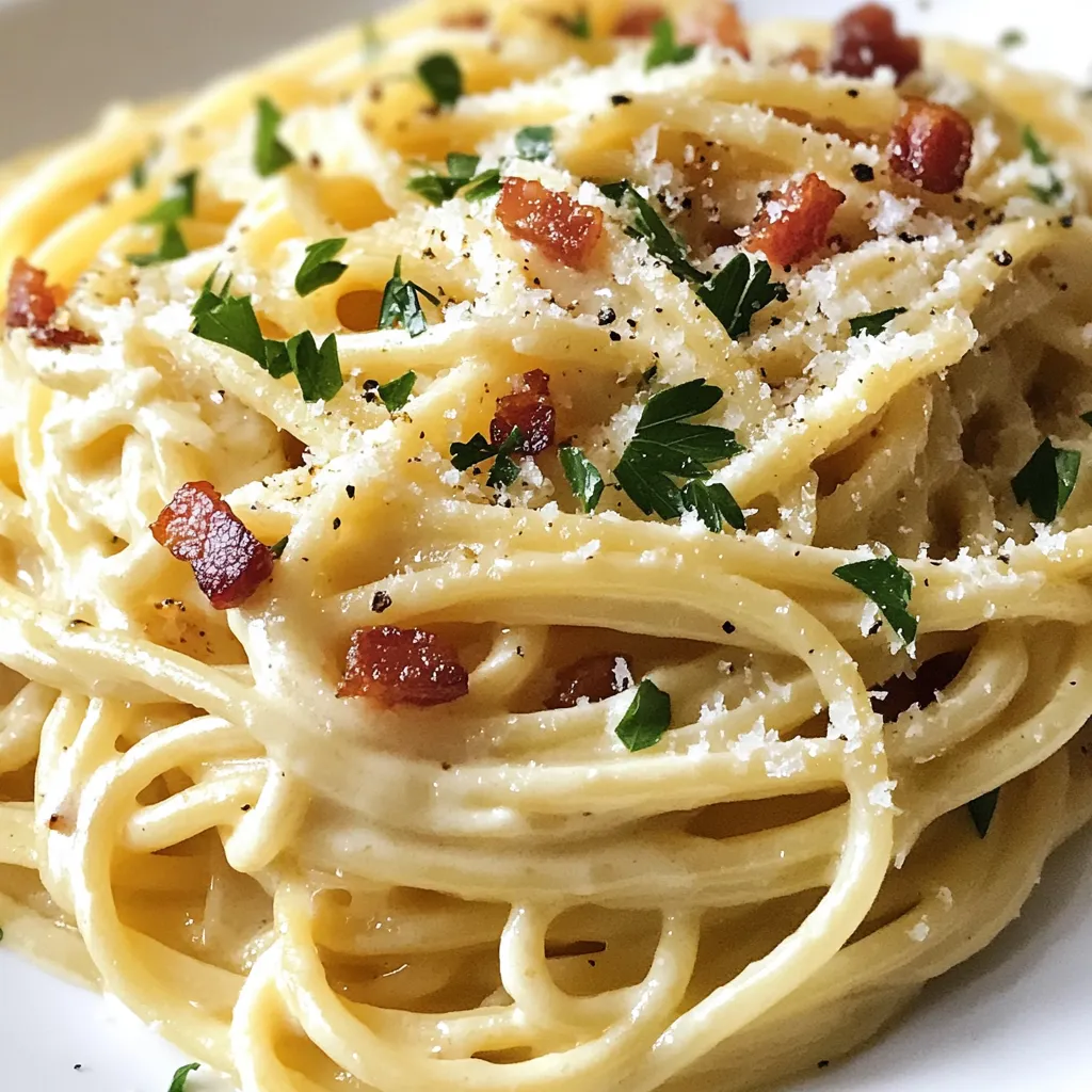 To make a tasty creamy carbonara, gather these simple ingredients: - 200g spaghetti or fettuccine - 100g cream cheese - 2 large eggs - 100g grated Parmesan cheese - 150g pancetta or turkey bacon, cut into small pieces - 2 cloves garlic, minced - 1 tablespoon olive oil - Salt and freshly cracked black pepper, to taste - Fresh parsley, chopped, for garnish Each ingredient plays a key role in building flavors. The pasta provides a base that holds the sauce well. Cream cheese adds a rich creaminess, while eggs give a silky texture. Parmesan cheese brings a sharp, salty bite that elevates the dish. Pancetta or turkey bacon gives a savory crunch, and garlic adds depth. Olive oil helps cook the meat and adds a nice finish. Finally, salt and pepper enhance all the flavors, while parsley adds color and freshness. These items are easy to find and create a delightful carbonara that feels gourmet! {{ingredient_image_1}} To cook the pasta, fill a large pot with water. Add a good amount of salt. When the water boils, add your spaghetti or fettuccine. Cook it according to the package instructions until it is al dente. This means it should still have a slight bite. After cooking, save 1 cup of the pasta water. Drain the pasta well, but do not rinse it. Rinsing removes the starch, which helps the sauce stick. In a mixing bowl, take the cream cheese and add the two eggs. Whisk them together until smooth. Then, add the grated Parmesan cheese. Mix it well until the sauce is creamy. A pinch of salt and black pepper adds flavor. Make sure there are no lumps. You want a nice, thick sauce that will coat the pasta perfectly. Grab a large skillet and heat some olive oil over medium heat. Add the pancetta or turkey bacon. Fry it for about 5 to 7 minutes until it gets crispy. This gives a nice flavor to your dish. In the last minute of cooking, add the minced garlic. Be careful! Garlic can burn quickly, so add it just before it's done. Once the pancetta is crispy, lower the heat. Add the drained pasta to the skillet with the pancetta and garlic. Toss everything together so the pasta gets coated. Now, slowly pour in the cream cheese mixture. Stir quickly to coat the pasta. This step is key: if you don't stir fast enough, the eggs will scramble. If the sauce is too thick, add a little pasta water until it looks just right. Give your pasta a taste. If it needs more flavor, add a bit of salt and black pepper. You want it to taste great! When serving, sprinkle some fresh parsley on top. This adds color and freshness. You can also add more grated Parmesan if you like. Enjoy your creamy carbonara right away while it's warm and delicious! To make a smooth sauce, mix the cream cheese with eggs and Parmesan well. This helps the sauce blend nicely. When you cook the pasta, save some pasta water. This water is starchy and helps the sauce cling to the pasta. If the sauce gets too thick, add a bit of the reserved water to make it creamy. To keep your sauce from scrambling, mix the pasta with the sauce on low heat. If the heat is too high, the eggs cook too fast. Remember, slow and steady is best. Always combine the pasta and sauce off the heat for the best results. Spaghetti and fettuccine are great choices for carbonara. They hold the sauce well and give a nice bite. If you want a change, try penne or linguine. These pasta types also work well with creamy sauces and can give you a fun twist on the classic dish. Pro Tips Use Fresh Ingredients: Fresh pasta and high-quality cheese will significantly enhance the flavor of your carbonara. Control the Heat: When adding the cream cheese mixture, ensure the skillet is on low heat to avoid scrambling the eggs. Reserve Pasta Water: Always save some pasta water; it helps to adjust the sauce consistency without diluting the flavor. Garnish Generously: Don't skimp on the parsley and extra Parmesan; they add freshness and richness to the dish. {{image_2}} You can change up the meat in your carbonara. Try adding different proteins to make it your own. Here are a few ideas: - Pancetta: This is the classic choice. It gives a rich flavor. - Turkey Bacon: A lighter option that tastes great too. - Chicken: Cooked and diced chicken works well for a heartier meal. - Shrimp: Adds a seafood twist that pairs nicely with the creamy sauce. For vegetarian options, you can skip the meat entirely. Instead, add some protein-rich ingredients like: - Tofu: Firm tofu can be cubed and sautéed for a nice texture. - Tempeh: This has a nutty flavor and is great when cooked until crispy. Adding veggies can boost flavor and nutrition. Here are some ideas: - Peas: Sweet peas add a pop of color and flavor. - Spinach: Fresh or wilted spinach is a fantastic way to add greens. - Mushrooms: Sautéed mushrooms lend an earthy taste. - Broccoli: Roasted broccoli adds texture and a nice crunch. To incorporate greens, you can mix them in with the pasta. Just toss them in at the end of cooking for a vibrant touch. Spice up your carbonara with herbs and spices. Here are some fun suggestions: - Basil: Fresh basil brightens the dish. - Oregano: Just a pinch adds depth and warmth. - Red Pepper Flakes: If you like heat, sprinkle some in for a kick. You can also switch up the cheese for fun variations. Instead of Parmesan, try: - Pecorino Romano: This cheese is saltier and has a bold flavor. - Goat Cheese: For a tangy twist, this cheese melts well into the sauce. Experimenting with these ideas can make your creamy carbonara unique and exciting! To keep your creamy carbonara fresh, store leftovers in the fridge. Use airtight containers. This helps to prevent moisture loss and keeps flavors intact. Make sure to let the pasta cool before sealing it. You can store it for up to three days. When you reheat carbonara, you want to keep it creamy and smooth. Avoid the microwave if you can. Instead, use a stovetop. Place the pasta in a skillet over low heat. Add a splash of pasta water to help loosen the sauce. Stir gently until warm. If using the microwave, heat in 30-second bursts. Stir after each burst to prevent drying out. You can freeze carbonara, but it's best to do this without the eggs. Egg-based sauces do not freeze well. To freeze, let the dish cool completely. Place in a freezer-safe container. Store for up to one month. When ready to eat, thaw it overnight in the fridge. Reheat using the stovetop method for the best texture. Yes, you can use other cheeses. Pecorino Romano adds a sharp taste. Cheddar gives a rich flavor, but it changes the dish. Always remember that different cheeses alter the taste and texture. Experiment to find what you like best. No, traditional carbonara does not use cream. It relies on eggs and cheese for creaminess. Modern recipes often add cream for a richer sauce. Purists enjoy the classic method, while others prefer the creamy twist. To make carbonara gluten-free, choose gluten-free pasta. Many brands offer rice or corn-based options. Also, check the pancetta or bacon for gluten. This way, you can enjoy the dish without worry. You can prepare some parts in advance. Cook the pasta and store it separately. Keep the sauce in the fridge. Reheat gently to avoid cooking the eggs too much. Freshly combine before serving for the best taste. Simple salads pair well with carbonara. A Caesar salad adds crunch. Garlic bread is another excellent choice. Roasted vegetables bring color and flavor. These sides complement the creamy pasta perfectly. This blog post covered how to make a classic carbonara. I shared key ingredients, like spaghetti, cream cheese, and pancetta. You learned step-by-step how to cook pasta and prepare a creamy sauce without scrambling eggs. We also discussed variations, storage tips, and common questions. In conclusion, making carbonara can be easy and fun. Enjoy experimenting with flavors and textures. Your next meal can be a crowd-pleaser with just a few thoughtful steps. Happy cooking!