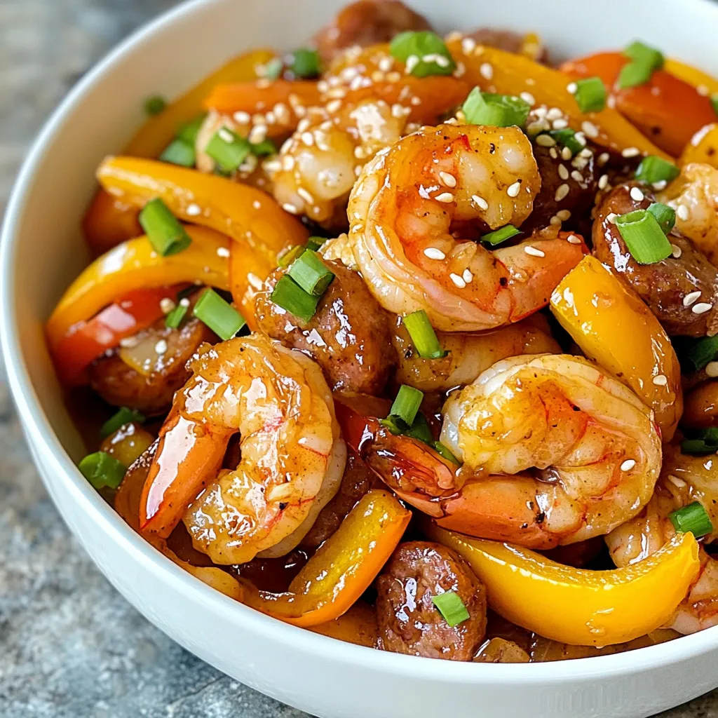 - Shrimp: 1 lb, peeled and deveined - Chicken sausage: 1 lb, sliced - Vegetables: 1 bell pepper, sliced; 1 medium onion, chopped - Aromatics: 4 cloves garlic, minced - Honey: 1/3 cup - Soy sauce: 2 tablespoons - Sesame oil: 1 tablespoon - Red pepper flakes: 1 teaspoon (optional) - Seasoning: Salt and pepper to taste - Green onions: 2, sliced - Sesame seeds The Honey Garlic Shrimp Sausage Skillet uses simple, tasty ingredients. You start with fresh shrimp and savory chicken sausage. The bell pepper and onion add great flavor and color. Garlic gives the dish a nice kick. You then mix honey and soy sauce for a sweet and salty sauce. Sesame oil adds a rich, nutty flavor. If you want some heat, sprinkle in red pepper flakes. Finally, garnish with green onions and sesame seeds for a bright finish. These ingredients come together quickly. They make a meal that is not only easy to cook but also fun to eat. You’ll enjoy the sweet and savory mix on your plate. {{ingredient_image_1}} How to peel and devein shrimp To prepare shrimp, start by rinsing them under cold water. Hold the shrimp firmly in one hand. With your other hand, grab the shell at the head end and pull it off. Next, remove the tail by pinching it and pulling it away from the body. To devein, make a small cut along the back. Use a toothpick or knife to lift out the dark vein. Rinse the shrimp again to clean them well. Slicing chicken sausage and vegetables Take the chicken sausage and place it on a cutting board. Use a sharp knife to slice it into thin rounds. Next, grab your bell pepper and onion. Cut the bell pepper in half, remove the seeds, and slice it into strips. For the onion, cut off the ends, peel off the outer layer, and chop it into small pieces. Heating sesame oil and sautéing sausage In a large skillet, pour in the sesame oil. Turn the heat to medium and let the oil warm up. Once hot, add the sliced chicken sausage. Sauté it for about five minutes. You want it to turn a nice brown color. Adding vegetables and cooking until soft Now, toss in the chopped onion and bell pepper. Stir everything together and let it cook for another four to five minutes. You want the veggies to soften but not lose their color. Incorporating garlic and shrimp Next, add the minced garlic to the skillet. Stir it for one to two minutes. This will make your kitchen smell amazing! After that, add the peeled shrimp. Cook for about three to four minutes, until the shrimp turn pink and opaque. Mixing honey sauce and adding to skillet In a small bowl, whisk together the honey, soy sauce, and red pepper flakes if you like some heat. Pour this honey mixture over the shrimp and sausage in the skillet. Seasoning and garnishing before serving Add salt and pepper to taste. Cook for another two to three minutes to let the sauce thicken. Remove from heat and garnish with sliced green onions and sesame seeds. Now, it’s ready to serve! - Best practices for cooking shrimp: Always thaw shrimp before cooking. Cook shrimp on medium heat for 3-4 minutes until they turn pink. Remove them from heat right after they turn opaque to avoid overcooking. - Tips for perfectly browned sausage: Sauté chicken sausage in sesame oil over medium heat. Let it cook for 5 minutes without stirring too much. This helps it get a nice golden color. - Suggestions for adding more spices: Add a pinch of smoked paprika for a smoky taste. Try a dash of cumin for warmth. You can also use fresh ginger for a zesty kick. - Substitutions for honey and soy sauce: If you need a honey substitute, maple syrup works great. For soy sauce, use tamari for a gluten-free option, or coconut aminos for a sweeter flavor. - Ideal side dishes to pair with skillet: Serve this dish with steamed rice or quinoa. A fresh green salad also pairs well and adds crunch. - Creative ways to serve leftovers: Use leftovers in tacos or wraps. You can make a hearty soup by adding broth and more veggies. Pro Tips Perfectly Cooked Shrimp: Be careful not to overcook the shrimp; they should turn pink and opaque in just 3-4 minutes on medium heat. Flavor Boost: For an extra layer of flavor, marinate the shrimp in soy sauce and a little honey for 15-30 minutes before cooking. Vegetable Variations: Feel free to add other vegetables like snap peas, carrots, or broccoli for added color and nutrition. Serving Suggestion: Serve over rice, quinoa, or noodles to soak up the delicious honey garlic sauce for a complete meal. {{image_2}} You can swap shrimp for tofu or fish. Tofu absorbs flavors well and is a great choice. If you prefer fish, choose firm types like cod or halibut. Different types of sausage work too. Try pork, turkey, or even plant-based sausage. Each will bring a new taste to your Honey Garlic Shrimp Sausage Skillet. To make a vegetarian version, use only tofu or plant-based sausage. You can add extra veggies like mushrooms or zucchini for more texture. For a vegan sauce, replace honey with maple syrup or agave. This keeps the dish sweet and tasty while sticking to plant-based choices. You can add citrus like lime or lemon for a fresh kick. Just a squeeze over the finished dish brightens the taste. Herbs like cilantro or parsley also enhance flavor. Toss them in just before serving for added freshness. If you like heat, mix in more red pepper flakes or add sliced jalapeños. Adjust based on your spice level, so it’s just right for you. To keep your Honey Garlic Shrimp Sausage Skillet fresh, follow these tips: - Cool the skillet: Let it cool to room temperature. - Use airtight containers: Store leftovers in glass or plastic containers. - Label and date: Write the storage date on your container. In the fridge, this dish stays good for up to three days. You can freeze the Honey Garlic Shrimp Sausage Skillet! Here’s how: - Cool completely: Make sure it’s fully cooled before freezing. - Use freezer-safe bags: Place the dish in a zip-top bag or container. - Remove as much air as possible: This helps prevent freezer burn. To thaw, move it to the fridge overnight. For reheating: - Microwave: Heat on medium power until hot. - Stovetop: Warm in a pan over low heat, stirring often. Meal prep makes weeknight cooking easy! Try these tips: - Chop veggies ahead: Slice bell peppers and onions in advance. - Pre-cook sausage: Cook the chicken sausage and store it in the fridge. - Portion shrimp: Keep shrimp in the fridge, ready to add when cooking. For quick dinners, assemble the skillet in 15 minutes if you prep ahead! Can I use frozen shrimp for this recipe? Yes, you can use frozen shrimp. Just thaw them first. Place them in cold water for about 15 minutes. This makes cooking easier. Is this recipe gluten-free? Yes, this recipe is gluten-free if you use gluten-free soy sauce. Always check labels to be sure. What can I substitute if I don’t have sesame oil? You can use olive oil or canola oil instead. They won't give the same flavor but will work fine. How do I know when the shrimp is fully cooked? Shrimp turn pink and opaque when cooked. They should also curl into a C shape. If they stay straight, they might be overcooked. Can I use different vegetables in this dish? Yes, feel free to use any veggies you like. Broccoli, snap peas, or carrots work well. Mix and match for fun flavors. What is the best type of honey to use? Any pure honey is great. Local honey can add unique flavor. Avoid honey blends with added sugars for the best taste. This recipe combines shrimp and chicken sausage with fresh veggies and a sweet sauce. You can substitute proteins and adapt flavors easily. Remember to store leftovers properly for later use. With just a few simple steps, you can serve a tasty meal with great variety. Explore your options and enjoy the cooking process. Happy cooking!