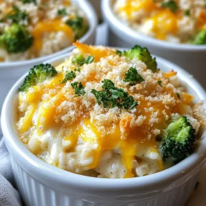 - 2 cups cooked rice (white or brown) - 2 cups cooked chicken, shredded or diced - 1 cup broccoli florets - 1 cup carrots, diced - 1 can (10.5 oz) cream of chicken soup - 1 cup chicken broth - 1 cup shredded cheddar cheese - 1 teaspoon garlic powder - 1 teaspoon onion powder - ½ teaspoon salt - ¼ teaspoon black pepper - ½ cup breadcrumbs - 2 tablespoons olive oil Gathering the right ingredients is key to making this delicious chicken rice casserole. You can use either white or brown rice, depending on what you like. Both work great in this dish. Shredded or diced chicken adds protein and flavor. You can use leftover chicken or rotisserie chicken to save time. Fresh vegetables, like broccoli and carrots, add color and crunch. They also make the dish healthier. The cream of chicken soup and chicken broth create a creamy base that ties everything together. Shredded cheddar cheese adds a comforting layer on top. For seasoning, garlic powder and onion powder are must-haves. They give your casserole that savory depth. Don't forget salt and black pepper to enhance all the flavors. The breadcrumbs mixed with olive oil make a crispy topping, adding texture. With these ingredients on hand, you are ready to create a meal that your whole family will enjoy! {{ingredient_image_1}} First, preheat your oven to 350°F (175°C). This step helps your casserole cook evenly. While the oven warms up, grab a 9x13-inch casserole dish. Grease it lightly to keep food from sticking. A quick spray of cooking oil works well. In a large mixing bowl, combine 2 cups of cooked rice, 2 cups of shredded chicken, 1 cup of broccoli florets, and 1 cup of diced carrots. This mix adds great flavor and nutrition. In another bowl, whisk together 1 can of cream of chicken soup, 1 cup of chicken broth, 1 teaspoon of garlic powder, 1 teaspoon of onion powder, ½ teaspoon of salt, and ¼ teaspoon of black pepper. Make sure it’s smooth. Pour this soup mixture over the rice and chicken mix. Stir until everything is well combined. Transfer your mixture into the greased casserole dish. Spread it out evenly. Now, sprinkle 1 cup of shredded cheddar cheese over the top. This cheese adds creaminess and richness. In a small bowl, mix ½ cup of breadcrumbs with 2 tablespoons of olive oil until coated. Evenly sprinkle this breadcrumb mix over the cheese layer. This will give a nice crunch. Place the casserole in your preheated oven. Bake for 25-30 minutes. You’ll know it’s done when the top is golden brown and bubbly. Keep an eye on it to avoid overbaking. To check doneness, insert a fork into the center. If it feels hot and bubbly, it’s ready! To boost flavor, you can add herbs and spices. Try thyme or rosemary for a fresh taste. You can also use leftover ingredients. If you have extra veggies or proteins, toss them in! This keeps waste down and makes the dish even better. For cooking chicken, I suggest using rotisserie chicken for ease. It saves time and adds great flavor. If you cook your own chicken, season it well and cook it until juicy. For perfect rice, always use the right water-to-rice ratio. Rinse the rice until the water runs clear to remove excess starch. Serve this casserole with a crisp side salad to balance the meal. A light vinaigrette pairs well with the rich casserole. For garnishing, sprinkle fresh parsley or chives on top. This adds color and freshness to the dish. Pro Tips Use Leftover Chicken: This recipe is perfect for using up leftover roast chicken or rotisserie chicken, making it a quick and easy meal option. Add More Veggies: Feel free to customize the vegetable mix by adding bell peppers, peas, or spinach for extra nutrition and flavor. Make It Ahead: Prepare the casserole ahead of time and refrigerate it, then bake it when you're ready to serve for a hassle-free dinner. Cheese Variations: Experiment with different types of cheese such as mozzarella or pepper jack for a unique twist on the flavor profile. {{image_2}} You can switch the proteins in this dish. Turkey works well if you have it. Tofu is great for a plant-based meal. Just make sure to cook it well before mixing it in. For dairy-free options, try using coconut milk instead of cream of chicken soup. For gluten-free, choose a gluten-free soup and broth. Both swaps taste great! Feel free to add other vegetables. Peas, bell peppers, or spinach can brighten the dish. You can use frozen veggies if fresh ones aren’t available. Just make sure to thaw and drain them first. Fresh produce adds a nice crunch, but frozen is quick and easy! To give your casserole a Southwestern twist, add black beans and corn. Spice it up with some chili powder too. For a Mediterranean touch, mix in sun-dried tomatoes and olives. You can also use feta cheese instead of cheddar. These flavors change the whole dish while keeping it familiar! To keep your chicken rice casserole fresh, store it in an airtight container. Ensure it cools down first. Place it in the fridge for up to three days. If you wish to save it longer, freeze it. Use freezer-safe containers or heavy-duty bags. It can last up to three months in the freezer. When you want to enjoy leftovers, reheating in the microwave is quick. Place a portion in a microwave-safe bowl. Heat it for one to two minutes, stirring halfway. If you prefer, you can also reheat in the oven. Preheat your oven to 350°F (175°C). Place the casserole in an oven-safe dish and cover it with foil. Bake for about 15-20 minutes or until hot throughout. In the fridge, your casserole will stay good for about three days. Always check for signs of spoilage. If you notice any off smells, discoloration, or mold, it's best to toss it. When stored properly, frozen casserole can last for three months without losing its taste. No, using uncooked rice is not a good idea. The rice needs to be cooked first. If you use uncooked rice, it will not absorb the flavors well and will stay hard. Always start with cooked rice for the best texture. You can prepare the casserole a day in advance. Mix all the ingredients and place them in the casserole dish. Cover it with plastic wrap and store it in the fridge. When you are ready to bake, just remove the wrap and bake as directed. Yes, you can make a vegetarian version. Replace the chicken with cooked tofu or chickpeas. Use vegetable broth instead of chicken broth. You can also add more veggies like bell peppers or spinach for extra flavor. This dish pairs well with a fresh side salad. You can also serve it with roasted vegetables for more color and nutrition. Garlic bread or dinner rolls are great for soaking up the creamy sauce, too. Enjoy! This blog post detailed the steps to create a tasty chicken rice casserole. You learned about the main ingredients, mixing and baking instructions, and tips to enhance flavor. I also shared variations and how to store leftovers wisely. Use these tips for your next meal. Enjoy cooking, and get creative with your casserole. You can make it yours! Each bite will be delicious and satisfying. Happy eating!