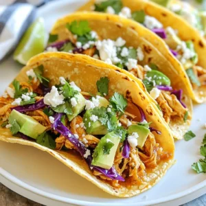 - 2 cups cooked chicken, shredded - 1 teaspoon chili powder - 1 teaspoon cumin - 1 teaspoon garlic powder - 1 teaspoon smoked paprika - Salt and pepper to taste - 8 small corn tortillas - 1 cup red cabbage, shredded - 1 avocado, diced - 1/2 cup fresh cilantro, chopped - 1/4 cup crumbled feta or cotija cheese - 1 lime, cut into wedges - 2 tablespoons olive oil To make tasty chicken street tacos, start with the right ingredients. You need cooked chicken. Shredded chicken works best. For flavor, use chili powder, cumin, garlic powder, and smoked paprika. These spices blend well and enhance the chicken. Next, grab fresh toppings. Red cabbage adds crunch. Avocado brings creaminess, and cilantro adds freshness. Cheese, like feta or cotija, gives a nice salty touch. Don’t forget lime wedges. They add a great zing when you squeeze them on the tacos. You can switch things up with different proteins. If you want, use beef or pork. There are also tasty vegetarian options, like beans or grilled veggies. For cheese, try different types. You can use Monterey Jack or pepper jack for a spicy kick. For spices, feel free to adjust. Add more chili powder or some hot sauce if you want heat. Explore your options! The best part of cooking is making each dish your own. {{ingredient_image_1}} To start, heat olive oil in a large skillet over medium heat. Add 2 cups of shredded chicken to the pan. Next, sprinkle in 1 teaspoon of chili powder, 1 teaspoon of cumin, 1 teaspoon of garlic powder, and 1 teaspoon of smoked paprika. Don't forget a pinch of salt and pepper to taste. Stir it all together well. You want the spices to coat the chicken evenly. Heat the chicken for about 5-7 minutes. This step brings out the great flavors in your chicken. For the tortillas, use a separate skillet. Lightly toast 8 small corn tortillas for about 30 seconds on each side. Look for them to be warm and soft, not crispy. Once toasted, wrap the tortillas in a clean kitchen towel. This keeps them warm and ready for your tacos. Warm tortillas make a big difference in taste. Now comes the fun part—assembling your tacos! Take one warm tortilla and place a generous scoop of the spiced chicken in the center. Next, layer on some shredded red cabbage for crunch. Then, add diced avocado for creaminess. Top it off with chopped cilantro and a sprinkle of crumbled feta or cotija cheese for extra flavor. Don’t forget to squeeze fresh lime juice over your tacos before serving. This adds a zesty touch that enhances all the flavors. Enjoy your tasty Chicken Street Tacos! To shred chicken well, use two forks. Pull the chicken apart gently. This method keeps the meat tender. You can also use your hands if they are clean. When seasoning, remember these dos and don'ts: - Do taste as you go. This will help you find the right balance. - Do use fresh spices. They add more flavor. - Don't over-season at first. You can always add more later. - Don't skip salt. It brings all the flavors together. Plating your tacos can make a big difference. Use a large plate for a colorful display. Arrange the tacos in a line or a circle. For garnishing: - Add lime wedges on the side for a bright touch. - Sprinkle extra cilantro on top for color. - A few slices of avocado can enhance the look and taste. If you need gluten-free options, use corn tortillas. They are perfect for street tacos. For dairy-free choices, skip the cheese or use a plant-based alternative. You can also customize flavors: - Add more chili powder for heat. - Mix in lime zest for a fresh kick. - Try different toppings like pickled onions or jalapeños to suit your taste. Pro Tips Use Leftover Chicken: This recipe is perfect for using up leftover rotisserie chicken, making it a quick and easy meal solution. Customize Your Toppings: Feel free to add other toppings like diced tomatoes, jalapeños, or sour cream to suit your taste. Make it Spicy: For an extra kick, add some hot sauce or diced chilies to the chicken mixture while cooking. Fresh Tortillas Matter: If possible, use freshly made corn tortillas for the best flavor and texture in your tacos. {{image_2}} You can switch up the protein in your chicken street tacos. Here are some tasty ideas: - Beef: Use ground beef or shredded beef. Just season it like chicken. - Pork: Carnitas or pulled pork work well. They add great flavor. - Shrimp: Sauté shrimp with the same spices for a seafood twist. - Plant-based options: Try jackfruit or tofu for a vegetarian choice. Season them to match the chicken flavors. Adding salsas and sauces can make your tacos pop. Here are some options: - Spicy salsa: Combine diced tomatoes, jalapeños, cilantro, and lime juice. This adds a kick! - Creamy sauce: Mix yogurt or sour cream with lime juice and garlic powder. It cools down the heat. Using seasonal ingredients can enhance your tacos. Here’s how: - Spring/Summer: Add fresh corn or diced tomatoes. They bring brightness. - Fall/Winter: Incorporate roasted peppers or sweet potatoes. They add warmth and comfort. - Pairings: Match your toppings to the season for the best taste. For example, use cilantro in spring and hearty greens in winter. To store leftover chicken tacos, let them cool first. Place the chicken in an airtight container. You can keep the tortillas separate to prevent sogginess. Store them in a plastic bag, or wrap them tightly in foil. This helps keep them fresh. For tortillas, you can also use parchment paper. Layer them with parchment in between. This method keeps them from sticking together. If you have extra toppings, like cabbage or avocado, store them in small containers. They stay fresh longer this way. When you reheat chicken tacos, use a skillet. Heat it over medium heat. Place the chicken in the skillet until hot. This keeps the chicken juicy and flavorful. For tortillas, avoid the microwave. Instead, warm them in the skillet for about 30 seconds on each side. This keeps them crisp and pliable. If you find them soggy, try toasting them slightly longer. This will help restore the right texture. Enjoy your tacos just as fresh as when you made them! You can use many other proteins in chicken street tacos. Here are some great options: - Beef: Shredded beef works well. Use flank steak or brisket. - Pork: Shredded pork is tasty. Pulled pork adds great flavor. - Turkey: Cooked turkey is a lean and healthy choice. - Shrimp: Cook shrimp quickly for a different taste. - Vegetarian options: Use black beans or grilled veggies for a meat-free meal. You can add heat in many ways. Here are my favorite tips: - Spices: Mix cayenne pepper or chipotle powder into the seasoning. - Hot Sauce: Drizzle your favorite hot sauce on top. - Jalapeños: Add sliced jalapeños for fresh heat. - Spicy Salsa: Serve with a spicy salsa on the side. - Pickled Peppers: Top tacos with pickled peppers for tang and spice. Yes, you can freeze chicken street tacos! Here’s how: - Cooked Chicken: Freeze just the chicken filling. Place it in an airtight bag. - Tortillas: You can freeze tortillas too. Wrap them in foil or plastic wrap. - Thawing: To eat, thaw in the fridge overnight. Heat the chicken on the stove and warm the tortillas. Chicken street tacos stay fresh for about 3 to 4 days in the fridge. Here are some tips: - Storage: Keep leftovers in an airtight container. - Check for freshness: Before eating, check for off smells or changes in texture. - Reheat: Warm them on the stove or microwave, but avoid overcooking. In this post, we explored how to make delicious Chicken Street Tacos. We covered essential ingredients, that perfect mix of spices, and fresh toppings. I shared step-by-step cooking instructions for the chicken and tortillas, plus tips for assembly. You also learned variations for proteins and flavors, along with storage advice. Enjoy experimenting with your tacos to fit your taste! The right ingredients make all the difference. With these tips, your Chicken Street Tacos can be a hit every time. Happy cooking!