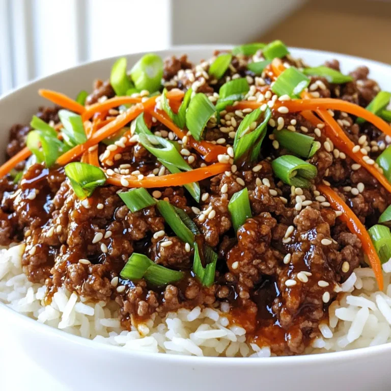 - 1 lb ground beef - 3 cloves garlic, minced - 1 tablespoon fresh ginger, grated - 1 cup chopped scallions - 1 cup shredded carrots - 1/2 cup frozen peas - Optional toppings: sesame seeds, additional scallions, sriracha In this dish, ground beef is the star. It cooks quickly and absorbs all the flavors well. Garlic and ginger add depth to the beef. They bring warmth and spice. Scallions, carrots, and peas add crunch and color. These veggies make the dish lively and fresh. - 4 tablespoons soy sauce - 1 tablespoon gochujang - 2 tablespoons brown sugar - 1 tablespoon sesame oil Soy sauce gives a salty, umami taste. Gochujang adds heat and a nice kick. Brown sugar balances the salt with a hint of sweetness. Sesame oil brings a rich, nutty flavor. These seasonings create a bold and exciting taste profile. - 2 cups cooked jasmine rice - Side dishes like kimchi Jasmine rice is fragrant and fluffy. It serves as the perfect base for the beef. You can also use brown rice or cauliflower rice for a lighter option. Kimchi is a great side dish. It adds tang and spice, making your meal more authentic. 1. Cook the ground beef in sesame oil. Start by heating one tablespoon of sesame oil in a large skillet over medium heat. Add one pound of ground beef. Cook it for about 6-7 minutes. Break up the beef with a spatula as it cooks. Make sure it turns brown and any liquid cooks off. 2. Add garlic and ginger for flavor. Once the beef is browned, stir in three minced garlic cloves and one tablespoon of grated fresh ginger. Cook this mixture for 1-2 minutes. The aroma will fill your kitchen, creating a warm, inviting atmosphere. 1. Mix soy sauce, brown sugar, and gochujang. In a small bowl, combine four tablespoons of soy sauce, two tablespoons of brown sugar, and one tablespoon of gochujang. This blend adds a sweet and spicy kick to your dish. 2. Ensure even coating of beef. Pour this sauce mixture over the cooked beef. Stir well to coat every bit of meat. Cook for an additional 2-3 minutes. This helps the flavors meld together and makes your beef extra tasty. 1. Timing for adding scallions, carrots, and peas. After the beef is coated, toss in one cup of chopped scallions, one cup of shredded carrots, and half a cup of frozen peas. Stir everything together. 2. Cooking tips for perfect vegetable texture. Cook this mixture for another 3-4 minutes. You want the vegetables to be tender but still crisp. This balance adds color and nutrients to your dish, making it even more enjoyable. Now, you have a delicious base ready to be served over jasmine rice! To make your Korean beef bowls shine, adjust the spice levels with gochujang. Start with one tablespoon. If you like more heat, add a bit more. Gochujang brings a rich depth of flavor. It’s sweet and spicy, making it perfect for this dish. Balancing sweetness is key too. Brown sugar adds a nice touch. It helps to round out the flavors of soy sauce and gochujang. If you prefer less sweetness, reduce the brown sugar to one tablespoon. Avoid overcooked beef by cooking it at medium heat. Stir it often while it cooks. This way, the beef stays juicy and tender. Aim for a nice brown color without burning it. When cooking vegetables, add them at the right time. Toss in the scallions, carrots, and peas after the beef cooks. This way, they stay slightly crunchy and bright. Cook them just until tender, about three to four minutes. Using colorful bowls makes your dish pop. Choose bowls that highlight the vibrant colors of your beef, carrots, and peas. Garnish with sesame seeds and scallions for a lovely finish. The seeds add crunch, while the scallions add freshness. You can also drizzle sriracha on top for extra heat. It not only adds flavor but also makes your bowl look amazing! {{image_2}} You can switch up the protein in your Korean ground beef bowls easily. Ground turkey or chicken works well if you want a leaner option. Just replace the beef with the same amount of turkey or chicken. Cook it like you would the beef. If you prefer a vegetarian route, try using tofu or tempeh. Crumble or cube the tofu and cook it in the same way. Tempeh adds a nice texture and flavor. Just sauté it with the sesame oil to get it crispy. Feel free to get creative with your vegetables. You can mix in bell peppers, broccoli, or snap peas. They all add a nice crunch and flavor. Just be sure to adjust the cooking time to keep them tender. Also, you can swap out the sauces. If you want a sweeter taste, use teriyaki sauce instead of soy sauce. For a tangy kick, try adding a splash of rice vinegar. These changes can give your dish a whole new vibe. You can control the heat level in your bowls. If you want less spice, use less gochujang. Start with a teaspoon and add more if you like it hotter. For spice lovers, add more sriracha on top before serving. You can also mix in some crushed red pepper flakes for an extra kick. Just remember to taste as you go so it’s just right for you! Store your Korean ground beef bowls in proper containers. Use airtight containers to keep the dish fresh. Place the leftovers in the fridge right after serving. The dish lasts up to three days when stored correctly. If you want to keep leftovers longer, freezing is a great option. Divide the beef mixture into portions and place in freezer-safe bags. Squeeze out as much air as possible before sealing. This way, it stays tasty for up to three months. When you're ready to eat, thaw overnight in the fridge or use the microwave's defrost setting. To keep the flavors intact, reheat the beef gently on low heat. You can add a splash of water or soy sauce to maintain moisture. Avoid cooking it too long, as this can make it dry. Stir the mixture often while reheating to ensure even warmth. You can pair your Korean ground beef bowls with several tasty side dishes. Here are some great options: - Kimchi: This fermented side adds spice and tang. - Steamed broccoli: A simple, healthy choice. - Cucumber salad: Light and refreshing. - Pickled radishes: They add crunch and flavor. For drinks, consider these beverages: - Green tea: A classic choice that complements the meal. - Sparkling water with lime: Refreshing and light. - Korean beer: Perfect for a fun dinner vibe. Yes, you can prep this meal in advance. Here are some tips: - Cook the beef mixture a day before. Store it in the fridge. - Cook the rice ahead and keep it separate. This keeps it fluffy. For storage: - Use airtight containers to keep everything fresh. - The beef lasts about 3 days in the fridge. To enhance the authenticity of your Korean ground beef bowls, try these suggestions: - Use Korean ingredients like gochugaru (Korean chili flakes) for heat. - Add sesame seeds and fresh herbs for more flavor. You can also enhance your dish with traditional condiments: - Drizzle with sesame oil for a rich finish. - Serve with extra gochujang on the side for those who love spice. Korean Ground Beef Bowls combine simple ingredients with bold flavors. You learned about choosing the right beef, using garlic and ginger for depth, and balancing sweetness and spice. Don’t forget to explore protein swaps and fun serving options. This dish is easy to adapt and perfect for any meal. Make it your own by mixing in different veggies or spices. With these tips, you can create a tasty, satisfying bowl every time. Enjoy your cooking journey!