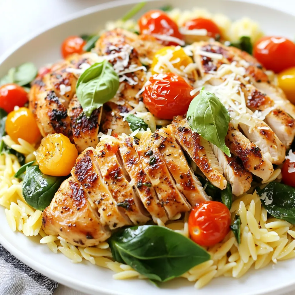 - 2 boneless, skinless chicken breasts - 1 cup orzo pasta - 1 cup cherry tomatoes, halved - 1 cup fresh spinach, roughly chopped - 3 cloves garlic, minced - 2 tablespoons olive oil - 1 teaspoon dried oregano - 1 teaspoon dried basil - 1/2 teaspoon red pepper flakes (optional, for spice) - 1/4 cup grated Parmesan cheese - Salt and pepper to taste - Fresh basil leaves for garnish The main ingredients of Tuscan Chicken Orzo create a colorful dish. The chicken breast offers protein, while orzo pasta gives a satisfying base. Cherry tomatoes add sweetness and a pop of color. Fresh spinach brings nutrients and a lovely green hue. Garlic gives a rich aroma and flavor to the dish. Olive oil helps to cook the chicken and adds a rich taste. Now, let's talk about the seasonings and extras. Dried oregano and basil add a classic Italian flavor. Red pepper flakes give a nice kick if you like spice. Grated Parmesan cheese adds creaminess and depth. Salt and pepper enhance all the flavors. Fresh basil leaves are perfect for a beautiful garnish. When you gather these ingredients, you set the stage for a delicious, one-pan meal. {{ingredient_image_1}} To make your Tuscan Chicken Orzo even tastier, try these tips: - Use fresh herbs like oregano and basil. They add bright notes to your dish. - A splash of lemon juice can brighten flavors. Just a little gives a fresh taste. Cooking the chicken right is key: - Always check that the chicken is cooked through. Use a meat thermometer; it should reach 165°F. - For the orzo, watch the texture. It should be tender but not mushy. Stir often while cooking. Pair your dish with sides for a complete meal: - A crisp green salad works well. The freshness balances the rich flavors. - For drinks, a light white wine like Pinot Grigio pairs nicely. Water or sparkling lemonade also works. You can switch out the chicken for other meats. Try turkey or even pork. These options provide a different taste but remain delicious. If you want a meat-free dish, consider using chickpeas or tofu. For a vegan-friendly version, swap Parmesan cheese for nutritional yeast or a vegan cheese. Use vegetable broth instead of chicken broth. This keeps the flavor rich while accommodating dietary needs. To make your Tuscan Chicken Orzo more colorful, add vegetables. Bell peppers and zucchini pair well with the dish. Chop them and toss them in while cooking. They add nutrition and vibrant colors. You can also change the spices! Add Italian seasoning for a different kick. Experiment with fresh herbs like thyme or rosemary. A sprinkle of lemon zest can brighten the flavors too. If you prefer slow cooking, you can adapt this recipe. Sear the chicken first, then transfer everything to a slow cooker. Cook on low for 6-8 hours for tender results. You can also make a one-pot version. After searing the chicken, add all ingredients to the same skillet. This method saves time on cleanup and keeps the flavors together. Just be mindful of the cooking time for the orzo. Pro Tips Marinate the Chicken: For extra flavor, consider marinating the chicken in olive oil, garlic, and herbs for at least 30 minutes prior to cooking. Use Fresh Herbs: Fresh basil and oregano can elevate the dish significantly; try using them instead of dried for a more vibrant flavor. Don’t Overcook the Orzo: Keep an eye on the orzo while it cooks; you want it al dente for the best texture and to avoid mushiness. Add a Splash of Lemon: A squeeze of fresh lemon juice just before serving adds brightness and enhances the overall flavors of the dish. {{image_2}} To store Tuscan Chicken Orzo, let it cool first. Place leftovers in an airtight container. This keeps the dish fresh and prevents spills. Use glass or plastic containers with tight lids. This way, you can easily see what’s inside. Store in the fridge for up to four days. To freeze Tuscan Chicken Orzo, let it cool completely. Then, use a freezer-safe container. Leave some space at the top for expansion. You can also use freezer bags for easy storage. Press out the air before sealing. To thaw, place it in the fridge overnight. Reheat in a pot over low heat, stirring often. You can add a splash of chicken broth to help it warm evenly. In the fridge, Tuscan Chicken Orzo lasts about four days. If you freeze it, it can last for about three months. To avoid freezer burn, make sure to store it properly. Freezer burn can change the texture and taste. If you see ice crystals on the dish, it may not taste great. Always check for any off smells or colors before eating. To make Tuscan Chicken Orzo vegetarian, swap the chicken for plant-based protein. You can use tofu, tempeh, or chickpeas. For the broth, use vegetable broth instead of chicken broth. This keeps the dish flavorful and satisfying while making it meat-free. Yes, you can prepare this dish in advance. Cook the orzo and vegetables, then store them in the fridge. When ready to eat, simply reheat in a skillet. Add a splash of broth or water to prevent it from drying out. The chicken can also be cooked ahead of time for easy meal prep. If you don't have orzo, several other pasta types work well. You can use small shells, penne, or even quinoa for a gluten-free option. Each will give the dish a unique twist while keeping it delicious. This blog post covered how to make a delicious Tuscan Chicken Orzo. We explored main ingredients, seasonings, and step-by-step instructions. You learned tips to enhance flavor and variations to switch things up. Remember, cooking can be fun and creative. Use your favorite ingredients and enjoy your meals. Whether for a special dinner or a quick lunch, this dish is sure to impress. Now, get cooking and savor every bite of your tasty creation!