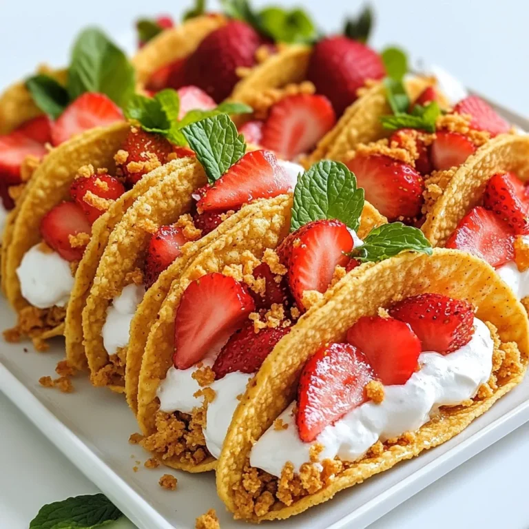 - 1 cup graham cracker crumbs - 1 cup crushed cornflakes - 1/4 cup sugar - 1/2 teaspoon cinnamon - 1/2 cup unsalted butter, melted - 8 oz cream cheese, softened - 1/2 cup powdered sugar - 1 teaspoon vanilla extract - 1 cup heavy whipping cream - 1 cup fresh strawberries, hulled and sliced - 1/4 cup strawberries, finely diced for crunch topping - Mint leaves for garnish These ingredients come together to create a fun dessert. The graham cracker crumbs and cornflakes make the taco shell crunchy. Cream cheese and heavy cream blend for a rich filling. Fresh strawberries add a sweet touch. You can swap some ingredients based on what you have at home. Use digestive biscuits instead of graham crackers. If you prefer, you can try using Rice Krispies instead of cornflakes. For a dairy-free option, consider using vegan cream cheese and coconut cream. Choose fresh strawberries that are bright and firm. They should smell sweet. When picking cream cheese, look for brands with simple ingredients for the best taste. For the whipped cream, use heavy cream with at least 36% fat. This ensures it whips up nicely. Always use unsalted butter to control the salt level in your dessert. {{ingredient_image_1}} To start, gather your ingredients. You will need graham cracker crumbs, crushed cornflakes, sugar, cinnamon, and melted butter. In a large bowl, mix the graham cracker crumbs, cornflakes, sugar, and cinnamon. Stir it well until combined. Then, pour in the melted butter and mix until it looks like wet sand. Next, preheat your oven to 350°F (175°C). You can shape the mixture into taco shells using a taco shell mold or an upside-down muffin tin. Press the mixture firmly into the mold to make it compact. Bake these shells on a tray for 10-12 minutes. They should turn golden brown. Once baked, let them cool completely. Now, let’s make the cheesecake filling. In a mixing bowl, take the softened cream cheese. Beat it until it is smooth and creamy. Gradually add in the powdered sugar and vanilla extract. Keep mixing until everything is well blended. In another bowl, whip the heavy cream until it forms stiff peaks. This means it holds its shape well. Gently fold this whipped cream into the cream cheese mixture. Do this carefully to keep it fluffy. It should look smooth and light. It’s time to put everything together! Carefully take the cooled taco shells out of the molds. Use a spoon to fill each shell with the cheesecake mixture. Be generous but avoid overfilling. Next, add sliced strawberries on top. You can also sprinkle some finely diced strawberries for a nice crunch. If you like, garnish with a mint leaf for a fresh touch. Once assembled, place the tacos in the fridge for at least 30 minutes. This helps the filling firm up before serving. To get a great taco shell, mix the graham cracker crumbs, crushed cornflakes, sugar, and cinnamon well. The melted butter helps bind everything together. When you press the mixture into the shell mold, make sure it is compact. This helps the shells hold their shape when baking. Bake them until golden brown, but watch closely. Overbaking can make them too hard. Let them cool completely before filling. Whipping cream is key to a light cheesecake filling. Start with cold heavy cream. Use a clean bowl and beaters to whip the cream. Whip it until stiff peaks form, but don't overbeat it. If you overbeat, it can become grainy. Fold the whipped cream gently into the cream cheese mixture. This keeps it light and fluffy. These cheesecake tacos look and taste amazing on a platter. You can drizzle honey or chocolate sauce on top for extra sweetness. Fresh mint leaves add a nice touch too. For drinks, serve them with a refreshing lemonade or sweet tea. You might also enjoy pairing them with vanilla ice cream for a special treat. Pro Tips Chill for Best Results: Allow the filled tacos to chill in the refrigerator for at least 30 minutes before serving. This helps the cheesecake filling firm up and makes them easier to eat. Use Fresh Ingredients: For the best flavor and texture, always use fresh strawberries and high-quality cream cheese. This will enhance the overall taste of your cheesecake tacos. Experiment with Flavors: Feel free to add other fruits like blueberries or raspberries, or even a splash of lemon juice to the filling for a zesty twist on the classic cheesecake flavor. Make Ahead: You can prepare the taco shells and cheesecake filling a day in advance. Assemble the tacos right before serving to keep the shells crunchy and the filling fresh. {{image_2}} You can change the cheesecake filling to fit your taste. Here are some ideas: - Chocolate: Add 1/4 cup of cocoa powder to the cream cheese mix. - Vanilla Bean: Use vanilla bean paste instead of vanilla extract. This gives more flavor. - Lemon: Mix in the zest of one lemon for a fresh taste. - Nutella: Swirl in some Nutella for a rich chocolate hazelnut flavor. Each option brings a new twist to the classic cheesecake. You can get creative with flavors! Toppings make your tacos more fun. Here are some tasty suggestions: - Berries: Use blueberries or raspberries for a colorful mix. - Crushed Cookies: Sprinkle crushed Oreos or graham crackers on top. - Nuts: Add chopped nuts like almonds or pecans for crunch. - Sauces: Drizzle with caramel or chocolate sauce for extra sweetness. Mix and match toppings to create your perfect taco! You can enjoy these tacos even with dietary needs. Here are some swaps: - Gluten-Free: Use gluten-free graham crackers or oats for the shells. - Dairy-Free Cream Cheese: Look for plant-based cream cheese for the filling. - Coconut Cream: Use coconut cream instead of heavy cream for a dairy-free whip. These options make it easy to enjoy Strawberry Crunch Cheesecake Tacos no matter your diet! To keep your unassembled strawberry crunch cheesecake tacos fresh, store them correctly. First, let the taco shells cool completely. Once cool, place them in an airtight container. You can stack them with parchment paper in between to prevent sticking. Keep the container in a cool, dry place. The shells can last up to three days this way. If you have leftover cheesecake filling, don't waste it! Store it in an airtight container. Place the container in the fridge. It will stay fresh for about three days. When you're ready to use it again, give it a quick stir. You may need to add a little cream to refresh the texture. Want to save some tacos for later? You can freeze them! First, store unassembled taco shells in a single layer on a tray. Freeze them for about an hour. Once frozen, transfer them to an airtight bag. Make sure to remove as much air as possible. You can freeze the shells for up to a month. Just remember, once you’re ready to eat them, let them thaw in the fridge before serving. You can keep these tacos in the fridge for up to three days. Make sure to store them in an airtight container. This helps keep the shells crispy and the filling fresh. Yes, you can use frozen strawberries. Just thaw them and drain any extra liquid. Fresh strawberries give a better taste, but frozen ones work in a pinch. If you don’t have a taco shell mold, use an upside-down muffin tin. Press the mixture into the cups to create taco shapes. This method works well and gives you the same fun shape. In this blog post, we covered how to make Strawberry Crunch Cheesecake Tacos. We explored key ingredients, substitutions, and tips for the best quality. The step-by-step instructions guide you from crunch shells to the cheesecake filling. Our tips give you the secrets to perfect texture and flavor. We also shared variations and storage advice. Now, you can create a fun, tasty treat with ease. Enjoy every bite and make them your own!