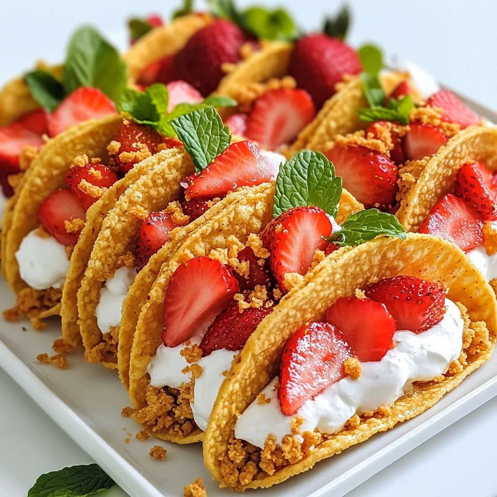 - 1 cup graham cracker crumbs - 1 cup crushed cornflakes - 1/4 cup sugar - 1/2 teaspoon cinnamon - 1/2 cup unsalted butter, melted - 8 oz cream cheese, softened - 1/2 cup powdered sugar - 1 teaspoon vanilla extract - 1 cup heavy whipping cream - 1 cup fresh strawberries, hulled and sliced - 1/4 cup strawberries, finely diced for crunch topping - Mint leaves for garnish These ingredients come together to create a fun dessert. The graham cracker crumbs and cornflakes make the taco shell crunchy. Cream cheese and heavy cream blend for a rich filling. Fresh strawberries add a sweet touch. You can swap some ingredients based on what you have at home. Use digestive biscuits instead of graham crackers. If you prefer, you can try using Rice Krispies instead of cornflakes. For a dairy-free option, consider using vegan cream cheese and coconut cream. Choose fresh strawberries that are bright and firm. They should smell sweet. When picking cream cheese, look for brands with simple ingredients for the best taste. For the whipped cream, use heavy cream with at least 36% fat. This ensures it whips up nicely. Always use unsalted butter to control the salt level in your dessert. {{ingredient_image_1}} To start, gather your ingredients. You will need graham cracker crumbs, crushed cornflakes, sugar, cinnamon, and melted butter. In a large bowl, mix the graham cracker crumbs, cornflakes, sugar, and cinnamon. Stir it well until combined. Then, pour in the melted butter and mix until it looks like wet sand. Next, preheat your oven to 350°F (175°C). You can shape the mixture into taco shells using a taco shell mold or an upside-down muffin tin. Press the mixture firmly into the mold to make it compact. Bake these shells on a tray for 10-12 minutes. They should turn golden brown. Once baked, let them cool completely. Now, let’s make the cheesecake filling. In a mixing bowl, take the softened cream cheese. Beat it until it is smooth and creamy. Gradually add in the powdered sugar and vanilla extract. Keep mixing until everything is well blended. In another bowl, whip the heavy cream until it forms stiff peaks. This means it holds its shape well. Gently fold this whipped cream into the cream cheese mixture. Do this carefully to keep it fluffy. It should look smooth and light. It’s time to put everything together! Carefully take the cooled taco shells out of the molds. Use a spoon to fill each shell with the cheesecake mixture. Be generous but avoid overfilling. Next, add sliced strawberries on top. You can also sprinkle some finely diced strawberries for a nice crunch. If you like, garnish with a mint leaf for a fresh touch. Once assembled, place the tacos in the fridge for at least 30 minutes. This helps the filling firm up before serving. To get a great taco shell, mix the graham cracker crumbs, crushed cornflakes, sugar, and cinnamon well. The melted butter helps bind everything together. When you press the mixture into the shell mold, make sure it is compact. This helps the shells hold their shape when baking. Bake them until golden brown, but watch closely. Overbaking can make them too hard. Let them cool completely before filling. Whipping cream is key to a light cheesecake filling. Start with cold heavy cream. Use a clean bowl and beaters to whip the cream. Whip it until stiff peaks form, but don't overbeat it. If you overbeat, it can become grainy. Fold the whipped cream gently into the cream cheese mixture. This keeps it light and fluffy. These cheesecake tacos look and taste amazing on a platter. You can drizzle honey or chocolate sauce on top for extra sweetness. Fresh mint leaves add a nice touch too. For drinks, serve them with a refreshing lemonade or sweet tea. You might also enjoy pairing them with vanilla ice cream for a special treat. Pro Tips Chill for Best Results: Allow the filled tacos to chill in the refrigerator for at least 30 minutes before serving. This helps the cheesecake filling firm up and makes them easier to eat. Use Fresh Ingredients: For the best flavor and texture, always use fresh strawberries and high-quality cream cheese. This will enhance the overall taste of your cheesecake tacos. Experiment with Flavors: Feel free to add other fruits like blueberries or raspberries, or even a splash of lemon juice to the filling for a zesty twist on the classic cheesecake flavor. Make Ahead: You can prepare the taco shells and cheesecake filling a day in advance. Assemble the tacos right before serving to keep the shells crunchy and the filling fresh. {{image_2}} You can change the cheesecake filling to fit your taste. Here are some ideas: - Chocolate: Add 1/4 cup of cocoa powder to the cream cheese mix. - Vanilla Bean: Use vanilla bean paste instead of vanilla extract. This gives more flavor. - Lemon: Mix in the zest of one lemon for a fresh taste. - Nutella: Swirl in some Nutella for a rich chocolate hazelnut flavor. Each option brings a new twist to the classic cheesecake. You can get creative with flavors! Toppings make your tacos more fun. Here are some tasty suggestions: - Berries: Use blueberries or raspberries for a colorful mix. - Crushed Cookies: Sprinkle crushed Oreos or graham crackers on top. - Nuts: Add chopped nuts like almonds or pecans for crunch. - Sauces: Drizzle with caramel or chocolate sauce for extra sweetness. Mix and match toppings to create your perfect taco! You can enjoy these tacos even with dietary needs. Here are some swaps: - Gluten-Free: Use gluten-free graham crackers or oats for the shells. - Dairy-Free Cream Cheese: Look for plant-based cream cheese for the filling. - Coconut Cream: Use coconut cream instead of heavy cream for a dairy-free whip. These options make it easy to enjoy Strawberry Crunch Cheesecake Tacos no matter your diet! To keep your unassembled strawberry crunch cheesecake tacos fresh, store them correctly. First, let the taco shells cool completely. Once cool, place them in an airtight container. You can stack them with parchment paper in between to prevent sticking. Keep the container in a cool, dry place. The shells can last up to three days this way. If you have leftover cheesecake filling, don't waste it! Store it in an airtight container. Place the container in the fridge. It will stay fresh for about three days. When you're ready to use it again, give it a quick stir. You may need to add a little cream to refresh the texture. Want to save some tacos for later? You can freeze them! First, store unassembled taco shells in a single layer on a tray. Freeze them for about an hour. Once frozen, transfer them to an airtight bag. Make sure to remove as much air as possible. You can freeze the shells for up to a month. Just remember, once you’re ready to eat them, let them thaw in the fridge before serving. You can keep these tacos in the fridge for up to three days. Make sure to store them in an airtight container. This helps keep the shells crispy and the filling fresh. Yes, you can use frozen strawberries. Just thaw them and drain any extra liquid. Fresh strawberries give a better taste, but frozen ones work in a pinch. If you don’t have a taco shell mold, use an upside-down muffin tin. Press the mixture into the cups to create taco shapes. This method works well and gives you the same fun shape. In this blog post, we covered how to make Strawberry Crunch Cheesecake Tacos. We explored key ingredients, substitutions, and tips for the best quality. The step-by-step instructions guide you from crunch shells to the cheesecake filling. Our tips give you the secrets to perfect texture and flavor. We also shared variations and storage advice. Now, you can create a fun, tasty treat with ease. Enjoy every bite and make them your own!