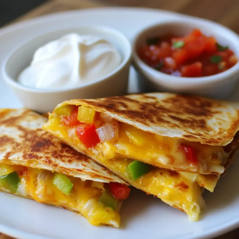 To make a tasty breakfast quesadilla, you need just a few key items. Gather these ingredients: - 2 large flour tortillas - 4 large eggs - 1/2 cup shredded cheese (cheddar or pepper jack) - 1/4 cup diced bell pepper (any color) - 1/4 cup diced onion - 1/4 cup cooked black beans (optional) - Salt and pepper to taste - 1 tablespoon olive oil or butter These ingredients form the base of your quesadilla. The eggs provide protein, while the cheese adds creaminess. The bell pepper and onion give great flavor and texture. You can change up your quesadilla by adding more ingredients. Here are some ideas: - Chopped spinach or kale for greens - Diced tomatoes for freshness - Cooked sausage or bacon for meat lovers - Avocado slices for creaminess - Fresh herbs like cilantro or parsley for brightness Feel free to mix and match these options. They make the quesadilla even more delicious and fun. Choosing the right cheese can make a big difference. Here are some great options: - Cheddar: A classic choice with a sharp taste. - Pepper jack: Adds a bit of spice and flavor. - Monterey Jack: Smooth and creamy, melts well. - Mozzarella: Mild flavor, great for pulling cheese. Experiment with different cheeses to find what you like best. Each one adds its own twist to your breakfast quesadilla. {{ingredient_image_1}} To start, crack the four large eggs into a medium bowl. Add salt and pepper to taste. Whisk them together until mixed well. This simple egg mixture is the heart of your quesadilla. The eggs add protein and flavor. Make sure there are no big lumps. You want a smooth and creamy texture. Next, heat one tablespoon of olive oil or butter in a large skillet over medium heat. Toss in the diced onion and bell pepper. Sauté them for about 3-4 minutes. You want them soft and slightly caramelized. This step brings out their natural sweetness. Stir often to make sure they cook evenly. If you like, add cooked black beans for more texture and flavor. Now, pour the egg mixture into the skillet with the veggies. Gently stir as the eggs scramble. Cook for about 3-5 minutes until they are fully set. If your skillet is big enough, place one tortilla in it. Sprinkle half of the shredded cheese on one side. Add half of the egg mixture on top, then fold the tortilla over. If the skillet is small, cook each quesadilla one by one. Cook each side for 2-3 minutes until golden brown and the cheese melts. Once done, let them cool a bit, then cut into wedges. Enjoy your tasty breakfast quesadilla! To make the best eggs for your quesadilla, start with fresh eggs. Whisk them well with salt and pepper in a bowl. Heat your skillet over medium heat, but don’t rush it. Add the olive oil or butter and let it melt. Then, add the onions and bell peppers. Sauté them until soft and slightly golden. This step adds flavor. Pour in your beaten eggs and stir gently. Cook until the eggs are just set. Remove them from heat to avoid overcooking. For a great cheese melt, choose the right cheese. Cheddar or pepper jack works well. Add the cheese to the quesadilla while it is still hot. The heat helps melt the cheese nicely. When cooking the quesadilla, press down slightly with a spatula. This helps the cheese stick to the eggs and tortilla. Cook until the outside is golden brown. This gives a nice crunch while keeping the cheese gooey inside. When serving, cut your quesadilla into wedges for easy eating. Place them on a cutting board or a plate. Add a small bowl of salsa and sour cream on the side for dipping. For extra flair, garnish with fresh cilantro or avocado slices. This not only makes it pretty but adds flavor too. You can also serve it with a side of fruit for a complete breakfast. Enjoy! Pro Tips Use Fresh Ingredients: Always opt for fresh vegetables and eggs to enhance the overall flavor of your quesadilla. Experiment with Cheese: Try different types of cheese such as Monterey Jack or feta for a unique twist. Make it Spicy: Add jalapeños or a dash of hot sauce to the egg mixture for an extra kick. Keep it Warm: If making multiple quesadillas, keep them warm in a low oven (around 200°F) until ready to serve. {{image_2}} You can easily make a tasty vegetarian quesadilla. Just swap the eggs for tofu. Crumble firm tofu and sauté it with your veggies. Add spinach, mushrooms, or zucchini for extra flavor. You can also try using different cheeses like feta or goat cheese. These add a creamy taste and pair well with veggies. Want to boost your protein? Add cooked chicken or turkey. Shredded meats mix well with eggs and cheese. You can also add more black beans for a hearty touch. Another great choice is to mix in cooked sausage or bacon. This gives your quesadilla a savory kick. If you love spice, try adding jalapeños or hot sauce. You can mix diced jalapeños into the egg mix. For an extra kick, sprinkle some red pepper flakes on top. Another fun idea is to use spicy cheese, like pepper jack. This will give your quesadilla a fun and zesty taste. To store leftover quesadillas, let them cool first. Place them in an airtight container. Keep the container in the fridge. They will stay fresh for up to three days. You can also wrap them in foil or plastic wrap for extra protection. To reheat your quesadillas, use a skillet. Heat the skillet over medium heat. Place the quesadilla in the pan. Cook for about 2 to 3 minutes on each side. This warms them and makes them crispy. You can also use a microwave. Heat on high for 30 to 60 seconds. This method is quick but may soften the quesadilla. To freeze quesadillas, let them cool completely. Wrap each quesadilla in plastic wrap. Place them in a freezer bag or container. They can last up to two months in the freezer. When ready to eat, thaw them in the fridge overnight. Then reheat as mentioned above. Enjoy your tasty breakfast anytime! It takes about 20 minutes to make a breakfast quesadilla. You spend 10 minutes prepping and 10 minutes cooking. This quick meal is perfect when you are short on time. Yes, you can make breakfast quesadillas ahead of time. Cook them, let them cool, and store them in the fridge. They will last for about three days. Just reheat them for a fast breakfast. You can mix many ingredients into your breakfast quesadilla. Here are some ideas: - Spinach - Mushrooms - Tomatoes - Cooked bacon or sausage - Avocado - Jalapeños for heat Feel free to get creative! You learned how to make a tasty breakfast quesadilla. We covered the main ingredients, cooking steps, and fun tips. Don't forget to try different flavors and ingredients. You can add veggies or spices to make it your own. Ideal for a quick meal, breakfast quesadillas are delicious and easy to store. Enjoy them fresh or save some for later. With all this knowledge, you can surprise anyone with your cooking skills. Now, get cooking and have fun in the kitchen!