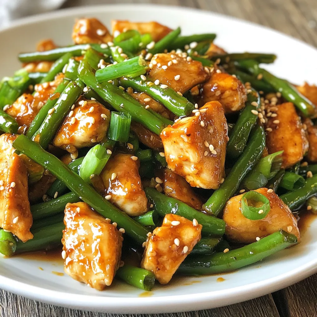 - 2 boneless, skinless chicken breasts, cut into bite-sized pieces - 2 cups fresh green beans, trimmed - 3 tablespoons olive oil - 3 cloves garlic, minced - 1 teaspoon ginger, grated - 1 tablespoon soy sauce - 1 tablespoon honey - Salt and pepper to taste - 1 tablespoon sesame seeds (for garnish) - Sliced green onions (for garnish) The main ingredients for this dish are simple and fresh. Start with two boneless, skinless chicken breasts. Cut them into bite-sized pieces to help them cook evenly. Fresh green beans add a nice crunch and color. Trim them to remove the tough ends for the best taste. You will also need olive oil to cook the chicken and green beans. Garlic and ginger bring rich flavors that enhance the dish. The soy sauce and honey create a delightful balance of salty and sweet. Don’t forget salt and pepper for seasoning! Finally, sesame seeds and green onions make great garnishes. They add a nice touch and extra flavor. With these ingredients, you’re all set to make a quick and tasty meal! {{ingredient_image_1}} - Seasoning the chicken: Start by taking your chicken pieces. Sprinkle salt and pepper on them. Mix well to coat each piece. This adds flavor right from the start. - Preparing the skillet: Grab a large skillet or wok. Pour in 2 tablespoons of olive oil. Heat it on medium-high. Wait until the oil shimmers. This means it's ready for cooking. - Browning the chicken: Add the seasoned chicken pieces to the hot skillet. Cook them for about 5-7 minutes. Stir frequently. You want them browned and cooked through. - Sautéing garlic and ginger: Once the chicken is done, take it out. Set it aside on a plate. In the same skillet, add 1 tablespoon of olive oil. Toss in 3 cloves of minced garlic and 1 teaspoon of grated ginger. Sauté for about 30 seconds. You’ll know it’s ready when it smells great. - Stir-frying green beans: Now, add 2 cups of trimmed green beans to the skillet. Stir-fry them for about 3-4 minutes. You want them bright green and just tender. - Combining chicken and green beans: Return the browned chicken to the skillet. Pour in 1 tablespoon of soy sauce and 1 tablespoon of honey. Toss everything together. Cook for 2 more minutes. This helps all the flavors mix well. - Garnishing before serving: Remove the skillet from heat. Sprinkle sesame seeds and sliced green onions on top. This adds a nice touch and makes it look pretty. Enjoy your quick chicken and green beans! - Ideal heat settings: Use medium-high heat for cooking chicken. This helps brown the meat well while keeping it juicy. If your pan gets too hot, reduce the heat slightly. - Importance of stirring frequently: Stir often while cooking. This ensures even cooking and prevents sticking. It also helps mix the flavors. - Suggested marinades: Try marinating chicken in soy sauce and honey for an hour. This adds depth and sweetness. You can also mix in some garlic for extra flavor. - Additional seasoning options: Experiment with chili flakes for spice. You can also add a splash of rice vinegar for tang. Fresh herbs like basil or cilantro can brighten the dish. - Pairing with side dishes: Serve with steamed rice, quinoa, or noodles. These pair well and soak up the sauce. A side salad adds freshness and crunch. - Presentation ideas: Use a colorful plate to serve your dish. Garnish with sesame seeds and sliced green onions for a pop of color. This makes your meal look more inviting and tasty. Pro Tips Marinate for Flavor: Allow the chicken to marinate in the soy sauce and honey for at least 30 minutes before cooking to enhance the flavor. Use Fresh Ingredients: Fresh green beans and garlic can significantly elevate the taste of the dish, so opt for fresh over frozen or canned. Adjust the Heat: If you prefer a bit of spice, add red pepper flakes or a splash of sriracha during the stir-fry for an extra kick. Perfectly Cooked Beans: To keep green beans crisp, avoid overcooking them. They should be vibrant and tender yet still have a slight crunch. {{image_2}} You can easily swap out the green beans for other veggies. Try bell peppers, broccoli, or snap peas. Each adds a unique taste and texture. For protein, chicken is great, but you can also use shrimp or tofu. Both cook quickly and absorb flavors well. This keeps the dish fresh and exciting. Want to spice things up? Add red pepper flakes or a pinch of cayenne. They bring heat without overpowering the dish. You can also change the sauce. Instead of soy sauce, try teriyaki or hoisin. Each sauce gives a new twist to the flavor. If you're watching calories, use less olive oil or skip the honey. The dish will still taste great! For gluten-free options, choose tamari instead of soy sauce. This keeps the dish safe for those with gluten sensitivities. Enjoy a meal that fits your needs! Store your leftovers in airtight containers. This helps keep the chicken and green beans fresh. Use glass or plastic containers with tight lids. Label the containers with the date. This way, you know how long they have been in the fridge. Leftovers can last up to three days. If you want to keep them longer, consider freezing. You can reheat the chicken and green beans in several ways. The microwave is quick and easy. Place the food in a safe dish and cover it. Heat for 1-2 minutes. Stir halfway through for even heating. You can also use a skillet on low heat. This method helps keep the texture nice. Just add a splash of water or oil to prevent sticking. If you want to save leftovers, freezing is a great option. Let the dish cool completely before freezing. Portion it into smaller containers for easy use later. You can freeze it for up to three months. To thaw, move it to the fridge overnight. For faster thawing, place it in a bowl of cold water. Reheat it as mentioned above to enjoy later. You can prep this dish in advance easily. Start by cutting the chicken and trimming the green beans. Store them in separate containers. Keep the garlic and ginger ready too. For storing, place the chicken and green beans in the fridge. They stay fresh for up to two days. When it's time to cook, just follow the recipe steps. To reheat, use a skillet on medium heat. Add a splash of olive oil to keep it moist. Stir until heated through. This keeps the flavors fresh and delicious. Yes, you can use frozen green beans! They make cooking faster. Just add them straight to the skillet without thawing. Cook them a bit longer, about 5-6 minutes. This helps them become tender and warm. The flavors of garlic and ginger will still work great with frozen beans. This recipe is perfect for meal prep! It cooks quickly and tastes great when reheated. For best practices, make a larger batch. Divide it into meal containers. You can portion it to last for the week. Aim for one serving of chicken and one serving of green beans in each container. This way, you have balanced meals ready to go. This article shows you how to make quick chicken and green beans. We covered the main ingredients, step-by-step instructions, tips, variations, and storage info. You'll learn easy ways to cook and enjoy this dish. Remember, you can switch up the ingredients or flavors to fit your taste. With these tips, meal prep becomes simple and fun. Now, get cooking and enjoy your delicious meal!
