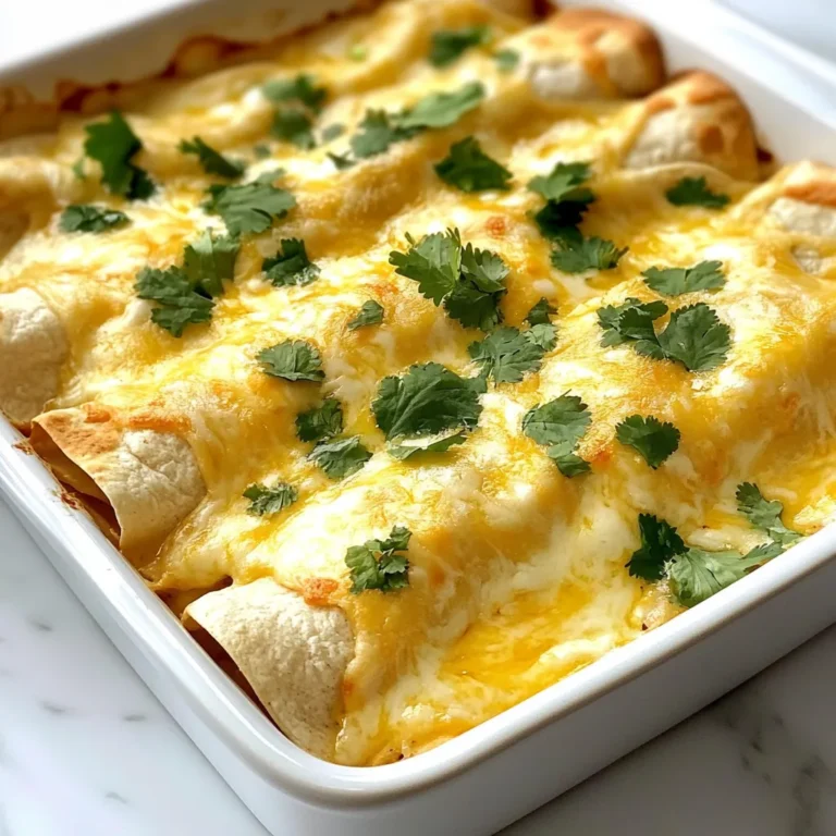 - 2 cups cooked chicken, shredded - 1 cup cream cheese, softened - 1 cup shredded mozzarella cheese - 1/2 cup sour cream - 1/4 cup chopped green onions - 1 cup enchilada sauce (low carb if possible) - 8 oz almond flour tortillas (or your favorite low carb tortillas) - 1 teaspoon garlic powder - 1 teaspoon cumin - Salt and pepper to taste - Fresh cilantro, for garnish The main ingredients in this dish create a creamy, rich filling. The shredded chicken gives protein and texture. Cream cheese and sour cream add creaminess. Mozzarella cheese melts beautifully, giving a nice top layer. Green onions add a fresh pop of flavor. You can customize this recipe with a few easy add-ins. Consider adding: - Diced jalapeños for a spicy kick - Black olives for a briny touch - Corn for a hint of sweetness - Avocado slices for added creaminess - Extra spices like chili powder for more warmth These optional add-ins can make your enchiladas even more exciting. Choose what suits your taste and diet. Each serving of these enchiladas offers: - Calories: 450 - Protein: 30g - Carbs: 10g - Fat: 30g This dish is low in carbs and high in protein. It fits well into a low-carb diet. Enjoy these enchiladas without worry. {{ingredient_image_1}} To start, gather your ingredients. You will need cooked chicken, cream cheese, mozzarella cheese, and sour cream. Chop the green onions and measure out the spices. Mix the shredded chicken in a bowl with cream cheese, half the mozzarella, sour cream, green onions, garlic powder, cumin, salt, and pepper. Stir it well until smooth. This creamy mix will be the heart of your enchiladas. Next, you will roll your enchiladas. Take an almond flour tortilla and lay it flat. Spoon 2-3 tablespoons of your chicken mixture onto the center. Roll it up tightly and place it seam-side down in a greased baking dish. Keep rolling with the rest of the tortillas and filling. Once done, pour the enchilada sauce evenly over the top. Don't forget to sprinkle the remaining mozzarella cheese on top for that cheesy goodness. Now, it's time to bake! Preheat your oven to 350°F (175°C). Place your baking dish in the oven and bake for 25-30 minutes. You want the cheese to melt and bubble. When it's done, take it out and let it cool for a few minutes. Garnish with fresh cilantro for a pop of color and flavor. Enjoy your delicious low carb white chicken enchiladas! To keep your enchiladas moist, use a good amount of sauce. Pour the sauce over the rolled enchiladas before baking. This step prevents them from drying out. You can also cover the dish with foil during the first part of baking. Remove the foil in the last few minutes to get that nice, bubbly cheese. One mistake is not seasoning your chicken mix well. Always add salt and pepper to boost flavor. Another error is overcooking the enchiladas. Bake just until the cheese melts, not longer. This keeps the dish tender. Lastly, avoid using too much filling. If you overstuff, the tortillas may tear, making a mess. Shredding chicken is easy if you use the right method. For best results, use cooked chicken that is still warm. This makes it easier to pull apart. You can use two forks to shred it quickly. If you want a smoother texture, use a stand mixer. Just mix on low for a few seconds. This will give you perfectly shredded chicken without much effort. Pro Tips Use Rotisserie Chicken: For a quicker preparation, consider using store-bought rotisserie chicken. It saves time and adds a delicious flavor. Customize Your Sauce: Feel free to add spices or additional ingredients to your enchilada sauce for a personalized kick. Chipotle powder or diced jalapeños can enhance the heat. Cheese Variations: Experiment with different types of cheese, such as pepper jack or cheddar, for a unique flavor profile that complements the chicken. Make Ahead: These enchiladas can be assembled in advance and stored in the refrigerator. Just bake them when you’re ready to eat for a fuss-free meal. {{image_2}} You can swap out some ingredients to make these enchiladas even better. Use Greek yogurt instead of sour cream for a tangy twist. If you want more veggies, try adding spinach or bell peppers to the chicken mix. You can also use shredded cauliflower instead of chicken for a vegetarian option. This keeps the dish low carb while adding more flavors. If you want to change the sauce, try a green salsa verde. It gives a fresh taste that works well with chicken. You can also use a homemade cheese sauce for a creamier option. For toppings, consider diced avocados or fresh tomatoes. These add color and nutrition to your meal. To spice things up, add jalapeños to the chicken mixture. You can also use a spicy enchilada sauce if you prefer. Another option is to sprinkle chili powder in the filling. This adds warmth without overwhelming the dish. Adjust the heat based on your taste. A little spice can elevate the flavor and make your enchiladas truly special. To keep your enchiladas fresh, let them cool first. Place them in an airtight container. If you stack them, put parchment paper between layers. This helps stop sticking. You can store them in the fridge for up to three days. If you want to freeze your enchiladas, wrap each one tightly in plastic wrap. Then, place them in a freezer-safe bag. Remove as much air as possible. They can last up to three months in the freezer. When it's time to eat, just thaw in the fridge overnight. To reheat, place the enchiladas in a baking dish. Preheat your oven to 350°F (175°C). Cover the dish with foil to keep them moist. Bake for about 20 minutes. For extra cheesy goodness, remove the foil for the last five minutes. You want the cheese melted and bubbly! Yes, you can use regular tortillas. However, keep in mind that they add more carbs. Almond flour tortillas help keep the dish low-carb and gluten-free. If you choose regular tortillas, the flavor and texture will differ slightly, but the dish will still taste great. To make these enchiladas dairy-free, replace cream cheese and sour cream with vegan options. Use cashew cream or coconut cream. Look for dairy-free cheese to keep the cheesy flavor. Make sure your enchilada sauce is also dairy-free. This way, you can enjoy these enchiladas without dairy. There are many tasty side dishes to serve with these enchiladas. Consider making a fresh salad with greens and avocado. You can also serve Mexican-style cauliflower rice. Grilled veggies add a nice touch too. For a crunchy side, try tortilla chips with guacamole. Each side enhances your meal! Low Carb White Chicken Enchiladas are easy to make and taste great. We learned about the main ingredients, how to prepare them, and ways to avoid mistakes. We also explored different variations and storage tips to keep your meals fresh. By following these steps and suggestions, you can create a dish that everyone will love. Enjoy your cooking and savor each bite of this delicious low-carb option.