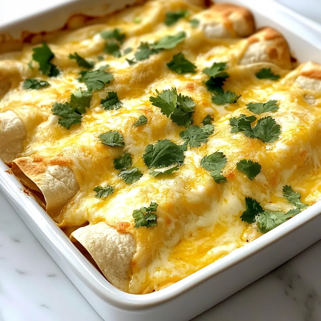 - 2 cups cooked chicken, shredded - 1 cup cream cheese, softened - 1 cup shredded mozzarella cheese - 1/2 cup sour cream - 1/4 cup chopped green onions - 1 cup enchilada sauce (low carb if possible) - 8 oz almond flour tortillas (or your favorite low carb tortillas) - 1 teaspoon garlic powder - 1 teaspoon cumin - Salt and pepper to taste - Fresh cilantro, for garnish The main ingredients in this dish create a creamy, rich filling. The shredded chicken gives protein and texture. Cream cheese and sour cream add creaminess. Mozzarella cheese melts beautifully, giving a nice top layer. Green onions add a fresh pop of flavor. You can customize this recipe with a few easy add-ins. Consider adding: - Diced jalapeños for a spicy kick - Black olives for a briny touch - Corn for a hint of sweetness - Avocado slices for added creaminess - Extra spices like chili powder for more warmth These optional add-ins can make your enchiladas even more exciting. Choose what suits your taste and diet. Each serving of these enchiladas offers: - Calories: 450 - Protein: 30g - Carbs: 10g - Fat: 30g This dish is low in carbs and high in protein. It fits well into a low-carb diet. Enjoy these enchiladas without worry. {{ingredient_image_1}} To start, gather your ingredients. You will need cooked chicken, cream cheese, mozzarella cheese, and sour cream. Chop the green onions and measure out the spices. Mix the shredded chicken in a bowl with cream cheese, half the mozzarella, sour cream, green onions, garlic powder, cumin, salt, and pepper. Stir it well until smooth. This creamy mix will be the heart of your enchiladas. Next, you will roll your enchiladas. Take an almond flour tortilla and lay it flat. Spoon 2-3 tablespoons of your chicken mixture onto the center. Roll it up tightly and place it seam-side down in a greased baking dish. Keep rolling with the rest of the tortillas and filling. Once done, pour the enchilada sauce evenly over the top. Don't forget to sprinkle the remaining mozzarella cheese on top for that cheesy goodness. Now, it's time to bake! Preheat your oven to 350°F (175°C). Place your baking dish in the oven and bake for 25-30 minutes. You want the cheese to melt and bubble. When it's done, take it out and let it cool for a few minutes. Garnish with fresh cilantro for a pop of color and flavor. Enjoy your delicious low carb white chicken enchiladas! To keep your enchiladas moist, use a good amount of sauce. Pour the sauce over the rolled enchiladas before baking. This step prevents them from drying out. You can also cover the dish with foil during the first part of baking. Remove the foil in the last few minutes to get that nice, bubbly cheese. One mistake is not seasoning your chicken mix well. Always add salt and pepper to boost flavor. Another error is overcooking the enchiladas. Bake just until the cheese melts, not longer. This keeps the dish tender. Lastly, avoid using too much filling. If you overstuff, the tortillas may tear, making a mess. Shredding chicken is easy if you use the right method. For best results, use cooked chicken that is still warm. This makes it easier to pull apart. You can use two forks to shred it quickly. If you want a smoother texture, use a stand mixer. Just mix on low for a few seconds. This will give you perfectly shredded chicken without much effort. Pro Tips Use Rotisserie Chicken: For a quicker preparation, consider using store-bought rotisserie chicken. It saves time and adds a delicious flavor. Customize Your Sauce: Feel free to add spices or additional ingredients to your enchilada sauce for a personalized kick. Chipotle powder or diced jalapeños can enhance the heat. Cheese Variations: Experiment with different types of cheese, such as pepper jack or cheddar, for a unique flavor profile that complements the chicken. Make Ahead: These enchiladas can be assembled in advance and stored in the refrigerator. Just bake them when you’re ready to eat for a fuss-free meal. {{image_2}} You can swap out some ingredients to make these enchiladas even better. Use Greek yogurt instead of sour cream for a tangy twist. If you want more veggies, try adding spinach or bell peppers to the chicken mix. You can also use shredded cauliflower instead of chicken for a vegetarian option. This keeps the dish low carb while adding more flavors. If you want to change the sauce, try a green salsa verde. It gives a fresh taste that works well with chicken. You can also use a homemade cheese sauce for a creamier option. For toppings, consider diced avocados or fresh tomatoes. These add color and nutrition to your meal. To spice things up, add jalapeños to the chicken mixture. You can also use a spicy enchilada sauce if you prefer. Another option is to sprinkle chili powder in the filling. This adds warmth without overwhelming the dish. Adjust the heat based on your taste. A little spice can elevate the flavor and make your enchiladas truly special. To keep your enchiladas fresh, let them cool first. Place them in an airtight container. If you stack them, put parchment paper between layers. This helps stop sticking. You can store them in the fridge for up to three days. If you want to freeze your enchiladas, wrap each one tightly in plastic wrap. Then, place them in a freezer-safe bag. Remove as much air as possible. They can last up to three months in the freezer. When it's time to eat, just thaw in the fridge overnight. To reheat, place the enchiladas in a baking dish. Preheat your oven to 350°F (175°C). Cover the dish with foil to keep them moist. Bake for about 20 minutes. For extra cheesy goodness, remove the foil for the last five minutes. You want the cheese melted and bubbly! Yes, you can use regular tortillas. However, keep in mind that they add more carbs. Almond flour tortillas help keep the dish low-carb and gluten-free. If you choose regular tortillas, the flavor and texture will differ slightly, but the dish will still taste great. To make these enchiladas dairy-free, replace cream cheese and sour cream with vegan options. Use cashew cream or coconut cream. Look for dairy-free cheese to keep the cheesy flavor. Make sure your enchilada sauce is also dairy-free. This way, you can enjoy these enchiladas without dairy. There are many tasty side dishes to serve with these enchiladas. Consider making a fresh salad with greens and avocado. You can also serve Mexican-style cauliflower rice. Grilled veggies add a nice touch too. For a crunchy side, try tortilla chips with guacamole. Each side enhances your meal! Low Carb White Chicken Enchiladas are easy to make and taste great. We learned about the main ingredients, how to prepare them, and ways to avoid mistakes. We also explored different variations and storage tips to keep your meals fresh. By following these steps and suggestions, you can create a dish that everyone will love. Enjoy your cooking and savor each bite of this delicious low-carb option.