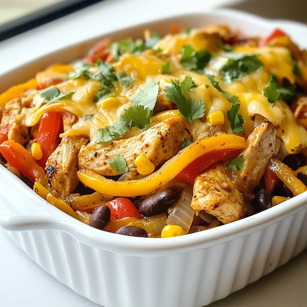 To make a tasty Chicken Fajita Casserole, you will need: - 1 lb boneless, skinless chicken breasts, cut into strips - 1 tablespoon olive oil - 1 bell pepper (red or yellow), sliced - 1 medium onion, sliced - 2 garlic cloves, minced - 1 teaspoon ground cumin - 1 teaspoon smoked paprika - ½ teaspoon chili powder - Salt and pepper, to taste - 1 can (15 oz) black beans, drained and rinsed - 1 cup corn kernels (fresh or frozen) - 1 cup salsa (mild or spicy, as preferred) - 2 cups cooked rice (white, brown, or cauliflower rice) - 1 ½ cups shredded cheese (cheddar or Mexican blend) - Fresh cilantro, for garnish (optional) These ingredients come together to create a warm, flavorful dish that everyone will love. You can add fun toppings to make your casserole even better. Here are some ideas: - Avocado slices for creaminess - Sour cream for tangy flavor - Sliced jalapeños for heat - Lime wedges for a zesty kick - Extra cheese for cheese lovers These toppings add freshness and flavor to your casserole. Feel free to mix it up! Here are some great substitutions: - Use turkey or shrimp instead of chicken for a different protein. - Swap black beans for kidney beans or pinto beans. - Try quinoa instead of rice for a healthier option. - Use dairy-free cheese for a vegan version. These easy substitutions keep the dish fun and interesting while catering to various diets. {{ingredient_image_1}} Start by preheating your oven to 350°F (175°C). In a large skillet, heat one tablespoon of olive oil over medium heat. Add one pound of boneless, skinless chicken breasts cut into strips. Cook these until they are no longer pink, which takes about 5 to 7 minutes. Next, toss in one sliced bell pepper and one medium onion. Add two minced garlic cloves, cooking them until they are tender, about 3 to 5 minutes. Season the mix with one teaspoon each of ground cumin and smoked paprika, and a half teaspoon of chili powder. Add salt and pepper to taste. In a large mixing bowl, combine one can of drained and rinsed black beans and one cup of corn kernels. Next, add one cup of salsa, choosing mild or spicy based on your taste. Fold in the chicken and vegetable mixture. Finally, stir in two cups of cooked rice, whether it’s white, brown, or even cauliflower rice. Ensure everything is mixed well. Transfer the casserole mix into a greased dish, spreading it evenly. Top it off with one and a half cups of shredded cheese, covering the entire surface. Bake in your preheated oven for 25 to 30 minutes. The cheese should be bubbly and slightly golden. Once done, let the casserole cool for 5 minutes before serving. If you like, you can garnish with fresh cilantro for an extra touch. Enjoy this savory meal with family or friends! To make the best Chicken Fajita Casserole, start with fresh chicken. I like to cut my chicken into strips. This helps it cook evenly. Use a large skillet for sautéing. Medium heat works best here. It allows the chicken to get a nice sear. Stir the chicken often, so it cooks evenly. After the chicken is cooked, add the veggies. Bell peppers and onions add great flavor. A dry casserole is not what we want. To keep it moist, do not overcook the chicken. Cook it until just done, about 5-7 minutes. Adding salsa helps too. It adds moisture and flavor. Use black beans and corn, as they also keep the dish juicy. When mixing the ingredients, be gentle. This helps keep everything moist and tasty. To boost flavor, I love using spices. Cumin and smoked paprika give warmth. Chili powder adds a nice kick. Feel free to adjust the spice levels to your taste. For extra fun, add some diced jalapeños for heat. You can also mix in some lime juice for a zesty touch. Finally, topping with cheese adds richness and creaminess. Pro Tips Use Fresh Ingredients: Fresh bell peppers and onions will enhance the flavor and texture of your casserole, making it more vibrant and delicious. Customize Your Spice Level: Adjust the chili powder and salsa to your taste preference, whether you like it mild or extra spicy. Make It Ahead: This casserole can be prepared in advance and stored in the refrigerator for up to 24 hours before baking. Just cover it tightly with plastic wrap. Experiment with Toppings: Try adding sliced jalapeños, avocado, or a dollop of sour cream on top before serving for extra flavor and texture. {{image_2}} You can make a vegetarian version of this dish. Use plant-based chicken strips or just skip the meat. Replace chicken with extra beans or veggies like zucchini and mushrooms. You can also add more peppers for color and flavor. This keeps the dish tasty and healthy. To make this casserole gluten-free, check the salsa and cheese labels. Many brands offer gluten-free options. Use rice that is labeled gluten-free. Brown rice or cauliflower rice works well. You can enjoy this meal without worrying about gluten. Adjust the heat to your liking. For a spicy kick, add jalapeños or use hot salsa. You can also mix in crushed red pepper flakes. If you prefer mild flavors, stick to mild salsa and skip the spicy added ingredients. This way, everyone can enjoy their meal. After you make the chicken fajita casserole, let it cool. Store it in an airtight container. It will stay fresh for up to three days in the fridge. Make sure to keep it covered to prevent it from drying out. If you're not eating it right away, put it in the fridge within two hours of cooking. To freeze the casserole, let it cool completely first. Place it in a freezer-safe container. You can also use a freezer bag for easy storage. It will keep well for up to three months. When you're ready to eat it, thaw it in the fridge overnight before reheating. To reheat, you can use the oven or microwave. If using the oven, preheat it to 350°F (175°C). Place the casserole in a baking dish and cover it with foil. Heat for about 20-25 minutes until warm. For the microwave, scoop a portion into a microwave-safe bowl. Heat for 2-3 minutes, stirring halfway. Always check the center to make sure it's hot. Enjoy your tasty meal! Yes, you can use other proteins. Ground turkey or beef works well. Shrimp or tofu are great for a twist. Just make sure to adjust cooking times. Cook the protein until it's safe to eat. To add heat, use hotter salsa or add jalapeños. You can also sprinkle in cayenne pepper or use spicy sausage. For an extra kick, add fresh chili peppers. Adjust the spice level to match your taste. Left-over casserole lasts about 3 to 4 days in the fridge. Store it in an airtight container. Make sure it cools down before putting it away. Reheat it in the oven or microwave when you’re ready to eat. In this article, we explored how to make a tasty chicken fajita casserole. We covered the main ingredients, optional toppings, and even substitutions. I shared step-by-step instructions for preparation and baking, plus tips to keep it moist. You also learned about fun variations, storage guidelines, and answers to common questions. I hope you feel confident to try making this dish. It's easy, fun, and perfect for sharing. Enjoy your cooking adventure!