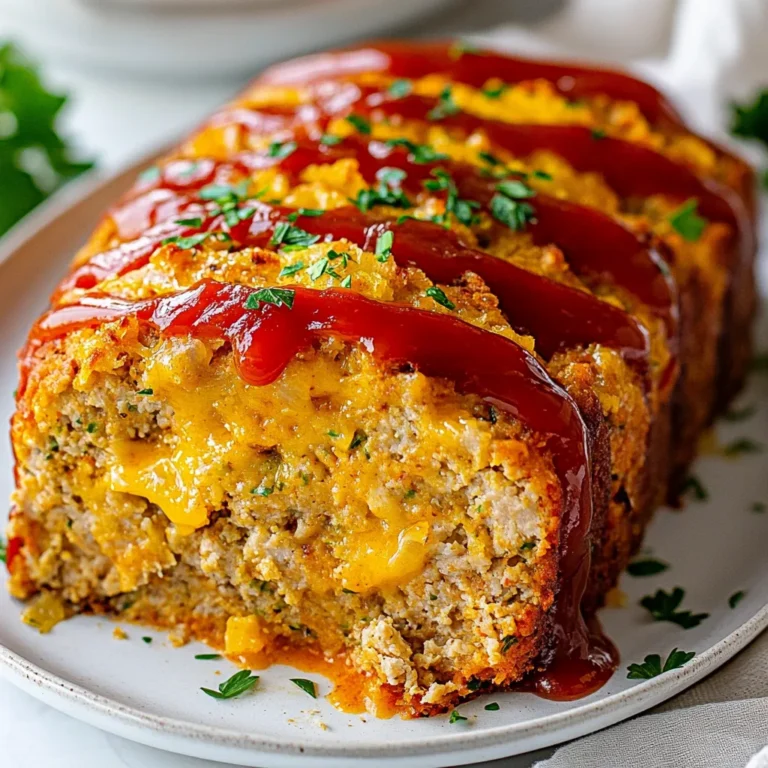 - 1 pound ground chicken - 1 cup breadcrumbs - 1/2 cup grated Parmesan cheese You need ground chicken for a lean meatloaf. It keeps the dish light and tasty. Breadcrumbs help bind the meatloaf together. They also add texture. Grated Parmesan cheese brings a rich, cheesy flavor to every bite. - 2 cloves garlic, minced - 1 small onion, finely chopped - 1/4 cup fresh parsley, chopped Minced garlic adds a strong, savory taste. It gives the meatloaf its name! Finely chopped onion adds sweetness and moisture. Fresh parsley brings a bright color and fresh flavor. - 1/2 cup milk - 1 large egg - 1 teaspoon dried oregano Milk keeps the meatloaf moist. The large egg binds all the ingredients together. Dried oregano adds a warm, earthy taste. Each of these ingredients works together to create a perfect meatloaf. {{ingredient_image_1}} First, set your oven to 350°F (175°C). This step is key for the best bake. While the oven warms up, grease your loaf pan with oil or cooking spray. You can also line it with parchment paper for easy cleanup. This helps the meatloaf come out easily after baking. In a large bowl, combine 1 pound of ground chicken with 1 cup of breadcrumbs. Add 1/2 cup of grated Parmesan cheese and 1 small finely chopped onion. Then, mix in 2 cloves of minced garlic, 1/4 cup of chopped fresh parsley, and 1/2 cup of milk. Don’t forget to add 1 large egg, 1 teaspoon of dried oregano, 1 teaspoon of salt, and 1/2 teaspoon of black pepper. Use your hands or a spatula to mix everything gently. Be careful not to overmix. This keeps the meatloaf tender and moist. Now, transfer the mixture into the prepared loaf pan. Press it down evenly to shape it well. Next, spread 1/4 cup of ketchup over the top for extra flavor. If you want, sprinkle some extra Parmesan cheese on top for a cheesy crust. Bake your meatloaf in the oven for about 45-55 minutes. It’s done when the inside reaches 165°F (74°C). After baking, let the meatloaf rest for about 10 minutes. This makes it easier to slice and serve. To keep your meatloaf tender, avoid overmixing. When you mix the ingredients, do it gently. Overmixing makes the meatloaf tough. Use your hands or a spatula to combine everything until it is just mixed. After baking, let the meatloaf rest for ten minutes. This helps the juices settle. If you slice it right away, juices run out. Resting makes each slice moist and flavorful. Adding herbs and spices can boost flavor. Try fresh thyme or basil for a twist. You can also mix in some red pepper flakes for heat. Customize the topping too. Instead of ketchup, try BBQ sauce or a mix of mustard and honey. This will change the taste and make it exciting. Serve your meatloaf with sides that match well. Mashed potatoes are a classic choice. Steamed veggies like broccoli or green beans add color. For a beautiful presentation, slice the meatloaf evenly. Arrange the slices on a platter and sprinkle fresh parsley on top. This makes your meal look appealing and inviting. Pro Tips Use Fresh Ingredients: Fresh garlic and parsley can significantly enhance the flavor of your meatloaf, making it more aromatic and vibrant. Don’t Overmix: When combining the ingredients, mix gently to maintain a tender texture. Overmixing can make the meatloaf dense. Check for Doneness: Use a meat thermometer to ensure the internal temperature reaches 165°F (74°C) for safe consumption and optimal texture. Rest Before Slicing: Allow the meatloaf to rest for 10 minutes after baking. This helps retain juices and makes slicing easier. {{image_2}} You can swap ground chicken for ground turkey. Turkey has a similar taste and texture. It is leaner and still gives great flavor. This option works well if you want a lighter meal. For a vegetarian option, use lentils or chickpeas instead of meat. Mash cooked lentils or chickpeas and add your usual ingredients. This gives a hearty texture and keeps it tasty. Adding veggies can boost flavor and nutrition. Try mixing in finely chopped bell peppers or grated carrots. They add color and moisture to the meatloaf. You can also use different cheeses. Instead of Parmesan, try mozzarella or cheddar. Each cheese gives a unique taste. Mixing cheeses can add a nice twist too! For a Mediterranean style, add feta cheese and olives. You can also mix in dried herbs like basil or thyme. This gives a fresh, savory flavor. If you want Asian-inspired flavors, add soy sauce and ginger. You can also include water chestnuts for crunch. These changes create a fun, new taste that surprises the palate. To store leftovers, first let the meatloaf cool. Place it in an airtight container. You can also wrap it tightly in plastic wrap or foil. This helps keep it fresh. Leftovers will last up to three days in the fridge. Make sure to eat them before that time is up for the best taste. For long-term storage, freezing is a great option. Wrap the cooled meatloaf in plastic wrap, then in foil. This double layer helps protect against freezer burn. You can freeze it up to three months. When you're ready to eat, thaw it overnight in the fridge. For a faster method, use the microwave's defrost setting. When it comes to reheating, the oven gives the best results. Preheat your oven to 350°F (175°C). Place the meatloaf in a baking dish. Cover it with foil to keep it moist. Heat for about 20-25 minutes or until it's hot. The microwave is faster but can make the meatloaf a bit rubbery. If using the microwave, heat it in short bursts. Check often to avoid overcooking. Yes, you can use other meats! Ground turkey works well as a substitute for ground chicken. It has a similar texture and flavor. You can also try ground beef or pork if you want a richer taste. Just keep in mind that cooking times may vary based on the type of meat you choose. Always check the internal temperature for safety. To make the meatloaf gluten-free, swap the breadcrumbs with gluten-free alternatives. You can use crushed gluten-free crackers or oats. Both options provide a great texture without the gluten. Another choice is to use ground almond flour or coconut flour. These options can help bind the meatloaf while keeping it gluten-free. The meatloaf should reach an internal temperature of 165°F (74°C). This ensures it is safe to eat. I recommend using a meat thermometer to check the temperature. If you don’t have one, you can cut into the meatloaf to see if the juices run clear. Let it rest for 10 minutes before slicing. This helps keep the meatloaf juicy. In this article, we explored the key ingredients for a tasty meatloaf, from ground chicken to seasonings. I guided you through step-by-step instructions for mixing, forming, and baking. You learned useful tips to keep your meatloaf tender and flavorful. We also discussed creative variations, storage tips, and answered common questions. Now, you can create a delicious meatloaf that suits your taste and dietary needs. Enjoy making it your own!