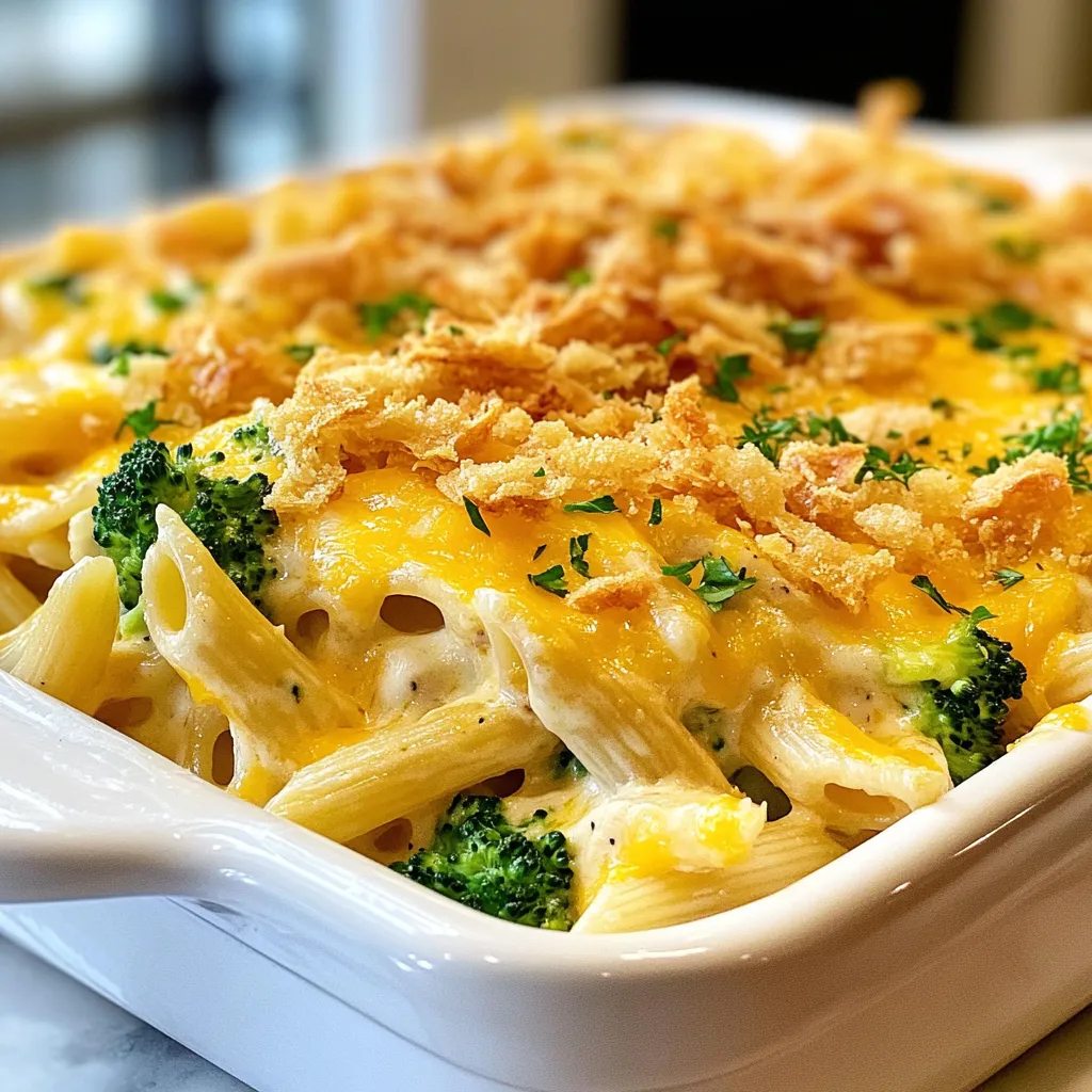 - 12 oz penne pasta - 2 cups cooked chicken, shredded - 1 cup cream cheese, softened - 1 cup shredded cheddar cheese - ½ cup ranch dressing - 1 cup chicken broth - 1 cup frozen broccoli florets (thawed) - 1 teaspoon garlic powder - 1 teaspoon onion powder - Salt and pepper to taste - ½ cup crispy fried onions - Fresh parsley, chopped (for garnish) For my Crack Chicken Penne Bake, I use simple ingredients that pack a punch. First, I start with 12 ounces of penne pasta. This pasta shape holds onto the creamy sauce well. Next, I add 2 cups of cooked chicken. I love using shredded chicken for its tender texture. Cream cheese is a must in this dish. One cup of softened cream cheese makes the sauce rich and smooth. I also mix in 1 cup of shredded cheddar cheese for that cheesy goodness. To bring it all together, I include ½ cup of ranch dressing. It adds a nice zip to the flavor. One cup of chicken broth keeps everything moist and delicious. Don’t forget 1 cup of thawed broccoli florets. They add color and nutrition. For seasoning, I use 1 teaspoon of garlic powder and 1 teaspoon of onion powder. A pinch of salt and pepper balances the taste perfectly. Finally, I top it with ½ cup of crispy fried onions. They give a nice crunch. I also sprinkle fresh parsley on top as a bright garnish. This simple mix of ingredients makes a tasty meal everyone will love! {{ingredient_image_1}} - Preheat the oven to 350°F (175°C). - Gather a large baking dish. This dish will hold all the goodness. - Cook 12 oz of penne pasta until al dente and drain it well. - In a large bowl, mix 2 cups of shredded chicken, 1 cup of softened cream cheese, ½ cup of ranch dressing, and seasonings like 1 teaspoon each of garlic and onion powder. Add salt and pepper to taste. Blend until smooth. - Stir in the cooked pasta and 1 cup of thawed broccoli florets. Make sure everything is well coated with the creamy mix. - Pour the mixture into your baking dish. Spread it out evenly. - Top with 1 cup of shredded cheddar cheese and ½ cup of crispy fried onions for that extra crunch. - Bake the dish for 25-30 minutes. You want it to be golden and bubbly. - Once done, cool it briefly before slicing. Enjoy the delicious layers! - Ensure chicken is cooked and shredded properly. I like to use rotisserie chicken for ease. - Cook pasta al dente for the best texture. This means it should be firm when bitten. - Pair with a side salad for a complete meal. A fresh green salad adds crunch and balance. - Offer breadsticks or garlic bread on the side. They are great for dipping into the creamy sauce. - Garnish with chopped parsley for color. This makes the dish look fresh and appealing. - Use colorful serving dishes. Bright colors enhance the meal and make it more inviting. Pro Tips Use Rotisserie Chicken: For a quicker prep time, pick up a rotisserie chicken from the grocery store and shred it for this dish. Customize Your Cheese: Feel free to mix and match different types of cheese like mozzarella or pepper jack for a unique flavor twist. Add More Veggies: You can include other vegetables like bell peppers or spinach to make this bake even healthier and colorful. Make Ahead: Prepare the dish a day in advance and store it in the refrigerator. Just bake it when you're ready to serve! {{image_2}} You can easily change the cheese in this dish. Try using mozzarella or gouda for a new taste. Each cheese brings its own unique flavor. You can also swap ranch dressing with blue cheese or Italian dressing. This can give the dish a different twist that many will enjoy. Want to make it more colorful? Add in some vegetables! Bell peppers and spinach work well in this bake. They add color and nutrition. If you like a bit of crunch, toss in some cooked bacon. It adds a smoky flavor and makes it even tastier. If you're looking for a gluten-free option, use gluten-free pasta. This simple swap keeps the dish friendly for everyone. For those who need a dairy-free version, try dairy-free cream cheese. It blends well and keeps the dish creamy without the dairy. To keep your Crack Chicken Penne Bake fresh, store it in an airtight container. It will stay good in the fridge for up to three days. When you're ready to eat, reheat it in the oven or microwave until hot. This way, you can enjoy that creamy goodness again! You can freeze either unbaked or baked portions of this dish for later. Just wrap it tightly in foil or use freezer-safe containers. This makes it easy to pull out a meal on busy days. Make sure to label the containers with the date, so you know when to use them. When reheating, do it gently in the oven. This keeps the texture nice and creamy. If the dish seems dry, add a splash of chicken broth. This little trick brings back its moisture and flavor. Enjoy your meal as if it was freshly made! Crack Chicken Penne Bake is a hearty and creamy dish. It combines pasta, chicken, and cheese. The main ingredients are: - 12 oz penne pasta - 2 cups cooked chicken, shredded - 1 cup cream cheese, softened - 1 cup shredded cheddar cheese - ½ cup ranch dressing - 1 cup chicken broth - 1 cup frozen broccoli florets (thawed) - 1 teaspoon garlic powder - 1 teaspoon onion powder - Salt and pepper to taste - ½ cup crispy fried onions (for topping) - Fresh parsley, chopped (for garnish) This dish is rich in flavor and easy to make. You mix everything together and bake it. The result is a cheesy, comforting meal that your family will love. Yes, you can make Crack Chicken Penne Bake ahead of time. Prepare the dish up to the baking step. Cover it tightly and keep it in the fridge. You can bake it later when you are ready to eat. Just remember to bake it a bit longer if it is cold from the fridge. This makes meal prep easy, especially on busy nights. Crack Chicken Penne Bake lasts up to three days in the fridge. Store it in an airtight container. Always check for any signs of spoilage before eating. If you want it to last longer, consider freezing it. In this post, we covered how to make Crack Chicken Penne Bake, a simple and tasty dish. You learned about the main ingredients, steps to cook, and tips for serving. This meal is easy to customize with different cheeses or veggies. Store leftovers well and enjoy them later. Remember, cooking should be fun and relaxing. With this recipe, you have a reliable meal option that will please everyone at the table. Get creative and make it your own! Enjoy your cooking adventure!