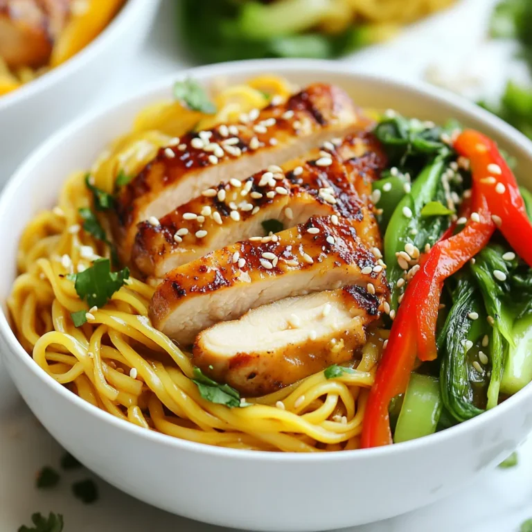 - 200g egg noodles - 2 chicken breasts, sliced thinly - 4 cloves garlic, minced - 3 tablespoons soy sauce - 2 tablespoons honey - 1 tablespoon sesame oil - 1 tablespoon ginger, grated - 1 tablespoon rice vinegar - 1 red bell pepper, thinly sliced - 1 cup bok choy, chopped - Sesame seeds for garnish - Fresh cilantro for garnish - Salt and pepper to taste - Egg Noodles: These noodles give a nice texture. You can use rice noodles if you need a gluten-free option. - Chicken Breasts: Thin slices cook well. You can swap chicken for tofu or shrimp for a different flavor. - Garlic: Fresh is best for taste. Garlic powder can work in a pinch, but fresh adds more zing. - Soy Sauce: This adds salt and umami. Use tamari for a gluten-free version. - Honey: It adds sweetness. Maple syrup works as a vegan substitute. - Sesame Oil: This gives a nutty flavor. You can use olive oil, but the taste will change. - Ginger: Fresh ginger gives a great kick. Ground ginger can be used, but fresh is better. - Rice Vinegar: It adds acidity. You can use apple cider vinegar if needed. - Vegetables: Red bell pepper and bok choy add color and crunch. Feel free to mix in your favorite veggies. - Calories: 420 - Protein: 30g - Carbohydrates: 50g - Fat: 15g - Fiber: 3g - Sugar: 8g This dish is tasty and balanced. It has protein from the chicken and fiber from the veggies. Enjoy a flavorful meal that feels good too! {{ingredient_image_1}} Start by boiling a large pot of salted water. Once it boils, add 200g of egg noodles. Cook them until they are al dente, about 4-5 minutes. Drain the noodles and set them aside in a bowl. In a small bowl, combine the sauce ingredients. Whisk together 3 tablespoons of soy sauce, 2 tablespoons of honey, 1 tablespoon of sesame oil, 1 tablespoon of grated ginger, and 1 tablespoon of rice vinegar. Mix well until everything blends. Set this sauce aside for later. Next, heat a large skillet or wok on medium-high heat. Add a drizzle of oil to the hot skillet. Season your sliced chicken breasts with salt and pepper, then add them to the skillet. Cook the chicken for about 5-7 minutes until it turns golden and is fully cooked. Once the chicken is cooked, add 4 minced garlic cloves and 1 sliced red bell pepper to the skillet. Stir-fry these for around 2 minutes until they smell great and the pepper softens. Lastly, add 1 cup of chopped bok choy and cook for another 2-3 minutes until it wilts. Now, it’s time to bring it all together. Add the cooked noodles to the skillet with the chicken and veggies. Pour the sauce over the top. Gently toss everything to coat the noodles and ingredients evenly. Cook for another 2-3 minutes until heated through. Finally, remove the skillet from the heat. Serve the sticky garlic chicken noodles in deep bowls. Garnish with sesame seeds and fresh cilantro for a nice touch. Enjoy your meal! To make your sticky garlic chicken noodles shine, follow a few key tips. First, cook your egg noodles just until al dente. This keeps them firm and not mushy. After cooking, make sure to drain and rinse them under cold water. This stops the cooking and prevents them from sticking together. Next, use a hot skillet for sautéing. A hot pan helps brown the chicken evenly and gives it a nice texture. Balance is key for this dish. The sweetness from honey needs to match the saltiness of soy sauce. Adjust these to your taste. If you want a bit of heat, add a pinch of red pepper flakes. Also, don’t skip the fresh garlic and ginger; they add great depth. Finally, finish with a sprinkle of sesame seeds and fresh cilantro. These bright flavors elevate the dish. Watch out for a few common mistakes. First, don't overcook the chicken. It should be juicy and tender, not dry. Also, be careful with the garlic. Burnt garlic tastes bitter, so add it to the pan after the chicken has cooked for a minute. Lastly, don’t rush the mixing step. Toss everything gently to coat the noodles fully in the sauce. This ensures each bite is packed with flavor. Pro Tips Use Fresh Ingredients: Fresh garlic and ginger will enhance the flavor of your dish significantly compared to dried alternatives. Adjust Sauce to Taste: Feel free to modify the amount of soy sauce and honey to suit your taste preferences; you can make it saltier or sweeter as you like. Vegetable Variations: You can substitute bok choy with other leafy greens like spinach or kale, or add more veggies like carrots or snap peas for extra crunch. Meal Prep Friendly: This dish is great for meal prep; store leftovers in the fridge and reheat for a quick meal throughout the week. {{image_2}} You can switch the chicken for other meats. Try sliced beef or shrimp. Both options work well with the sauce. For a lighter dish, use turkey breast. Each protein has its own taste. Adjust cook times as needed. Beef needs more time to brown, while shrimp cooks quickly. For a vegetarian dish, use tofu instead of chicken. Firm tofu holds up well in stir-fries. Marinate the tofu in the sauce for extra flavor. If you want a vegan option, replace honey with maple syrup or agave nectar. Add more veggies like carrots or snap peas for added texture and taste. To make this dish gluten-free, use rice noodles or zucchini noodles. Both options are tasty and healthy. Check labels on soy sauce – some contain gluten. You can use tamari or coconut aminos as good gluten-free swaps. These changes let you enjoy sticky garlic chicken noodles without worries. After you enjoy your sticky garlic chicken noodles, let them cool. Place the leftovers in an airtight container. You can keep them in the fridge for up to three days. Make sure to seal it tight to keep the flavors fresh. If you want to save them longer, consider freezing instead. When you are ready to eat the leftovers, reheating is key. Use a skillet over medium heat for the best results. Add a splash of water or chicken broth to keep the noodles moist. Stir often until everything is heated through and hot. This method helps maintain the texture of the noodles and chicken. To freeze sticky garlic chicken noodles, place them in a freezer-safe container. Make sure to leave some space at the top, as they may expand. They can last in the freezer for up to three months. When you want to eat them, thaw in the fridge overnight before reheating. This way, the noodles keep their taste and texture. You can serve sticky garlic chicken noodles with many tasty sides. Here are some ideas: - Steamed broccoli adds a nice crunch. - Crispy spring rolls make a great starter. - Egg drop soup is light and flavorful. - A simple green salad brings freshness to the meal. These sides enhance the dish. They add color and variety to your plate. To spice up your sticky garlic chicken noodles, try these tips: - Add red pepper flakes when cooking the chicken. - Use spicy soy sauce or chili garlic sauce in the recipe. - Mix in sliced jalapeños with the garlic and veggies. These options give your dish heat without changing its core flavor. Yes! You can swap egg noodles for other types. Here are some choices: - Rice noodles offer a lighter texture. - Udon noodles give a chewy bite. - Whole wheat noodles add a healthy twist. Each type brings its own taste. Choose what you like best. You can prep sticky garlic chicken noodles ahead of time. Here’s how: - Cook the noodles and store them in the fridge for up to 3 days. - Prepare the sauce in advance and keep it in a sealed jar. - Slice the chicken and chop veggies ahead. Store them in containers. When ready, just combine everything in a skillet. Heat it up, and you’ll have a quick meal! In this post, we covered all you need for sticky garlic chicken noodles. We discussed ingredients, from key components to great substitutes. You learned step-by-step cooking instructions for perfect results. Plus, I shared tips to avoid common mistakes and enhance flavors. We explored tasty variations for different diets and how to store and reheat leftovers. Enjoy making this dish your own and share it with loved ones. Happy cooking!