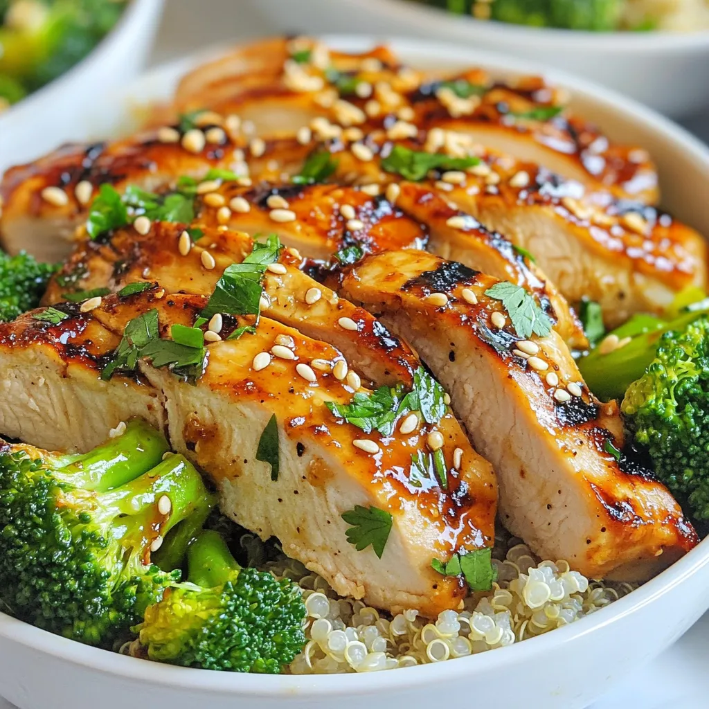 For Grilled Chicken Broccoli Bowls with Garlic Sauce, you need simple ingredients. These create a tasty and healthy meal. - 2 boneless, skinless chicken breasts - 2 cups broccoli florets - 1 cup cooked quinoa or brown rice - 1 tablespoon olive oil - 3 cloves garlic, minced - 2 tablespoons soy sauce (or tamari for gluten-free) - 1 tablespoon honey or maple syrup - 1 tablespoon fresh ginger, grated - Salt and pepper to taste - Sesame seeds for garnish - Fresh cilantro for garnish (optional) These ingredients come together to make a colorful and nutritious bowl. The chicken is juicy, while the broccoli stays crisp and bright. The quinoa or rice adds a nice base. You can adjust the marinade to suit your taste. Adding sesame seeds and cilantro gives a fresh touch. {{ingredient_image_1}} Start by seasoning the chicken breasts with salt and pepper. This simple step boosts flavor. In a bowl, mix minced garlic, soy sauce, honey, and grated ginger. This mix is your marinade. Coat the chicken in this marinade. Let it sit for at least 20 minutes. If you have more time, refrigerate it for up to 2 hours. This will deepen the flavor. Preheat your grill to medium-high heat. This helps get nice grill marks. Cook the marinated chicken for about 6-8 minutes on each side. Check the internal temperature with a meat thermometer. It should reach 165°F (75°C). Once done, let the chicken rest for a few minutes before slicing. Resting keeps it juicy. While the chicken grills, get a pot of water boiling. Place a steamer basket over it. Add the broccoli florets to the basket. Steam them for about 4-5 minutes. You want them bright green and slightly crisp. This keeps the nutrients and adds crunch. If you haven't cooked the quinoa or brown rice yet, follow the package instructions. This usually takes about 15 minutes for quinoa and 20-30 minutes for brown rice. Make sure it's fluffy and ready to absorb flavors. Grab your bowls. Start with a layer of quinoa or rice at the bottom. Next, add the steamed broccoli. Finally, top it with sliced grilled chicken. Make sure to layer it nicely. A good presentation makes the meal more inviting. For the garlic sauce, you can use the leftover marinade if you didn't cook it. If you prefer, mix fresh minced garlic with soy sauce and olive oil. Drizzle this sauce over each bowl just before serving. This adds a burst of flavor to every bite. - Recommended Spices and Sauces: Try adding cayenne pepper for heat. Smoked paprika gives a nice smoky flavor. If you want something savory, consider adding a splash of sesame oil. It adds depth to the dish. - Additions for More Texture: Crunchy toppings make a big difference. Add chopped nuts like almonds or cashews. You can also sprinkle sunflower seeds for a nice crunch. For a burst of flavor, toss in roasted red peppers. - Avoiding Overcooking Chicken and Broccoli: Chicken should be juicy, not dry. Use a meat thermometer to check for 165°F. For broccoli, steam just until bright green. This keeps it crunchy and colorful. - Best Practices for Meal Prep: Cook your chicken and broccoli ahead. Store them in separate containers. This keeps flavors fresh. You can assemble your bowls quickly during the week. - Pairing with Other Sides: Serve with a light salad for freshness. A side of roasted sweet potatoes adds sweetness. You can also try a tangy coleslaw for crunch. - Ideal Beverage Pairings: A cold sparkling water with lemon is refreshing. For a wine option, a light Chardonnay pairs well. If you prefer tea, iced green tea complements the flavors nicely. Pro Tips Marinade Time: For the best flavor, let the chicken marinate for at least 1 hour, or overnight if possible. Chicken Thickness: Ensure the chicken breasts are of even thickness to promote even cooking on the grill. Broccoli Cooking: Don't oversteam the broccoli; it should be vibrant green and slightly crunchy for the best texture. Serving Suggestions: Add a squeeze of fresh lemon juice over the finished bowls for a bright flavor boost. {{image_2}} Using Tofu or Tempeh Tofu and tempeh make great substitutes for chicken. They soak up flavors well and add a nice texture. Use firm tofu for a meatier bite. Press it to remove excess water, then marinate just like the chicken. Tempeh has a nutty taste. Slice it thinly, then grill or sauté it for a delicious option. Substitutes for Chicken If you prefer not to use chicken, try pork or shrimp. Both cook quickly and pair well with garlic sauce. For a plant-based option, chickpeas are a good choice. They add protein and a hearty bite to your bowl. Adding Colorful Veggies Adding colorful veggies makes your bowl fun and healthy. Consider bell peppers, carrots, or snap peas. These veggies not only add color but also crunch. You can grill, steam, or toss them in with broccoli for added flavor. Seasonal Vegetable Recommendations Seasonal veggies can elevate your dish. In spring, add asparagus or peas. In summer, zucchini and cherry tomatoes shine. Fall brings sweet potatoes or squash. Winter is great for Brussels sprouts or kale. Use what is fresh for the best taste. Alternative Sauces for Different Flavors You can tweak the sauce for your taste. Try adding peanut butter for a nutty twist. Sriracha adds heat, while lime juice gives a bright zing. Experiment with different sauces to keep your bowls exciting. Making it Spicy or Sweet Want a spicy kick? Add red pepper flakes or chili paste to the sauce. For a sweeter touch, increase the honey or use maple syrup. Adjust these elements to match your mood or meal theme. For storing leftovers, use airtight containers. Glass or BPA-free plastic works best. They keep food fresh longer. Place the chicken and broccoli bowls in the fridge. They will last about 3 to 4 days. To reheat your bowls, use the microwave or oven. The microwave is quick but can make food soggy. To avoid this, heat in short bursts. Check often to ensure even warming. If using an oven, cover with foil. Heat at 350°F (175°C) for about 15 minutes. You can freeze the grilled chicken broccoli bowls. First, let them cool completely. Then, place them in freezer-safe containers. They can last up to 3 months. When you're ready to eat, thaw in the fridge overnight. Reheat in the microwave or oven as mentioned above. Yes, you can make this recipe ahead of time. Meal prep is a great way to save time during busy weeks. You can marinate the chicken and store it in the fridge for up to two hours or overnight for more flavor. Cook the quinoa or rice in advance and keep it in the fridge. Steam the broccoli just before serving to keep it fresh and bright. If you want to swap quinoa, try brown rice or couscous. Both options work well as a base. You can also use farro or barley for a different texture. Each grain has its own taste, so choose one that you enjoy. To check if your chicken is done, use a meat thermometer. The safe internal temperature for chicken is 165°F (75°C). Insert the thermometer into the thickest part of the breast. If you don’t have a thermometer, cut into the chicken. The meat should be white and juices should run clear. You can use frozen broccoli, but it cooks differently. Frozen broccoli may need a bit longer to steam. It’s best to thaw it before cooking to ensure even cooking. If you steam it straight from the freezer, check for tenderness often. The goal is to keep it bright green and crisp. In this blog post, we explored a tasty recipe featuring chicken, broccoli, and quinoa or rice. You learned how to prepare and grill the chicken, cook the broccoli, and assemble your meal for a great look. We also shared tips for flavor, cooking techniques, and meal storage. These steps make cooking and meal prep simple. Enjoy crafting your own bowls with variations. Happy cooking!