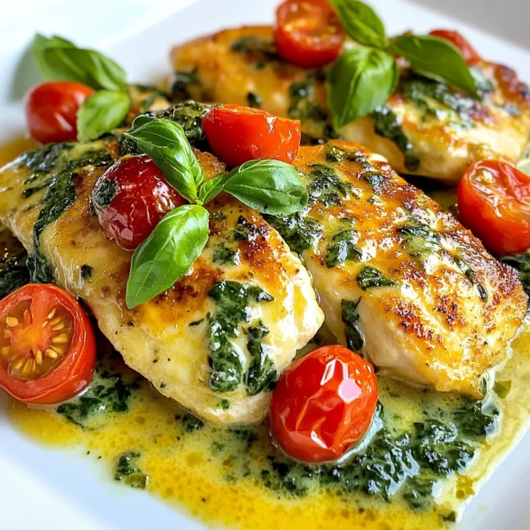 - 2 boneless, skinless chicken breasts - 2 cups fresh spinach, chopped - 1 cup heavy cream - 1 cup grated Parmesan cheese - 2 cloves garlic, minced - 1 tablespoon olive oil - 1 teaspoon Italian seasoning - Salt and pepper to taste - 1 cup cherry tomatoes, halved (for garnish) - Fresh basil leaves (for garnish) To create a delightful Chicken Florentine, you need simple yet fresh ingredients. First, grab boneless, skinless chicken breasts. They cook evenly and stay juicy. Next, fresh spinach is key. It gives the dish color and nutrition. Heavy cream adds that rich, creamy texture we love. Grated Parmesan cheese brings a salty flavor. Minced garlic adds depth and aroma. Don’t forget olive oil, which helps with cooking and adds flavor. Italian seasoning brings a hint of herbs. Salt and pepper are crucial for taste. For garnishing, cherry tomatoes and fresh basil brighten the plate. Each ingredient plays a role in making Chicken Florentine taste amazing. Gather these items for a creamy, comforting meal. {{ingredient_image_1}} First, season the chicken breasts with salt, pepper, and Italian seasoning. This adds flavor and makes the chicken tasty. Next, heat one tablespoon of olive oil in a large skillet over medium heat. Once hot, add the chicken breasts. Cook them for about 6-7 minutes on each side. Look for a golden brown color and ensure they are cooked through. This is key for juicy chicken. After cooking, remove the chicken from the skillet and set it aside. In the same skillet, add two cloves of minced garlic. Sauté the garlic for about one minute until it smells fragrant. This step adds depth to our dish. Now, add two cups of chopped fresh spinach. Cook it until it wilts, which takes about 2-3 minutes. Stir it gently to avoid burning. Perfect wilted spinach is soft and vibrant green. You want it to be bright and fresh. Lower the heat to avoid burning the sauce. Pour in one cup of heavy cream while stirring to mix it with the garlic and spinach. This creates a rich and creamy base. Gradually add one cup of grated Parmesan cheese, stirring until it melts completely. The sauce should be smooth and creamy. If needed, season with more salt and pepper. The creaminess is what makes this dish special. Now, return the cooked chicken breasts to the skillet. Spoon the creamy spinach sauce over the chicken. Let them simmer together for about 2-3 minutes. This allows the flavors to blend. You want the chicken to soak up all that creamy goodness. To serve, transfer the Chicken Florentine to plates. Garnish with halved cherry tomatoes and fresh basil leaves. This adds color and a fresh taste. For sides, consider serving it with pasta or a crisp salad. A nice white wine pairs well too, enhancing the meal experience. Enjoy your delightful Chicken Florentine! - Best cooking methods for chicken: I recommend pan-searing chicken breasts. This method gives a nice golden crust while keeping the chicken juicy. Always use medium heat and a bit of olive oil to prevent sticking. - How to avoid overcooking spinach: Cook spinach quickly over medium heat. Add it to the pan after the garlic is fragrant. Stir for only 2-3 minutes until wilted. Overcooking makes spinach slimy and less tasty. - Suggestions for additional spices or ingredients: Try adding crushed red pepper for some heat. You can also use fresh herbs like thyme or rosemary for extra flavor. A squeeze of lemon juice adds brightness. - Tips for adjusting richness and creaminess: If you want a lighter sauce, use half-and-half instead of heavy cream. For a richer taste, add more Parmesan cheese. Balance is key! - Ideas for elevating the dish’s appearance: Use a wide plate to showcase the chicken and sauce. Arrange the spinach artfully around the chicken. Add a drizzle of sauce on top for a restaurant-style look. - Importance of color contrast in plating: Bright garnishes like cherry tomatoes and fresh basil not only add color but also flavor. A mix of green and red makes your dish pop and look more inviting. Pro Tips Use Fresh Ingredients: Fresh spinach and high-quality Parmesan cheese will elevate the flavor of your Chicken Florentine, making it taste restaurant-quality. Monitor the Cooking Time: To prevent the chicken from drying out, be sure not to overcook it. Use a meat thermometer to check for an internal temperature of 165°F (75°C). Enhance the Creaminess: For an extra creamy texture, consider adding a splash of cream cheese or mascarpone to the sauce while stirring in the Parmesan. Garnish with Fresh Herbs: Fresh basil not only adds a pop of color but also brightens the dish. Feel free to experiment with other herbs like parsley or thyme. {{image_2}} You can switch up the protein in Chicken Florentine. Shrimp works great here. Just cook shrimp for a few minutes until they turn pink. Tofu is another option. Use firm tofu and press it to remove extra water. Cut it into cubes and cook until golden. Adjust cooking time based on the protein you choose. Shrimp cooks fast, while tofu may need a bit more time. For a dairy-free version, you can use coconut cream instead of heavy cream. It adds a nice, rich flavor. Nutritional yeast can replace Parmesan cheese. It gives a cheesy taste without dairy. You can also try almond milk or soy milk for a lighter cream. These options help create a delicious vegan meal. Feel free to add other vegetables to your Chicken Florentine. Bell peppers, mushrooms, or zucchini can add color and flavor. You can also spice it up with red pepper flakes for heat. Seasonal veggies like asparagus or peas can brighten the dish in spring. Experimenting with these additions makes your Chicken Florentine unique and fun! To store leftovers, let Chicken Florentine cool down first. Place it in an airtight container. This keeps out air and moisture. Store it in the fridge, where it stays fresh for up to three days. Make sure your fridge is set to 40°F (4°C) or lower. This helps keep your food safe. When you're ready to eat the leftovers, use the best reheating methods. The stovetop works great for this dish. Place the Chicken Florentine in a skillet over low heat. Add a splash of cream or broth to keep it moist. Cover the skillet with a lid to trap steam. This helps maintain the creaminess of the sauce. Stir occasionally to heat evenly. You can also use a microwave, but be careful. Heat in short bursts and stir in between. This avoids overheating and drying out the dish. Yes, you can freeze Chicken Florentine! To do this, let it cool completely. Transfer it to a freezer-safe container. Make sure to leave some space for the sauce to expand. It can last up to three months in the freezer. When ready to eat, thaw it overnight in the fridge. Reheat it gently in a skillet or microwave. This keeps the flavors fresh and delicious. Chicken Florentine is a classic dish that hails from Italy. It features tender chicken cooked in a creamy spinach sauce. The dish is named after Florence, where it first gained popularity. Traditionally, it includes eggs and cheese, but modern recipes often focus on chicken and spinach in a rich sauce. The blend of flavors is both comforting and sophisticated. Yes, you can make Chicken Florentine ahead of time. To prep, cook the chicken and sauce as directed. Let everything cool, then store it in an airtight container. When you’re ready to eat, just reheat it gently on the stove over low heat. Add a splash of cream to keep it creamy and moist. Chicken Florentine pairs well with several sides. Here are some great options: - Garlic bread - Steamed rice - Mashed potatoes - A fresh green salad - Roasted vegetables These sides help balance the creaminess of the dish. To keep your chicken juicy, follow these tips: - Use boneless, skinless chicken breasts, as they cook quickly. - Don’t overcook the chicken; aim for an internal temperature of 165°F. - Let the chicken rest for a few minutes after cooking. This helps the juices redistribute. These steps will give you tender, flavorful chicken every time. Chicken Florentine can be a healthy choice. It offers lean protein from the chicken and vitamins from the spinach. However, the heavy cream and cheese add calories. To make it lighter, consider using half-and-half or a dairy-free cream. Store leftovers in the fridge for up to three days, making it a convenient meal option. In this blog post, we explored Chicken Florentine, a rich and creamy dish full of flavor. We detailed the ingredients needed, from chicken to spinach, and walked through each cooking step to ensure your meal turns out great. You now have tips for cooking techniques, flavor enhancements, and even variations for dietary needs. Remember, good presentation makes a difference, too. Enjoy creating this delicious meal that can impress anyone at your table. Happy cooking!