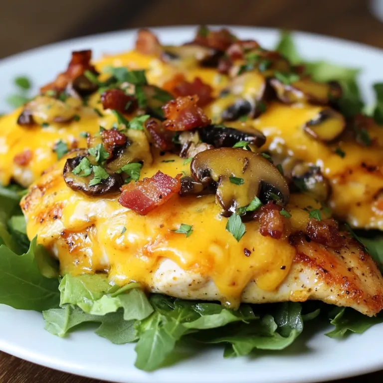 For this tasty dish, you will need: - 4 boneless, skinless chicken breasts - 1 cup honey mustard dressing - 1 cup shredded Monterey Jack cheese - 1 cup shredded cheddar cheese - 4 strips cooked turkey bacon, crumbled - 1 cup sautéed mushrooms (fresh or canned) - 2 tablespoons olive oil - 1 teaspoon garlic powder - 1 teaspoon smoked paprika - Salt and pepper, to taste - Fresh parsley, for garnish You can change some ingredients if needed. Try using chicken thighs for juicier meat. If you want a lighter option, use Greek yogurt instead of honey mustard. For cheese, mix in gouda or mozzarella. If you have a veggie lover, add spinach or bell peppers for extra crunch. You can also swap turkey bacon with regular bacon if you prefer. Quality makes a big difference in taste. Look for chicken breasts that are plump and fresh. Check for a nice pink color with no dark spots. When choosing cheese, opt for brands that are not processed. Fresh mushrooms should feel firm and look clean. For the best honey mustard, pick one with natural ingredients. This ensures your dish is full of flavor and good for you. {{ingredient_image_1}} To start, gather your ingredients. You need four boneless, skinless chicken breasts. You will also need a cup of honey mustard dressing, shredded Monterey Jack cheese, shredded cheddar cheese, and crumbled turkey bacon. Don’t forget sautéed mushrooms, olive oil, garlic powder, smoked paprika, salt, and pepper. 1. Preheat your oven to 375°F (190°C). 2. Mix olive oil, garlic powder, smoked paprika, salt, and pepper in a small bowl. 3. Rub this mix evenly over the chicken breasts. 4. Heat a large oven-safe skillet on medium heat. 5. Add the chicken breasts and sear each side for about five minutes until they are golden brown. 6. While the chicken cooks, sauté the mushrooms in the same skillet for four to five minutes. Remove them and set aside. Searing chicken gives it a nice crust. Make sure your skillet is hot enough. If the oil shimmers, it’s ready. Place the chicken in the skillet without crowding it. This helps it sear well. Don’t move the chicken around too much. Let it cook undisturbed for five minutes. This way, it will get that lovely golden crust. When you add cheese, sprinkle it evenly over the chicken. This helps it melt nicely. After searing, brush honey mustard dressing on the chicken. Then, layer the sautéed mushrooms and crumbled turkey bacon on top. Lastly, sprinkle the Monterey Jack and cheddar cheese over everything. Once your chicken is ready for the oven, bake it for 15 to 20 minutes. Check that the internal temperature reaches 165°F (74°C). When it’s done, the cheese should be melted and bubbly. Let the chicken rest for five minutes before serving. Enjoy this delicious meal! To cook chicken breasts well, start with even pieces. This helps them cook evenly. Use a meat thermometer to check the inside. The chicken should reach 165°F (74°C) to be safe. Sear the chicken for a nice crust. This adds flavor and keeps it juicy. Marinating the chicken is a great way to add flavor. Use honey mustard dressing for a sweet and tangy taste. Rub in olive oil, garlic powder, and smoked paprika for extra flavor. Cooking the chicken in a hot skillet first helps seal in moisture. Covering the dish with foil while baking also helps keep it juicy. One common mistake is overcooking the chicken. This makes it dry and tough. Always check the temperature. Another mistake is not seasoning enough. Salt and pepper are key to taste. Avoid crowding the pan when searing. This can cause steaming instead of browning. Finally, don’t skip the resting step. Letting the chicken rest for a few minutes helps keep it moist. Pro Tips Marinate for More Flavor: For an extra burst of flavor, marinate the chicken breasts in honey mustard dressing for at least 30 minutes or overnight before cooking. Use Fresh Ingredients: Whenever possible, use fresh mushrooms and freshly chopped parsley to enhance the flavor and presentation of your dish. Check for Doneness: Always use a meat thermometer to ensure that the chicken reaches an internal temperature of 165°F (74°C) for safe consumption and optimal juiciness. Customize Cheese Choices: Feel free to mix and match different types of cheese, such as pepper jack or gouda, to create unique flavor profiles that suit your taste. {{image_2}} You can change the cheeses to create new tastes. Instead of Monterey Jack, try Swiss cheese. It melts well and adds a nice nutty taste. For a sharp kick, use gouda cheese. You can also mix cheeses for even more flavor. Cheddar gives a strong taste, while mozzarella makes it creamy. Experiment to find what you love best! If you need a gluten-free meal, swap the honey mustard dressing. Look for gluten-free dressings in stores. You can also make your own with honey and mustard. Check the labels on other ingredients too, like bacon. Many brands offer gluten-free turkey bacon. Enjoy your meal without worry! Boost the nutrition by adding more veggies. Spinach or kale adds color and health. You can toss in some bell peppers for crunch. Zucchini or broccoli also works well. Sauté them with the mushrooms for extra flavor. This makes the dish more colorful and tasty! To keep your Alice Springs Chicken fresh, store it in an airtight container. Let the chicken cool first. Then, place it in the fridge. This will keep it safe for up to three days. Label the container with the date. This helps you track how long it has been stored. When you're ready to enjoy leftovers, reheat the chicken gently. Use the oven for best results. Preheat it to 350°F (175°C). Place the chicken in an oven-safe dish. Cover it with foil to keep it moist. Heat for about 15-20 minutes, or until it's warm throughout. You can also use a microwave. Heat on medium power for 2-3 minutes, checking often. If you want to freeze Alice Springs Chicken, wrap it tightly. Use plastic wrap or aluminum foil. Then place it in a freezer bag. Remove as much air as you can. This helps prevent freezer burn. The chicken can last up to three months in the freezer. When ready to eat, thaw it overnight in the fridge before reheating. Alice Springs Chicken comes from a restaurant chain called Outback Steakhouse. They created this dish to mix flavors from Australia and America. The recipe features chicken, cheese, mushrooms, and bacon. It quickly became a favorite due to its rich taste and easy prep. Yes, you can prepare Alice Springs Chicken ahead of time. Cook the chicken and layer it with toppings. Then, cover it and store it in the fridge. When you are ready to eat, just bake it until hot. This dish tastes great even after being stored! Alice Springs Chicken can be healthy if you make smart choices. It has lean chicken and mushrooms, which are good for you. You can use less cheese or bacon for a lighter version. Pair it with a side of veggies for a balanced meal. You can serve Alice Springs Chicken with many tasty sides. Here are some great options: - Mixed greens salad - Steamed broccoli - Rice or quinoa - Roasted sweet potatoes These sides add color and nutrition to your meal. To change the spice levels, you can add or reduce spices. For a milder dish, use less garlic powder and smoked paprika. If you like it spicy, add red pepper flakes or cayenne pepper. Taste as you go to find your perfect balance! This guide covered everything you need for Alice Springs Chicken. I shared key ingredients, cooking steps, and tips to make it great. You can choose quality ingredients, avoid common mistakes, and store leftovers well. Explore variations to keep things exciting. Remember, you can enjoy this dish definitely and adjust it to your taste. With these tips, you’ll serve a tasty meal every time. Enjoy cooking your Alice Springs Chicken!