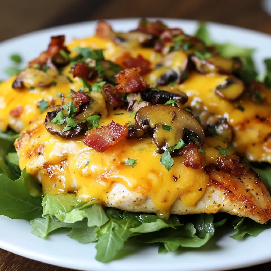 For this tasty dish, you will need: - 4 boneless, skinless chicken breasts - 1 cup honey mustard dressing - 1 cup shredded Monterey Jack cheese - 1 cup shredded cheddar cheese - 4 strips cooked turkey bacon, crumbled - 1 cup sautéed mushrooms (fresh or canned) - 2 tablespoons olive oil - 1 teaspoon garlic powder - 1 teaspoon smoked paprika - Salt and pepper, to taste - Fresh parsley, for garnish You can change some ingredients if needed. Try using chicken thighs for juicier meat. If you want a lighter option, use Greek yogurt instead of honey mustard. For cheese, mix in gouda or mozzarella. If you have a veggie lover, add spinach or bell peppers for extra crunch. You can also swap turkey bacon with regular bacon if you prefer. Quality makes a big difference in taste. Look for chicken breasts that are plump and fresh. Check for a nice pink color with no dark spots. When choosing cheese, opt for brands that are not processed. Fresh mushrooms should feel firm and look clean. For the best honey mustard, pick one with natural ingredients. This ensures your dish is full of flavor and good for you. {{ingredient_image_1}} To start, gather your ingredients. You need four boneless, skinless chicken breasts. You will also need a cup of honey mustard dressing, shredded Monterey Jack cheese, shredded cheddar cheese, and crumbled turkey bacon. Don’t forget sautéed mushrooms, olive oil, garlic powder, smoked paprika, salt, and pepper. 1. Preheat your oven to 375°F (190°C). 2. Mix olive oil, garlic powder, smoked paprika, salt, and pepper in a small bowl. 3. Rub this mix evenly over the chicken breasts. 4. Heat a large oven-safe skillet on medium heat. 5. Add the chicken breasts and sear each side for about five minutes until they are golden brown. 6. While the chicken cooks, sauté the mushrooms in the same skillet for four to five minutes. Remove them and set aside. Searing chicken gives it a nice crust. Make sure your skillet is hot enough. If the oil shimmers, it’s ready. Place the chicken in the skillet without crowding it. This helps it sear well. Don’t move the chicken around too much. Let it cook undisturbed for five minutes. This way, it will get that lovely golden crust. When you add cheese, sprinkle it evenly over the chicken. This helps it melt nicely. After searing, brush honey mustard dressing on the chicken. Then, layer the sautéed mushrooms and crumbled turkey bacon on top. Lastly, sprinkle the Monterey Jack and cheddar cheese over everything. Once your chicken is ready for the oven, bake it for 15 to 20 minutes. Check that the internal temperature reaches 165°F (74°C). When it’s done, the cheese should be melted and bubbly. Let the chicken rest for five minutes before serving. Enjoy this delicious meal! To cook chicken breasts well, start with even pieces. This helps them cook evenly. Use a meat thermometer to check the inside. The chicken should reach 165°F (74°C) to be safe. Sear the chicken for a nice crust. This adds flavor and keeps it juicy. Marinating the chicken is a great way to add flavor. Use honey mustard dressing for a sweet and tangy taste. Rub in olive oil, garlic powder, and smoked paprika for extra flavor. Cooking the chicken in a hot skillet first helps seal in moisture. Covering the dish with foil while baking also helps keep it juicy. One common mistake is overcooking the chicken. This makes it dry and tough. Always check the temperature. Another mistake is not seasoning enough. Salt and pepper are key to taste. Avoid crowding the pan when searing. This can cause steaming instead of browning. Finally, don’t skip the resting step. Letting the chicken rest for a few minutes helps keep it moist. Pro Tips Marinate for More Flavor: For an extra burst of flavor, marinate the chicken breasts in honey mustard dressing for at least 30 minutes or overnight before cooking. Use Fresh Ingredients: Whenever possible, use fresh mushrooms and freshly chopped parsley to enhance the flavor and presentation of your dish. Check for Doneness: Always use a meat thermometer to ensure that the chicken reaches an internal temperature of 165°F (74°C) for safe consumption and optimal juiciness. Customize Cheese Choices: Feel free to mix and match different types of cheese, such as pepper jack or gouda, to create unique flavor profiles that suit your taste. {{image_2}} You can change the cheeses to create new tastes. Instead of Monterey Jack, try Swiss cheese. It melts well and adds a nice nutty taste. For a sharp kick, use gouda cheese. You can also mix cheeses for even more flavor. Cheddar gives a strong taste, while mozzarella makes it creamy. Experiment to find what you love best! If you need a gluten-free meal, swap the honey mustard dressing. Look for gluten-free dressings in stores. You can also make your own with honey and mustard. Check the labels on other ingredients too, like bacon. Many brands offer gluten-free turkey bacon. Enjoy your meal without worry! Boost the nutrition by adding more veggies. Spinach or kale adds color and health. You can toss in some bell peppers for crunch. Zucchini or broccoli also works well. Sauté them with the mushrooms for extra flavor. This makes the dish more colorful and tasty! To keep your Alice Springs Chicken fresh, store it in an airtight container. Let the chicken cool first. Then, place it in the fridge. This will keep it safe for up to three days. Label the container with the date. This helps you track how long it has been stored. When you're ready to enjoy leftovers, reheat the chicken gently. Use the oven for best results. Preheat it to 350°F (175°C). Place the chicken in an oven-safe dish. Cover it with foil to keep it moist. Heat for about 15-20 minutes, or until it's warm throughout. You can also use a microwave. Heat on medium power for 2-3 minutes, checking often. If you want to freeze Alice Springs Chicken, wrap it tightly. Use plastic wrap or aluminum foil. Then place it in a freezer bag. Remove as much air as you can. This helps prevent freezer burn. The chicken can last up to three months in the freezer. When ready to eat, thaw it overnight in the fridge before reheating. Alice Springs Chicken comes from a restaurant chain called Outback Steakhouse. They created this dish to mix flavors from Australia and America. The recipe features chicken, cheese, mushrooms, and bacon. It quickly became a favorite due to its rich taste and easy prep. Yes, you can prepare Alice Springs Chicken ahead of time. Cook the chicken and layer it with toppings. Then, cover it and store it in the fridge. When you are ready to eat, just bake it until hot. This dish tastes great even after being stored! Alice Springs Chicken can be healthy if you make smart choices. It has lean chicken and mushrooms, which are good for you. You can use less cheese or bacon for a lighter version. Pair it with a side of veggies for a balanced meal. You can serve Alice Springs Chicken with many tasty sides. Here are some great options: - Mixed greens salad - Steamed broccoli - Rice or quinoa - Roasted sweet potatoes These sides add color and nutrition to your meal. To change the spice levels, you can add or reduce spices. For a milder dish, use less garlic powder and smoked paprika. If you like it spicy, add red pepper flakes or cayenne pepper. Taste as you go to find your perfect balance! This guide covered everything you need for Alice Springs Chicken. I shared key ingredients, cooking steps, and tips to make it great. You can choose quality ingredients, avoid common mistakes, and store leftovers well. Explore variations to keep things exciting. Remember, you can enjoy this dish definitely and adjust it to your taste. With these tips, you’ll serve a tasty meal every time. Enjoy cooking your Alice Springs Chicken!