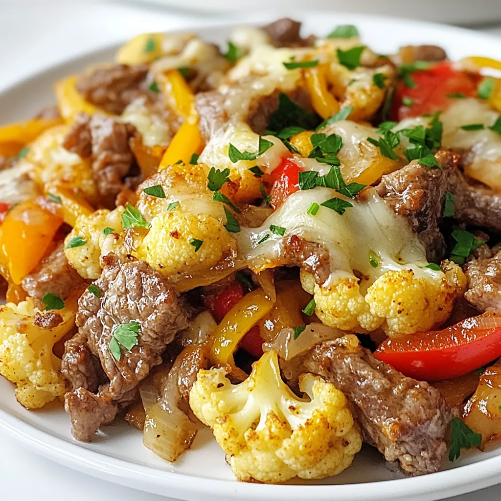 - 1 medium head of cauliflower, cut into bite-sized florets - 1 tablespoon olive oil - 1 onion, sliced - 1 green bell pepper, sliced - 1 red bell pepper, sliced - 2 cloves garlic, minced - 1 pound thinly sliced beef (sirloin or flank steak) - 1 cup provolone cheese, shredded - 1 teaspoon Worcestershire sauce - Salt and pepper to taste The main ingredients in this dish create a great balance of flavors. Cauliflower serves as a tasty base, soaking up all the juices. The beef gives it that classic cheesesteak vibe. The peppers and onions add sweetness, while provolone brings creaminess. - Fresh parsley, chopped Garnishing with fresh parsley adds a pop of color and freshness. It also gives a nice contrast to the rich cheese and beef. You can also try adding sliced jalapeños for a spicy kick or some pickled red onions for tang. - Add a sprinkle of garlic powder for more depth. - Swap provolone with cheddar or mozzarella for a different taste. - Use chicken or turkey instead of beef for a lighter option. You can customize this dish easily. If you want more heat, add crushed red pepper flakes. For a smoky flavor, try smoked paprika. Each change can lead to a new twist on this tasty skillet. {{ingredient_image_1}} Start by washing the vegetables. Cut the cauliflower into small florets. Slice the onion and both bell peppers. The onion adds sweetness while the peppers bring color. Heat one tablespoon of olive oil in a large skillet over medium heat. Add the sliced onion, green bell pepper, and red bell pepper. Sauté them for about 5-7 minutes. You want them to be tender and a bit caramelized. Next, stir in two minced garlic cloves. Cook this for about one minute. The garlic will smell great and add depth. Now, push the vegetables to one side of the skillet. Add the cauliflower florets to the empty side. Cook for about 5 minutes until they start to soften. Stir occasionally to prevent sticking. Then, add one pound of thinly sliced beef, like sirloin or flank steak. Place it on top of the vegetables. Cook the beef for about 5-7 minutes. Stir it to brown evenly. Drizzle one teaspoon of Worcestershire sauce over the mixture. This sauce adds a rich flavor. Season the dish with salt and pepper to taste. Mix everything well until it’s all combined. Next, sprinkle one cup of shredded provolone cheese evenly over the skillet. Cover the skillet with a lid. Let it sit for about 2-3 minutes. This will allow the cheese to melt and get bubbly. Once the cheese looks melted, remove the skillet from the heat. Finally, garnish with chopped fresh parsley. This adds a bright touch and a fresh flavor. Enjoy your Philly Cheesesteak Cauliflower Skillet! To make the cauliflower perfectly tender, cut it into small bite-sized florets. This size helps it cook evenly. Heat olive oil in your skillet before adding the florets. Cook them on medium heat for about five minutes. Stir them often to avoid burning. This gentle cooking helps soften the cauliflower without losing its shape. Balancing flavors is key to a great dish. Start by sautéing your onions and peppers until they are soft and sweet. This step adds depth to your dish. Next, add minced garlic for that punch of flavor. Use Worcestershire sauce to enhance the taste of the beef. Finally, season with salt and pepper to bring all the flavors together. For the beef, thinly slice sirloin or flank steak. This helps it cook fast and stay tender. Cook it just until browned, around five to seven minutes. Avoid overcooking; you want it juicy, not tough. Mixing the beef with the veggies also helps it absorb their tasty flavors for a better dish. Pro Tips Choose the Right Beef: For the best texture and flavor, opt for sirloin or flank steak, as these cuts are tender and perfect for quick cooking. Cut Vegetables Uniformly: To ensure even cooking, slice your onions and peppers into similar-sized pieces, allowing them to caramelize beautifully together. Don’t Overcook the Cauliflower: Keep your cauliflower slightly crunchy for a better texture contrast with the tender beef and melted cheese. Experiment with Cheeses: While provolone is traditional, feel free to mix in other cheeses like mozzarella or cheddar for a unique flavor twist. {{image_2}} You can make this dish without beef. Use mushrooms or tempeh instead. They add great flavor and texture. Sauté them just like the beef. You can also add extra veggies like zucchini or spinach. These will boost the taste and nutrition. This skillet is already low in carbs. To make it even more keto-friendly, skip the Worcestershire sauce. It has some sugar. You can also swap the provolone cheese for mozzarella. Mozzarella is lower in carbs and still melts well. Provolone is a classic choice, but feel free to mix it up. Cheddar adds a sharp taste. Gouda brings a smoky flavor. If you love spice, use pepper jack cheese. Each cheese will change the dish's flavor but still keep it delicious. You can store your Philly cheesesteak cauliflower skillet in the fridge. Place it in an airtight container. It will stay fresh for up to three days. Make sure to let it cool before sealing. This keeps the moisture in check and prevents sogginess. If you want to freeze it, use a freezer-safe container. This dish can last up to three months in the freezer. To freeze, let it cool completely first. Label the container with the date. When you’re ready to eat, thaw it overnight in the fridge. Reheat it in a skillet over medium heat. Stir occasionally to warm it evenly. You can also use the microwave. Heat it in short bursts to avoid overcooking. Add a splash of water to keep it moist. Enjoy your tasty meal again! Yes, you can swap in other veggies. Try mushrooms, zucchini, or spinach. Each adds its own taste. These veggies cook well and keep the dish healthy. Just cut them into small pieces. Add them at the same time as the bell peppers. This way, they will get soft and tasty. To add heat, use hot sauce or red pepper flakes. You can mix these in when adding Worcestershire sauce. If you want more spice, try jalapeños or serrano peppers. Slice them thin and add them with the onions. This will give your dish a nice kick. Yes, this dish is great for meal prep! You can make it in advance and store it. Just let the skillet cool down before packing it. Use airtight containers to keep it fresh. You can store it in the fridge for up to four days. When ready to eat, just reheat it in the microwave or on the stove. Enjoy your easy meal! This article covered how to make a Philly cheesesteak cauliflower skillet. We discussed the key ingredients, step-by-step cooking, and tips for great results. I shared variations for different diets, plus storage and reheating methods. You can enjoy a tasty dish while keeping it healthy. Experiment with flavors and make it your own. Enjoy cooking and savor every bite!