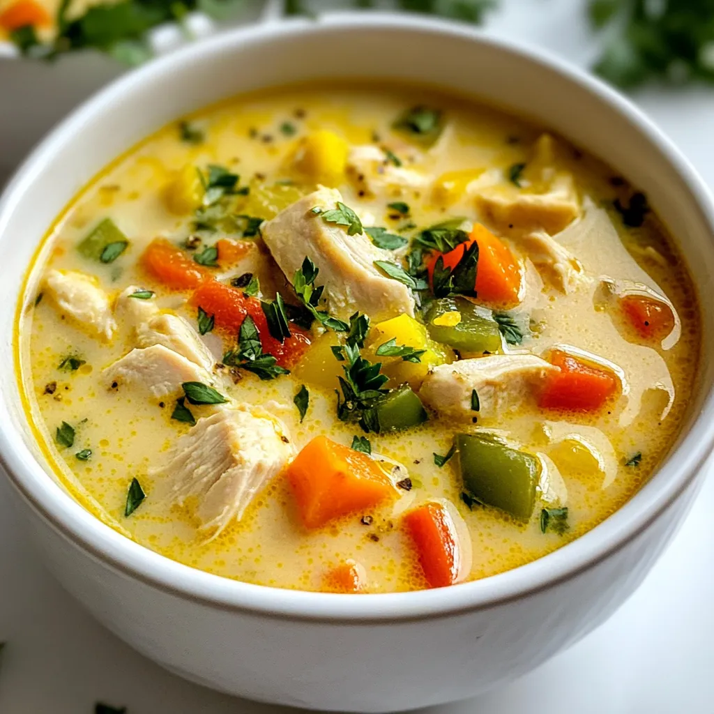 For a rich and tasty soup, you need these main ingredients: - 1 lb boneless, skinless chicken breasts, diced - 1 tablespoon Cajun seasoning - 2 tablespoons olive oil - 1 medium onion, diced - 3 cloves garlic, minced - 1 green bell pepper, diced - 1 red bell pepper, diced - 2 medium carrots, sliced - 2 celery stalks, chopped - 6 cups chicken broth - 1 can diced tomatoes (14 oz) with juice - 1 cup heavy cream - 1 teaspoon smoked paprika - Salt and pepper to taste Each ingredient plays a key role. The chicken gives protein, while the broth adds depth. The veggies bring texture and flavor. Spices make this soup unique. The Cajun seasoning is a must. It gives that classic kick. Smoked paprika adds a warm, rich flavor. Salt and pepper help bring out all the tastes. Garnishes can elevate your soup. Fresh parsley adds a pop of color and freshness. You might try a dollop of sour cream for extra creaminess. Crushed red pepper flakes can add more heat. {{ingredient_image_1}} Start by cutting the chicken into small pieces. Use a medium bowl for this. Toss the diced chicken with Cajun seasoning. Make sure the chicken is well coated. This step adds a nice kick to the soup. Set the seasoned chicken aside while you prepare the rest. Next, heat the olive oil in a large pot over medium heat. Once the oil is hot, add the seasoned chicken. Cook it until it turns brown on all sides. This should take about 5 to 7 minutes. After that, remove the chicken from the pot and set it aside. In the same pot, add the diced onions, minced garlic, and both bell peppers. Toss in the sliced carrots and chopped celery too. Sauté these vegetables for about 5 minutes. You want them to be tender and fragrant. Now it’s time to bring everything together. Pour in the chicken broth and add the diced tomatoes with their juice. Turn up the heat and bring this mixture to a boil. Once it’s boiling, reduce the heat to low. Add the browned chicken back into the pot. Stir in the heavy cream and smoked paprika. This will make the soup rich and creamy. Let it simmer on low heat for 15 to 20 minutes. This allows all the flavors to mix well. Finally, season with salt and pepper to taste before serving. Enjoy your bowl of creamy Cajun chicken soup! To make your soup even tastier, consider adding extra spices. A dash of cayenne pepper can boost the heat. A few bay leaves will add depth. You can also try fresh herbs like thyme or oregano. They bring out the best in the Cajun seasoning. Fresh lemon juice adds a nice zing too. Just a little can brighten the flavors. If you want a creamier soup, simply add more heavy cream. Start with an extra half cup and stir well. You can also use sour cream for a tangy twist. If you prefer a lighter soup, reduce the cream. Use low-fat milk or almond milk as a substitute. This keeps the soup delicious without being too rich. To get tender chicken, avoid overcooking it. Cook the chicken until just browned. Then, let it simmer in the soup. This keeps the chicken juicy and soft. If you use leftover chicken, add it near the end. This way, it warms through without drying out. Pro Tips Marinate for More Flavor: Consider marinating the chicken in the Cajun seasoning for at least 30 minutes or overnight to enhance the flavor profile. Add a Kick: For an extra spicy version, add a dash of hot sauce or cayenne pepper when sautéing the vegetables. Thicken Your Soup: If you prefer a thicker soup, add a tablespoon of cornstarch mixed with cold water during the simmering stage, stirring until smooth. Storage Tips: This soup can be stored in an airtight container in the refrigerator for up to 3 days or frozen for up to 3 months. {{image_2}} You can make a tasty vegetarian version of Cajun soup. Instead of chicken, use hearty veggies. Try mushrooms, zucchini, or potatoes. These add great flavor and texture. Use vegetable broth instead of chicken broth for a rich base. You can also add beans for protein, like black beans or kidney beans. They make the soup filling and nutritious. Seafood adds a fun twist to this soup. Shrimp, crab, or fish work well. For shrimp, add them in the last few minutes of cooking. They cook quickly and remain tender. If you use fish, cut it into chunks and add it with the chicken. This gives the soup a new depth of flavor and a fresh taste. You can adjust the spice level of your soup easily. If you like it mild, use less Cajun seasoning. You can start with half a tablespoon and add more later. For those who love heat, try adding cayenne pepper. Just a pinch can bring a kick to your soup. Remember, you can always add spice, but you cannot take it away! After you make your creamy Cajun chicken soup, let it cool down. Once it cools, you can store the soup in an airtight container. It will stay fresh in the fridge for up to four days. If you want to keep it longer, consider freezing it instead. To freeze your soup, use freezer-safe containers or bags. Pour the cooled soup into them, leaving some space for expansion. Seal them tightly. You can store the soup in the freezer for up to three months. When you're ready to eat, simply thaw it overnight in the fridge. To reheat the soup, pour it into a pot over medium heat. Stir often to prevent sticking. If the soup seems too thick, add a splash of chicken broth or water. Heat until warm throughout. You can also use a microwave. Just heat it in short bursts, stirring in between. This helps avoid hot spots. Enjoy your comforting bowl of soup! You can swap heavy cream with whole milk or half-and-half. These options cut fat but still add creaminess. For a healthier choice, use a mix of milk and Greek yogurt. This will give you a rich taste without too many calories. Yes, you can make this soup ahead of time. Prepare it and let it cool. Store it in an airtight container in the fridge. It tastes even better the next day as the flavors blend nicely. Just reheat gently on the stove when you’re ready to eat. The spice level depends on the Cajun seasoning you use. Most store-bought blends are mild to medium. You can always add more or less to fit your taste. If you like it hot, add extra seasoning or some cayenne pepper. In this article, we explored how to make a creamy Cajun chicken soup. We discussed key ingredients, cooking steps, and flavor tips. You can enhance your soup with spices and optional garnishes for extra flair. You learned about fun variations, like vegetarian options and seafood twists. Plus, we covered storage and reheating tips to keep your soup fresh. I hope this inspires you to create a delicious bowl of comfort at home. Enjoy your cooking adventure!