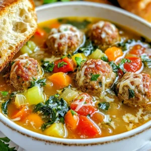 For a hearty Italian meatball soup, gather these main ingredients: - 1 pound ground beef (or a mix of beef and pork) - 1/2 cup breadcrumbs - 1/4 cup grated Parmesan cheese - 1 egg - 2 cloves garlic, minced - 1 teaspoon dried oregano - 1 teaspoon salt - 1/2 teaspoon black pepper - 6 cups low-sodium beef broth - 1 can (14 oz) diced tomatoes - 1 cup carrots, diced - 1 cup celery, diced - 1 cup zucchini, diced - 2 cups fresh spinach or kale - Olive oil, for sautéing These ingredients create rich flavors and a filling meal. The mix of beef and pork adds depth to the meatballs. To finish your soup, consider these optional garnishes: - Fresh parsley, chopped - Extra grated Parmesan cheese - Crusty bread for dipping Garnishes bring freshness and extra flavor to your bowl. A sprinkle of parsley adds color and a pop of taste. You will need a few cooking essentials: - Large mixing bowl - Large pot - Cooking spoon - Measuring cups and spoons - Ladle These tools help you mix, cook, and serve your delicious soup with ease. Make sure you have everything ready before you start cooking. {{ingredient_image_1}} Start by getting a large bowl. Add 1 pound of ground beef. You can mix in some pork for more flavor. Next, add 1/2 cup of breadcrumbs. This will help the meatballs hold together. Then, add 1/4 cup of grated Parmesan cheese. It gives a nice cheesy taste. Now, crack 1 egg into the bowl. This helps bind everything. Next, add 2 cloves of minced garlic. It gives a great aroma. Then, sprinkle in 1 teaspoon of dried oregano, 1 teaspoon of salt, and 1/2 teaspoon of black pepper. Mix all these ingredients well. Use your hands to make sure everything is combined. Form small meatballs, about 1 inch wide. You should make 24 to 30 meatballs. Now, take a large pot and heat 1 tablespoon of olive oil over medium heat. Once the oil is hot, add the meatballs in batches. Do not crowd the pot. Brown the meatballs on all sides. This should take about 5 minutes. Once browned, remove them from the pot and set them aside. This step adds a great flavor to the meatballs. In the same pot, add another tablespoon of olive oil if needed. Now, toss in 1 cup of diced carrots and 1 cup of diced celery. Add some minced garlic too. Sauté these for about 5 minutes until they soften. Next, pour in 6 cups of low-sodium beef broth and add 1 can of diced tomatoes. Stir the mixture and bring it to a simmer. This is where the soup starts to come together. Gently add the browned meatballs back into the pot. Let them cook in the simmering broth for about 15 to 20 minutes. This ensures the meatballs are cooked through. After that, add 1 cup of diced zucchini and 2 cups of fresh spinach or kale. Cook for another 5 minutes until the greens are wilted. Taste the soup and adjust the seasoning with salt and pepper if needed. Finally, spoon the soup into bowls and garnish with fresh parsley. You can serve this with extra Parmesan on top and some crusty bread on the side. Enjoy your hearty bowl of Italian meatball soup! To make tasty meatballs, use a mix of beef and pork. This blend adds depth. I like to add breadcrumbs and Parmesan for extra flavor and texture. Don't forget the garlic! It gives a nice kick. Mix everything in a bowl until just combined. Over-mixing can make them tough. If your soup is too thick, add more beef broth. A splash of water also works. For a thicker soup, let it simmer longer without a lid. This will reduce the liquid. Always taste as you go. You want the right balance for your preference. Seasoning is key for a great soup. I use salt and black pepper to enhance the flavors. Dried oregano adds a classic Italian taste. Don't be shy with herbs! Fresh parsley on top brightens the dish. Season in layers; taste often to ensure a harmonious blend. Pro Tips Use Fresh Herbs: Fresh parsley or basil can elevate the flavor of your soup. Add them just before serving for a burst of freshness. Don't Overcrowd the Pot: When browning meatballs, do it in batches to ensure they get a nice sear. Overcrowding can steam them instead of browning. Customize Your Veggies: Feel free to swap in other vegetables like bell peppers or green beans based on your preference or what you have on hand. Make it Ahead: This soup tastes even better the next day! Make it in advance and let the flavors meld overnight in the fridge. {{image_2}} You can switch the ground beef for other meats. Ground turkey or chicken works great. If you want a richer flavor, mix ground beef with pork. For a twist, try using lamb. Each meat gives the soup a unique taste. Feel free to change the veggies in your soup. Instead of carrots, use sweet potatoes. You can also swap zucchini for bell peppers or broccoli. If you want more greens, add kale or Swiss chard. These swaps keep the soup fresh and tasty. If you need a gluten-free meal, use gluten-free breadcrumbs or oats. For a dairy-free version, skip the Parmesan cheese. The soup still tastes amazing without it. You can add nutritional yeast for a cheesy flavor without the dairy. You can store leftover soup in the fridge. Use an airtight container for best results. The soup stays fresh for about 3 to 4 days. When you want to eat it, just take it out and enjoy. If you want to save some soup for later, freezing works well. Let the soup cool completely first. Then, pour it into freezer-safe containers. Leave some space at the top for expansion. It can last up to 3 months in the freezer. To reheat, take the soup out of the fridge or freezer. If frozen, let it thaw overnight in the fridge. Heat it on the stove over medium heat. Stir it often until it’s hot. You can add a splash of broth or water if it seems too thick. Enjoy your warm bowl of soup! Yes, you can use frozen meatballs. Just add them straight to the soup. Cook them longer to ensure they heat through. This will save you time and still taste great. You can use chicken broth or vegetable broth. Both options will add a nice flavor. If you want, you can also mix water with a bit of seasoning for a lighter broth. To add spice, include red pepper flakes. Start with a pinch and taste the soup. You can also add diced jalapeños or hot sauce for more heat. Adjust to your liking for the perfect kick! This blog shared how to make Italian meatball soup, from key ingredients to cooking steps. You learned about optional garnishes and how to adjust flavors. I provided tips for making tasty meatballs and variations for you to try. In conclusion, this soup is easy to make and fun to customize. Enjoy this dish warm and share it with others. It’s hearty, packed with flavor, and perfect for any meal. Give it a try and impress your friends and family!