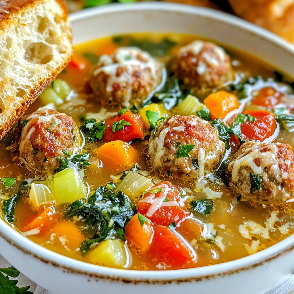 For a hearty Italian meatball soup, gather these main ingredients: - 1 pound ground beef (or a mix of beef and pork) - 1/2 cup breadcrumbs - 1/4 cup grated Parmesan cheese - 1 egg - 2 cloves garlic, minced - 1 teaspoon dried oregano - 1 teaspoon salt - 1/2 teaspoon black pepper - 6 cups low-sodium beef broth - 1 can (14 oz) diced tomatoes - 1 cup carrots, diced - 1 cup celery, diced - 1 cup zucchini, diced - 2 cups fresh spinach or kale - Olive oil, for sautéing These ingredients create rich flavors and a filling meal. The mix of beef and pork adds depth to the meatballs. To finish your soup, consider these optional garnishes: - Fresh parsley, chopped - Extra grated Parmesan cheese - Crusty bread for dipping Garnishes bring freshness and extra flavor to your bowl. A sprinkle of parsley adds color and a pop of taste. You will need a few cooking essentials: - Large mixing bowl - Large pot - Cooking spoon - Measuring cups and spoons - Ladle These tools help you mix, cook, and serve your delicious soup with ease. Make sure you have everything ready before you start cooking. {{ingredient_image_1}} Start by getting a large bowl. Add 1 pound of ground beef. You can mix in some pork for more flavor. Next, add 1/2 cup of breadcrumbs. This will help the meatballs hold together. Then, add 1/4 cup of grated Parmesan cheese. It gives a nice cheesy taste. Now, crack 1 egg into the bowl. This helps bind everything. Next, add 2 cloves of minced garlic. It gives a great aroma. Then, sprinkle in 1 teaspoon of dried oregano, 1 teaspoon of salt, and 1/2 teaspoon of black pepper. Mix all these ingredients well. Use your hands to make sure everything is combined. Form small meatballs, about 1 inch wide. You should make 24 to 30 meatballs. Now, take a large pot and heat 1 tablespoon of olive oil over medium heat. Once the oil is hot, add the meatballs in batches. Do not crowd the pot. Brown the meatballs on all sides. This should take about 5 minutes. Once browned, remove them from the pot and set them aside. This step adds a great flavor to the meatballs. In the same pot, add another tablespoon of olive oil if needed. Now, toss in 1 cup of diced carrots and 1 cup of diced celery. Add some minced garlic too. Sauté these for about 5 minutes until they soften. Next, pour in 6 cups of low-sodium beef broth and add 1 can of diced tomatoes. Stir the mixture and bring it to a simmer. This is where the soup starts to come together. Gently add the browned meatballs back into the pot. Let them cook in the simmering broth for about 15 to 20 minutes. This ensures the meatballs are cooked through. After that, add 1 cup of diced zucchini and 2 cups of fresh spinach or kale. Cook for another 5 minutes until the greens are wilted. Taste the soup and adjust the seasoning with salt and pepper if needed. Finally, spoon the soup into bowls and garnish with fresh parsley. You can serve this with extra Parmesan on top and some crusty bread on the side. Enjoy your hearty bowl of Italian meatball soup! To make tasty meatballs, use a mix of beef and pork. This blend adds depth. I like to add breadcrumbs and Parmesan for extra flavor and texture. Don't forget the garlic! It gives a nice kick. Mix everything in a bowl until just combined. Over-mixing can make them tough. If your soup is too thick, add more beef broth. A splash of water also works. For a thicker soup, let it simmer longer without a lid. This will reduce the liquid. Always taste as you go. You want the right balance for your preference. Seasoning is key for a great soup. I use salt and black pepper to enhance the flavors. Dried oregano adds a classic Italian taste. Don't be shy with herbs! Fresh parsley on top brightens the dish. Season in layers; taste often to ensure a harmonious blend. Pro Tips Use Fresh Herbs: Fresh parsley or basil can elevate the flavor of your soup. Add them just before serving for a burst of freshness. Don't Overcrowd the Pot: When browning meatballs, do it in batches to ensure they get a nice sear. Overcrowding can steam them instead of browning. Customize Your Veggies: Feel free to swap in other vegetables like bell peppers or green beans based on your preference or what you have on hand. Make it Ahead: This soup tastes even better the next day! Make it in advance and let the flavors meld overnight in the fridge. {{image_2}} You can switch the ground beef for other meats. Ground turkey or chicken works great. If you want a richer flavor, mix ground beef with pork. For a twist, try using lamb. Each meat gives the soup a unique taste. Feel free to change the veggies in your soup. Instead of carrots, use sweet potatoes. You can also swap zucchini for bell peppers or broccoli. If you want more greens, add kale or Swiss chard. These swaps keep the soup fresh and tasty. If you need a gluten-free meal, use gluten-free breadcrumbs or oats. For a dairy-free version, skip the Parmesan cheese. The soup still tastes amazing without it. You can add nutritional yeast for a cheesy flavor without the dairy. You can store leftover soup in the fridge. Use an airtight container for best results. The soup stays fresh for about 3 to 4 days. When you want to eat it, just take it out and enjoy. If you want to save some soup for later, freezing works well. Let the soup cool completely first. Then, pour it into freezer-safe containers. Leave some space at the top for expansion. It can last up to 3 months in the freezer. To reheat, take the soup out of the fridge or freezer. If frozen, let it thaw overnight in the fridge. Heat it on the stove over medium heat. Stir it often until it’s hot. You can add a splash of broth or water if it seems too thick. Enjoy your warm bowl of soup! Yes, you can use frozen meatballs. Just add them straight to the soup. Cook them longer to ensure they heat through. This will save you time and still taste great. You can use chicken broth or vegetable broth. Both options will add a nice flavor. If you want, you can also mix water with a bit of seasoning for a lighter broth. To add spice, include red pepper flakes. Start with a pinch and taste the soup. You can also add diced jalapeños or hot sauce for more heat. Adjust to your liking for the perfect kick! This blog shared how to make Italian meatball soup, from key ingredients to cooking steps. You learned about optional garnishes and how to adjust flavors. I provided tips for making tasty meatballs and variations for you to try. In conclusion, this soup is easy to make and fun to customize. Enjoy this dish warm and share it with others. It’s hearty, packed with flavor, and perfect for any meal. Give it a try and impress your friends and family!