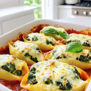 - 20 jumbo pasta shells - 2 cups ricotta cheese - 1 cup shredded mozzarella cheese - 1/2 cup grated Parmesan cheese - 2 cups fresh spinach, chopped - 2 cloves garlic, minced - 1 teaspoon dried oregano - 1 teaspoon salt - 1/2 teaspoon black pepper - 1 jar (24 oz) marinara sauce - Fresh basil leaves for garnish The main ingredients for cheesy spinach stuffed shells start with jumbo pasta shells. These large shells hold the filling well. Next, ricotta cheese gives a creamy texture. I mix it with mozzarella and Parmesan for a cheesy blend. Fresh spinach adds color and nutrition. For seasonings, garlic adds flavor. Dried oregano brings a warm, earthy taste. Salt and black pepper enhance everything. These simple seasonings make a big difference. Don’t forget the marinara sauce! It coats the shells and adds a tangy taste. Fresh basil leaves will finish the dish nicely. They give it a bright look and flavor. Each ingredient plays a key role in making this meal tasty and fun to eat. First, you need to preheat your oven to 375°F (190°C). While the oven heats, cook the jumbo pasta shells. Follow the package instructions. You want the shells to be al dente, which means they should be firm but not hard. After cooking, drain the shells in a colander. Let them cool for a few minutes before you start stuffing them. In a large mixing bowl, combine the ricotta cheese, half a cup of mozzarella cheese, and grated Parmesan cheese. Then, add the chopped spinach. Next, mix in the beaten egg, minced garlic, dried oregano, salt, and black pepper. Stir until everything blends well. This filling will give your shells a creamy and tasty center. Spread about one cup of marinara sauce evenly in the bottom of a 9x13 inch baking dish. Now, take each shell and stuff it with a generous scoop of the cheese mixture. Place the stuffed shells in the dish, open side up. After all the shells are in place, pour the remaining marinara sauce over them. Make sure to cover each shell. Sprinkle the rest of the mozzarella cheese on top. Cover the dish with aluminum foil and bake for 25 minutes. After that, remove the foil and bake for another 15 minutes. The cheese should be bubbly and golden. Let it sit for five minutes before serving. Garnish with fresh basil leaves for a nice touch. To cook the shells just right, boil them until they are al dente. This means they should be firm but not hard. If you overcook them, the shells may break when you stuff them. After cooking, drain the shells and let them cool. This makes them easier to handle. When stuffing the shells, use a spoon or a small scoop. Fill each shell generously but avoid overfilling. Lay them in the dish open side up. This helps the sauce soak in. Layer the shells neatly to keep them from sticking together. You can change the cheese if you want. Instead of ricotta, try cottage cheese or goat cheese for a tangy flavor. For mozzarella, you can use provolone or a vegan cheese. You can also switch the spinach. Kale or Swiss chard works well too. If you want to add more flavor, consider using sautéed mushrooms or roasted red peppers. These add a nice texture and taste. To boost the flavor, add herbs or spices. Fresh basil, thyme, or parsley can make a big difference. If you like heat, try adding red pepper flakes. Garnish your dish with fresh basil leaves after baking. This adds color and a lovely aroma. You can also sprinkle some extra Parmesan on top for a cheesy finish. Enjoy your beautiful meal! {{image_2}} You can switch up the cheese in these stuffed shells. Goat cheese or feta adds a tangy kick. These cheeses melt well and give a unique flavor. You can also mix in cooked chicken or sausage for protein. Just chop the meat finely and add it to the cheese filling. This adds heartiness to the dish and makes it more filling. If you want a plant-based option, use tofu or vegan cheese. Blend firm tofu until smooth. Mix it with the spinach and spices for a creamy filling. You can also add more veggies like mushrooms or zucchini. This boosts nutrition and flavor. Just make sure to chop the veggies small and sauté them first. This helps soften them and brings out their taste. When serving cheesy spinach stuffed shells, pair them with a fresh salad or crusty garlic bread. A simple green salad adds crunch and balances the meal. For garlic bread, just spread butter and garlic on slices and toast them. For presentation, place the shells on a big plate and drizzle extra marinara sauce on top. Add fresh basil leaves for a pop of color. These touches make the dish look as good as it tastes! To store leftovers, let them cool first. Place the shells in an airtight container. Keep them in the fridge. They will stay fresh for about 3 to 5 days. If you want to enjoy them later, cover with foil to keep moisture in. This helps maintain the cheesy goodness. You can freeze both uncooked and cooked shells. For uncooked shells, stuff them and place them in a freezer-safe dish. Cover with plastic wrap and then foil. They can stay in the freezer for up to 2 months. For cooked shells, cool them and then freeze in a similar way. To reheat, bake from frozen. Cover with foil and bake at 375°F for about 30-35 minutes. Remove the foil for the last 10 minutes. Meal prep makes weeknight dinners easy. You can make the cheese filling a day ahead. Store it in the fridge until you are ready to stuff the shells. You can also cook the shells and prepare the dish ahead. Just cover and refrigerate before baking. For batch cooking, double the recipe. Freeze half for a quick meal later. This way, you always have a tasty option ready! You typically cook cheesy spinach stuffed shells for about 40 minutes. Start by baking them covered with foil for 25 minutes. Then, remove the foil and bake for another 15 minutes. This gives the cheese a nice, bubbly, golden finish. Yes, you can make stuffed shells ahead of time. Prepare them a day before and store them in the fridge. Just cover the dish tightly with foil or plastic wrap. When you're ready to eat, bake them directly from the fridge. You may need to add a few extra minutes to the cooking time. Cheesy spinach stuffed shells go well with many side dishes. Here are some popular options: - Garlic bread - Mixed green salad - Steamed vegetables - Roasted zucchini - A light tomato basil soup These sides add flavor and balance to your meal, making it more enjoyable. Cheesy spinach stuffed shells are a delicious meal that anyone can make. You learned about the main ingredients, how to prepare, and tips for perfecting the dish. I shared ideas for variations and ways to store leftovers. This dish is easy to customize and great for any dinner. Enjoy experimenting with flavors and ingredients. With these tips, you can create a tasty meal that impresses. Remember, cooking should be fun and rewarding!