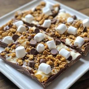 To make S’mores Chocolate Bark, gather the following ingredients: - 12 ounces milk chocolate chips - 12 ounces dark chocolate chips - 1 cup graham cracker crumbs - 1 cup mini marshmallows - 1/2 cup mini chocolate chips (for extra topping) - 1 teaspoon vanilla extract If you want to switch things up, consider these options: - Use white chocolate chips instead of milk or dark chocolate. - Try gluten-free graham crackers if you need a gluten-free bark. - Substitute regular marshmallows with flavored ones for a twist. - For a nutty flavor, add chopped nuts like almonds or pecans. Here are some handy conversions for your ingredients: - 1 cup = 8 ounces - 12 ounces of chocolate chips is about 2 cups. - If you need less, 1 ounce is about 2 tablespoons. - For graham cracker crumbs, 1 cup equals about 10 crushed crackers. Now you have everything you need to create this fun and tasty treat! {{ingredient_image_1}} Start by lining a baking sheet with parchment paper. This helps the bark come off easily. Set it aside for later. Next, measure out your ingredients. You will need 12 ounces of milk chocolate chips and 12 ounces of dark chocolate chips. Also, gather 1 cup of graham cracker crumbs, 1 cup of mini marshmallows, and 1/2 cup of mini chocolate chips. Don't forget the teaspoon of vanilla extract! To melt chocolate, use a microwave-safe bowl. Heat the milk chocolate chips in the microwave for 30 seconds. After each interval, stir until smooth. This helps prevent burning. Once melted, pour the chocolate onto the prepared baking sheet. Spread it evenly with a spatula. For the dark chocolate, repeat the same melting process. Aim for a smooth texture. Once your dark chocolate is melted, drizzle it over the milk chocolate. To make a marbled look, use a toothpick or a small spatula. Swirl the two chocolates together gently. Be careful not to mix them too much. You want to see both colors. After this, sprinkle your graham cracker crumbs evenly over the top. Add mini marshmallows and mini chocolate chips on top for extra flavor. One mistake is not melting the chocolate properly. Always melt in short bursts, stirring often. This helps keep the chocolate smooth. Another mistake is not using parchment paper. It makes removing the bark easier. Skip the paper, and you might break your bark. Lastly, don’t rush the chilling time. If the chocolate isn't fully set, it will be messy. To get the best flavor, use high-quality chocolate. I recommend using brands you enjoy eating. Mixing milk and dark chocolate gives a rich taste. Adding a dash of vanilla extract boosts the flavor. Don’t skip the graham cracker crumbs; they add crunch and nostalgia. If you want, toast the mini marshmallows slightly for a smokier taste. Use a microwave-safe bowl for melting chocolate. It makes the process easy. A spatula helps you spread the chocolate evenly. For swirling, a toothpick works great. If you have a kitchen torch, use it to toast marshmallows. It adds a fun element to your treat. Lastly, a baking sheet with a rim keeps everything contained. Pro Tips Choose Quality Chocolate: Using high-quality chocolate will enhance the flavor of your bark. Look for chocolate that contains cocoa butter for the best results. Experiment with Toppings: Feel free to get creative with your toppings! Try adding nuts, dried fruit, or different types of candy for a unique twist. Swirl Technique: For a more visually appealing marbled effect, don’t over-swirl the chocolates. Just a few gentle movements with a toothpick will do! Storage Tips: Store your chocolate bark in an airtight container at room temperature to maintain its texture and flavor. Avoid refrigeration if possible to prevent condensation. {{image_2}} You can make S’mores Chocolate Bark more fun by adding your favorite snacks. Try using peanut butter chips instead of milk chocolate. The nutty flavor pairs well with the other ingredients. You can also use white chocolate for a sweeter touch. Mix in crushed pretzels for added crunch. This gives a salty twist to the sweet bark. To amplify flavors, consider adding spices. A pinch of cinnamon brings warmth. You can also try a dash of sea salt on top to enhance sweetness. For a hint of coffee flavor, stir in a bit of instant coffee granules with the melted chocolate. Each of these small changes can elevate your bark to new heights. You can adapt S’mores Chocolate Bark for holidays. For Halloween, add candy corn or orange sprinkles. For Christmas, use peppermint extract in the chocolate and sprinkle crushed candy canes on top. For Easter, pastel-colored mini eggs can add a festive touch. Tailoring your bark to the season makes it a special treat all year round! To keep your S’mores Chocolate Bark fresh, store it in an airtight container. This helps prevent moisture from ruining the texture. Place a piece of parchment paper between layers if you stack them. Keep it at room temperature. Avoid direct sunlight or heat sources. When stored correctly, S’mores Chocolate Bark lasts about two weeks. Check it for signs of spoilage, like a dull look or strange smells. If you notice these, it’s best to throw it away. For the freshest taste, enjoy it within the first week. You can freeze S’mores Chocolate Bark for longer storage. Cut it into pieces before freezing. Wrap each piece in plastic wrap and place them in a freezer-safe bag. It stays good for up to three months. To enjoy, thaw it in the fridge overnight. This keeps the texture just right. Yes, you can! Feel free to mix and match chocolates. You can use white chocolate, milk chocolate, or dark chocolate. Each type brings a new taste. If you like darker flavors, use more dark chocolate. If you prefer sweeter, go for milk or white. The key is to melt them well for a smooth mix. To make it gluten-free, choose gluten-free graham crackers. Many brands offer this option. Always check the label! You can also swap the graham crackers for gluten-free cookie crumbs. This way, you keep the crunch without gluten. Enjoy your sweet treat without worry! You can add many fun toppings! Try nuts like almonds or peanuts for crunch. You could also use dried fruits like cherries or cranberries for a chewy bite. Want a savory twist? Add a sprinkle of sea salt. The options are endless, so get creative! In this post, we covered how to make S’mores Chocolate Bark. You learned about the ingredients, step-by-step instructions, and useful tips. We also shared fun variations and storage advice. Now you can create a tasty treat with ease. Don’t hesitate to try new flavors or explore fun twists. Enjoy making this sweet snack for yourself or to share!