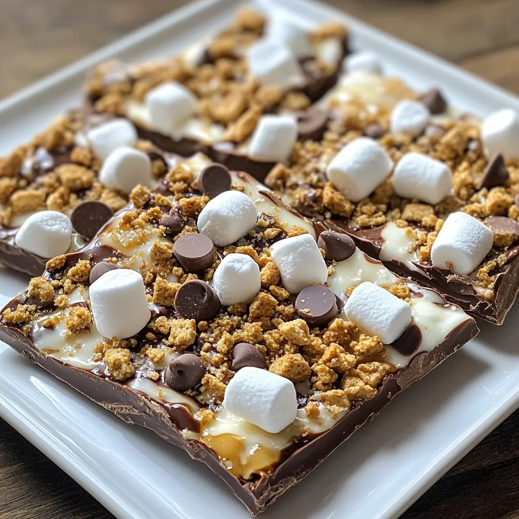 To make S’mores Chocolate Bark, gather the following ingredients: - 12 ounces milk chocolate chips - 12 ounces dark chocolate chips - 1 cup graham cracker crumbs - 1 cup mini marshmallows - 1/2 cup mini chocolate chips (for extra topping) - 1 teaspoon vanilla extract If you want to switch things up, consider these options: - Use white chocolate chips instead of milk or dark chocolate. - Try gluten-free graham crackers if you need a gluten-free bark. - Substitute regular marshmallows with flavored ones for a twist. - For a nutty flavor, add chopped nuts like almonds or pecans. Here are some handy conversions for your ingredients: - 1 cup = 8 ounces - 12 ounces of chocolate chips is about 2 cups. - If you need less, 1 ounce is about 2 tablespoons. - For graham cracker crumbs, 1 cup equals about 10 crushed crackers. Now you have everything you need to create this fun and tasty treat! {{ingredient_image_1}} Start by lining a baking sheet with parchment paper. This helps the bark come off easily. Set it aside for later. Next, measure out your ingredients. You will need 12 ounces of milk chocolate chips and 12 ounces of dark chocolate chips. Also, gather 1 cup of graham cracker crumbs, 1 cup of mini marshmallows, and 1/2 cup of mini chocolate chips. Don't forget the teaspoon of vanilla extract! To melt chocolate, use a microwave-safe bowl. Heat the milk chocolate chips in the microwave for 30 seconds. After each interval, stir until smooth. This helps prevent burning. Once melted, pour the chocolate onto the prepared baking sheet. Spread it evenly with a spatula. For the dark chocolate, repeat the same melting process. Aim for a smooth texture. Once your dark chocolate is melted, drizzle it over the milk chocolate. To make a marbled look, use a toothpick or a small spatula. Swirl the two chocolates together gently. Be careful not to mix them too much. You want to see both colors. After this, sprinkle your graham cracker crumbs evenly over the top. Add mini marshmallows and mini chocolate chips on top for extra flavor. One mistake is not melting the chocolate properly. Always melt in short bursts, stirring often. This helps keep the chocolate smooth. Another mistake is not using parchment paper. It makes removing the bark easier. Skip the paper, and you might break your bark. Lastly, don’t rush the chilling time. If the chocolate isn't fully set, it will be messy. To get the best flavor, use high-quality chocolate. I recommend using brands you enjoy eating. Mixing milk and dark chocolate gives a rich taste. Adding a dash of vanilla extract boosts the flavor. Don’t skip the graham cracker crumbs; they add crunch and nostalgia. If you want, toast the mini marshmallows slightly for a smokier taste. Use a microwave-safe bowl for melting chocolate. It makes the process easy. A spatula helps you spread the chocolate evenly. For swirling, a toothpick works great. If you have a kitchen torch, use it to toast marshmallows. It adds a fun element to your treat. Lastly, a baking sheet with a rim keeps everything contained. Pro Tips Choose Quality Chocolate: Using high-quality chocolate will enhance the flavor of your bark. Look for chocolate that contains cocoa butter for the best results. Experiment with Toppings: Feel free to get creative with your toppings! Try adding nuts, dried fruit, or different types of candy for a unique twist. Swirl Technique: For a more visually appealing marbled effect, don’t over-swirl the chocolates. Just a few gentle movements with a toothpick will do! Storage Tips: Store your chocolate bark in an airtight container at room temperature to maintain its texture and flavor. Avoid refrigeration if possible to prevent condensation. {{image_2}} You can make S’mores Chocolate Bark more fun by adding your favorite snacks. Try using peanut butter chips instead of milk chocolate. The nutty flavor pairs well with the other ingredients. You can also use white chocolate for a sweeter touch. Mix in crushed pretzels for added crunch. This gives a salty twist to the sweet bark. To amplify flavors, consider adding spices. A pinch of cinnamon brings warmth. You can also try a dash of sea salt on top to enhance sweetness. For a hint of coffee flavor, stir in a bit of instant coffee granules with the melted chocolate. Each of these small changes can elevate your bark to new heights. You can adapt S’mores Chocolate Bark for holidays. For Halloween, add candy corn or orange sprinkles. For Christmas, use peppermint extract in the chocolate and sprinkle crushed candy canes on top. For Easter, pastel-colored mini eggs can add a festive touch. Tailoring your bark to the season makes it a special treat all year round! To keep your S’mores Chocolate Bark fresh, store it in an airtight container. This helps prevent moisture from ruining the texture. Place a piece of parchment paper between layers if you stack them. Keep it at room temperature. Avoid direct sunlight or heat sources. When stored correctly, S’mores Chocolate Bark lasts about two weeks. Check it for signs of spoilage, like a dull look or strange smells. If you notice these, it’s best to throw it away. For the freshest taste, enjoy it within the first week. You can freeze S’mores Chocolate Bark for longer storage. Cut it into pieces before freezing. Wrap each piece in plastic wrap and place them in a freezer-safe bag. It stays good for up to three months. To enjoy, thaw it in the fridge overnight. This keeps the texture just right. Yes, you can! Feel free to mix and match chocolates. You can use white chocolate, milk chocolate, or dark chocolate. Each type brings a new taste. If you like darker flavors, use more dark chocolate. If you prefer sweeter, go for milk or white. The key is to melt them well for a smooth mix. To make it gluten-free, choose gluten-free graham crackers. Many brands offer this option. Always check the label! You can also swap the graham crackers for gluten-free cookie crumbs. This way, you keep the crunch without gluten. Enjoy your sweet treat without worry! You can add many fun toppings! Try nuts like almonds or peanuts for crunch. You could also use dried fruits like cherries or cranberries for a chewy bite. Want a savory twist? Add a sprinkle of sea salt. The options are endless, so get creative! In this post, we covered how to make S’mores Chocolate Bark. You learned about the ingredients, step-by-step instructions, and useful tips. We also shared fun variations and storage advice. Now you can create a tasty treat with ease. Don’t hesitate to try new flavors or explore fun twists. Enjoy making this sweet snack for yourself or to share!