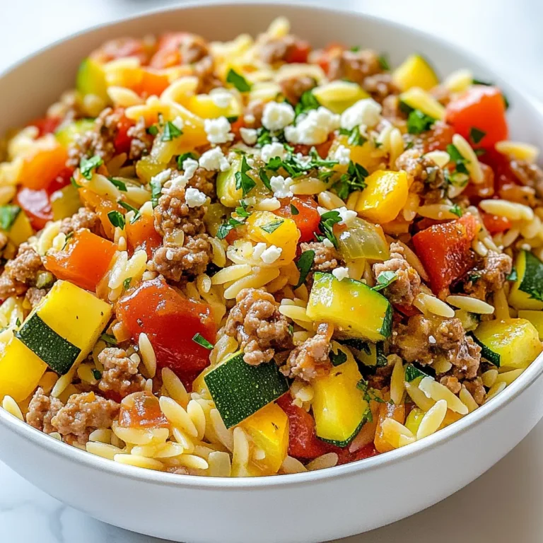 To make this tasty ground turkey orzo skillet, gather these essential items: - 1 lb ground turkey - 1 cup orzo pasta - 1 medium onion, diced - 2 cloves garlic, minced - 1 red bell pepper, diced - 1 zucchini, diced - 1 can (14 oz) diced tomatoes, undrained - 3 cups chicken broth - 1 teaspoon dried oregano - 1 teaspoon smoked paprika - Salt and pepper to taste - 2 tablespoons olive oil - 1/4 cup fresh parsley, chopped You can add these optional ingredients for more taste: - 1/2 cup feta cheese, crumbled Feta adds a creamy and salty kick that enhances the dish. This skillet meal is not just delicious; it is also packed with nutrition. Here’s a basic breakdown for each serving: - Calories: 400 - Protein: 30g - Carbohydrates: 45g - Fat: 12g - Fiber: 3g This meal provides a good balance of protein and carbs. It keeps you full and satisfied. The veggies add vitamins and minerals, making it a healthy choice. Enjoy this quick dish that is both tasty and good for you! {{ingredient_image_1}} Start by gathering your ingredients. You will need ground turkey, orzo, onion, garlic, bell pepper, zucchini, tomatoes, chicken broth, spices, olive oil, parsley, and feta. Use a large skillet for this recipe. Heat two tablespoons of olive oil over medium heat. Add the diced onion and sauté for about 2-3 minutes. You want the onion to soften and turn slightly golden. Next, stir in the minced garlic for one minute. This will add a lovely aroma to your dish. Now, it’s time to add the ground turkey. Break it up with a spatula as it cooks. You should see it turn from pink to brown in about 5-7 minutes. Season the turkey with salt, pepper, dried oregano, and smoked paprika. Mixing these spices will enhance the flavor. Make sure everything is well combined. With the turkey cooked, add the diced bell pepper and zucchini. Cook these for another 4-5 minutes until they start to soften. Then, stir in the can of diced tomatoes with their juices. Pour in the chicken broth and bring the mix to a simmer. Once simmering, add the orzo pasta. Stir to ensure the orzo is covered in liquid. Cover the skillet and lower the heat. Cook for about 10-12 minutes, stirring occasionally. This will help the orzo become tender and absorb the broth. After cooking, let it sit for 5 minutes. Finally, fluff the dish and mix in the chopped parsley. If you like, add crumbled feta cheese on top before serving. To make your ground turkey orzo skillet shine, remember these tips. Start with fresh ingredients. Fresh veggies like onions, zucchini, and bell peppers boost taste. Use high-quality ground turkey. This will give your dish a rich flavor. When cooking, don’t rush the browning of the turkey. This step adds depth to your dish. Keep the heat medium and stir often. Let the garlic cook just until fragrant. This enhances the dish’s aroma. For the orzo, make sure it is fully submerged in the broth. This helps it cook evenly. Stir occasionally, so it doesn’t stick. Letting it rest at the end helps the flavors meld. One common mistake is overcooking the orzo. This can make it mushy. Make sure to check it after about 10 minutes. It should be al dente, firm yet tender. Another mistake is not seasoning well. Ground turkey can be bland without enough salt and spices. Taste as you go, adjusting the seasonings. Finally, don’t forget to let it rest before serving. This allows the flavors to deepen. Serve your ground turkey orzo skillet in bowls. This makes it look inviting. Top it with fresh parsley for a pop of color. If you like cheese, sprinkle feta on top. It adds a creamy tang. Pair your dish with a lemon wedge. The citrus brightens the flavors. For a complete meal, serve with a side salad or crusty bread. Enjoy your tasty and simple dish! Pro Tips Use Fresh Ingredients: Fresh vegetables and herbs can elevate the flavor profile of your dish, making it taste more vibrant and delicious. Don’t Overcook the Orzo: Keep an eye on the cooking time for the orzo; it should be al dente, as it will continue to cook in the residual heat. Experiment with Seasonings: Feel free to adjust the spices or add your favorite herbs to customize the flavor according to your taste preferences. Add a Citrus Twist: A squeeze of lemon juice just before serving can brighten the dish and enhance the overall flavors. {{image_2}} You can easily make this dish vegetarian. Just swap the ground turkey for a plant-based meat. Many brands offer great options today. Look for one with good flavor and texture. You can also use lentils or chickpeas for a protein boost. Both add a nice texture and taste. Want to make your skillet even healthier? Add more veggies! You can toss in spinach, kale, or carrots. These add vitamins and color. Try using frozen mixed vegetables for quick prep. Just throw them in with the bell pepper and zucchini. Cheese can change the flavor of the dish. Feta gives a tangy kick, while cheddar adds creaminess. If you love feta, crumbled on top works best. For a milder taste, shredded cheddar melts well. You can mix both for a unique flavor. To store your Ground Turkey Orzo Skillet, let it cool down first. Use an airtight container to keep the dish fresh. Make sure to store it in the fridge. It will stay good for 3 to 4 days. If you want to keep it longer, freezing is a great option. When you are ready to eat leftovers, reheating is key. I recommend using the stove for the best taste. Put the skillet on low heat and add a splash of broth. Stir often to keep it from sticking. This way, the orzo stays nice and creamy. You can also use a microwave. Just cover it and heat in short bursts, stirring in between. If you want to freeze your Ground Turkey Orzo Skillet, it’s easy! Portion the meal into freezer-safe bags. Squeeze out the air before sealing. Label the bags with the date and name of the dish. It will stay fresh for up to 3 months. When you're ready to eat, thaw it overnight in the fridge. Then, reheat it as mentioned above for the best flavor. Yes, you can use other pasta shapes. Options like penne, shells, or fusilli work well. Just remember to check cooking times. Short pasta shapes often cook faster than orzo. Adjust the liquid as needed if you choose a larger pasta. Leftovers can last for about three days in the fridge. Store them in an airtight container. Make sure to let it cool down before sealing. This helps keep the pasta fresh and tasty. Reheat in a skillet for the best texture. If you need a substitute, try ground chicken or beef. Both work well in this recipe. For a vegetarian option, use lentils or a plant-based meat alternative. Just adjust the cooking time if using lentils. They may need less time to cook. This article covered all you need to make a tasty ground turkey orzo skillet. We looked at key ingredients, cooking steps, and tips for better flavor. Variations allow for personal tastes while easy storage keeps leftovers fresh. Remember, use what you love most in this dish. Experiment and enjoy your cooking. With a few simple changes, your skillet can shine.
